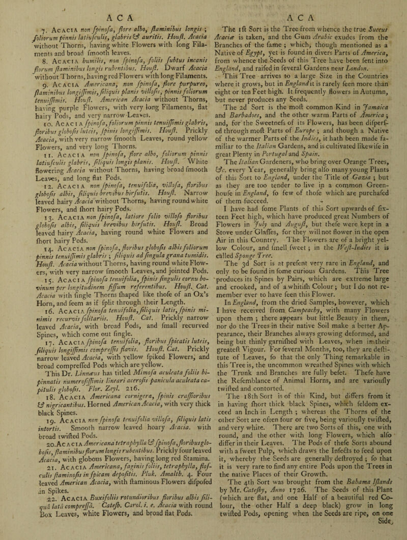 7. Ac ACTA non fpinofa, fore albo, flaminibus longis ; foliorum pinnis Jatiufculis, glabris & auritis. Houji. Acacia without Thorns, having white Flowers with long Fila¬ ments and broad fmooth leaves. 8. Acacia humilis, non fpinofa, foliis fubtus incanis forumfaminibus longis rubentibus. Houji. Dwarf Acacia Without Thorns, having red Flowers with long Filaments. 9. Acacia Americana, non fpinofa, fore purpureo, flaminibus longi ft mis, ftliquis plants villofs, pinnis foliorum tenuijpmis. Houf. American Acacia without Thorns, having purple Flowers, with very long Filaments, flat hairy Pods, and very narrow Leaves. 10. Acacia fpinofa, foliorum pinnis tenuifpmis glabris, for thus globofts luteis, Jpinis Ion gift mis. Houf. Prickly Acacia, with very narrow fmooth Leaves, round yellow Flowers, and very long Thorns. IX. Acacia non Jpinofa, fore albo, foliorum pinnis latiufculis glabris, ftliquis longis planis. Houf. White flowering Acacia without Thorns, having broad fmooth Leaves, and long flat Pods. 12. Acacia non Jpinofa, tenuifolia, vilhfa, floribus globofts albis, fliquis hrevibus hirfutis. Houf. Narrow leaved hairy Acacia without Thorns, having round white Flowers, and fhort hairy Pods. 13. Acacia non fpinofa, latiore folio villofo floribus globofts albis, ftliquis hrevibus hirfutis. Houf. Broad leaved hairy Acacia, having round white Flowers and fhort hairy Pods. 14. Acacia non fpinofa, floribus globofts albis foliorum pinnis tenuifpmis glabris ; fliquis adflngula grana tumidis. Houf. Acacia without Thorns, having round white Flow¬ ers, with very narrow fmooth Leaves, and jointed Pods. 15. Acacia fpinofa tenuifolia, fpinis fngulis cornu bo~ vinum per longitudinem fffum referentibus. Houf. Cat. Acacia with Angle Thorns fhaped like thofe of an Ox’s Horn, and feem as if fplit through their Length. 16. Acacia fpinofa tenuifolia,fliquis latis, fpinis mi¬ nimis recurvisfolitariis. Houf. Cat. Prickly narrow leaved Acacia, with bread Pods, and fmall recurved Spines, which come out Angle. 17. Acacia fpinofa tenuifolia, floribus fpicatis luteis, fliquis longifimis comprefts flavis. Houf. Cat. Prickly narrow leaved Acacia, with yellow fpiked Flowers, and broad comprelfed Pods which are yellow. This Dr. Linnaus has titled Mimofa aculeata foliis bi- pinnatis numeroffpmis lineari acerofs panicula aculeata ca- pitulis globofts. Flor. Zeyl. 216. 18. Acacia Americana cornigera, fpinis crafioribus 13 nigricantibus. Horned American Acacia, with very thick black Spines. 19. Acacia non fpinofa tenuifolia villofa, ftliquis latis intortis. Smooth narrow leaved hoary Acacia, with broad twilled Pods. 20. Ac A c IA Americana tetraphylla fpinofa, f oribusglo- bofls,flaminibusforum longis rubentibus. Prickly four leaved Acacia, with globous Flowers, having long red Stamina. 21. Acacia Americana, faginis foliis, tetraphylla, flof- culisfaminofs infpicam depofltis. Pluk. Amalth. 4. Four leaved American Acacia, with ftaminous Flowers difpofed dn Spikes. 22. Acacia Buxifoliis rotundioribus floribus albisflli- qud lata comprefla. Catejb. Carol, i. e. Acacia with round Box Leaves, white Flowers, and broad flat Pods. The 1 ft Sort is the Tree from whence the true Succus Acacia is taken, and the Gum Arabic exudes from the Branches of the fame ; which, though mentioned as a Native of Egypt, yet is found in divers Parts of America, from whence the Seeds of this Tree have been fent into England, and raifed in feveral Gardens near London. This Tree arrives to a large Size in the Countries where it grows, but in England it is rarely feen more than eight or ten Feet high. It frequently flowers in Autumn, but never produces any Seeds. The 2d Sort is the moil common Kind in Jamaica and Barbadoes, and the other warm Parts of America ; and, for the Sweetnefs of its Flowers, has been difperf- ed through mod Parts of Europe ; and though a Native of the warmer Parts of the Indies, it hath been made fa¬ miliar to the Italian Gardens, and is cultivated likewife in great Plenty in Portugal and Spain. The Italian Gardeners, who bring over Orange Trees, &c. every Year, generally bring alfo many young Plants of this Sort to England, under the Title of Gazia ; but as they are too tender to live in a common Green- houfe in England, fo few of thofe which are purchafed of them fucceed, I have had fome Plants of this Sort upwards of Ax- teen Feet high, which have produced great Numbers of Flowers in July and Augufl, but thefe were kept in a Stove under Glafies, for they will not flower in the open Air in this Country. The Flowers are of a bright yel¬ low Colour, and Anell fweet ; in the IVefl-Indies it is called Sponge Tree. The 3d Sort is at prefent very rare in England, and only to be found in fome curious Gardens. This Tree produces its Spines by Pairs, which are extreme large and crooked, and of a whitilh Colour ; but I do not re¬ member ever to have feen this Flower. In England, from the dried Samples, however, which I have received from Campeachy, with many Flowers upon them ; there appears but little Beauty in them, nor do the Trees in their native Soil make a better Ap¬ pearance, their Branches always growing deformed, and being but thinly garniflied with Leaves, when irr-.their greateft Vigour. For feveral Months, too, they are defti- tute of Leaves, fo that the only Thing remarkable in this Tree is, the uncommon wreathed Spines with which the Trunk and Branches are fully befet. Thefe have the Refemblance of Animal Horns, and are varioufly twilled and contorted. The i8ihSort is of this Kind, but differs from it in having fhort thick black Spines, which feldom ex¬ ceed an Inch in Length ; whereas the Thorns of the other Sort are often four or Ave, being varioufly twilled, and very white. There are two Sorts of this, one with round, and the other with long Flowers, which alfo differ in their Leaves. The Pods of thefe Sorts abound with a fweet Pulp, which draws the Infedts to feed upon it, whereby the Seeds are generally dellroyed ; fo that it is very rare to And any entire Pods upon the Trees in the native Places of their Growth. The 4th Sort was brought from the Bahama Iflands by Mr. Catefby, Anno 1726. The Seeds of this Plant (which are flat, and one Half of a beautiful red Co¬ lour, the other Half a deep black) grow in long twilled Pods, opening when the Seeds are ripe, on one Sid«,