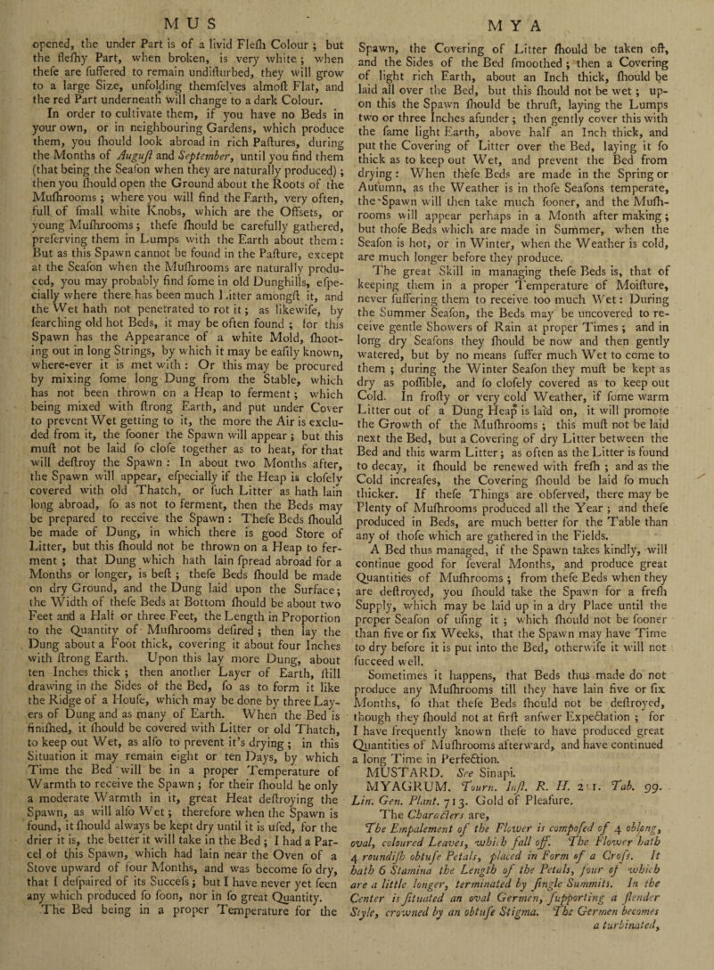 opened, the under Part is of a livid Flefh Colour ; but the flefhy Part, when broken, is very white ; when thefe are fuffered to remain undifturbed, they will grow to a large Size, unfolding themfelves almoft Flat, and the red Part underneath will change to a dark Colour. In order to cultivate them, if you have no Beds in your own, or in neighbouring Gardens, which produce them, you fhould look abroad in rich Paftures, during the Months of Augujl and September, until you find them (that being the Seafon when they are naturally produced); then you fhould open the Ground about the Roots of the Mufhrooms ; where you will find the Farth, very often, full of fmall white Knobs, which are the Offsets, or young Mufhrooms; thefe fhould be carefully gathered, preferving them in Lumps with the Earth about them: But as this Spawn cannot be found in the Paflure, except at the Seafon when the Muflirooms are naturally produ¬ ced, you may probably find fome in old Dunghills, efpe- cially where there has been much ] utter amongfl it, and the Wet hath not penetrated to rot it; as likewife, by fearching old hot Beds, it may be often found ; for this Spawn has the Appearance of a white Mold, (hoot¬ ing out in long Strings, by which it may be eafily known, where-ever it is met with : Or this may be procured by mixing fome long Dung from the Stable, which has not been thrown on a Heap to ferment; which being mixed with ftrong Earth, and put under Cover to prevent Wet getting to it, the more the Air is exclu¬ ded from it, the fooner the Spawm will appear ; but this mufl not be laid fo clofe together as to heat, for that will deflroy the Spawn : In about two Months after, the Spawn will appear, efpecially if the Heap is clofelv covered with old Thatch, or fuch Litter as hath lain long abroad, fo as not to ferment, then the Beds may be prepared to receive the Spawn : Thefe Beds fhould be made of Dung, in which there is good Store of Litter, but this fhould not be thrown on a Heap to fer¬ ment ; that Dung which hath lain fpread abroad for a Months or longer, is beft ; thefe Beds fhould be made on dry Ground, and the Dung laid upon the Surface; the Width of thefe Beds at Bottom fhould be about two Feet and a Half or three Feet, the Length in Proportion to the Quantity of Muflirooms defired ; then lay the Dung about a Foot thick, covering it about four Inches with ftrong Earth. Upon this lay more Dung, about ten Inches thick ; then another Layer of Earth, ftill drawing in the Sides of the Bed, fo as to form it like the Ridge of a Houfe, which may be done by three Lay¬ ers of Dung and as piany of Earth. When the Bed is finifhed, it fhould be covered with Litter or old Thatch, to keep out Wet, as alfo to prevent it’s drying ; in this Situation it may remain eight or ten Days, by which Time the Bed will be in a proper Temperature of Warmth to receive the Spawn ; for their fhould be only a moderate Warmth in it, great Heat deftroying the Spawn, as will alfo Wet; therefore when the Spawn is found, it fhould always be kept dry until it is ufed, for the drier it is, the better it will take in the Bed ; I had a Par¬ cel of this Spawn, which had lain near the Oven of a Stove upward of four Months, and was become fo dry, that I defpaired of its Succefs; but I have never yet feen any which produced fo foon, nor in fo great Quantity. The Bed being in a proper Temperature for the Spawn, the Covering of Litter fhould be taken oft, and the Sides of the Bed fmoothed ; then a Covering of light rich Earth, about an Inch thick, fhould be laid all over the Bed, but this fhould not be wet ; up¬ on this the Spawn fhould be thruft, laying the Lumps two or three Inches afunder ; then gently cover this with the fame light Earth, above half an Inch thick, and put the Covering of Litter over the Bed, laying it fo thick as to keep out Wet, and prevent the Bed from drying : When thefe Beds are made in the Spring or Autumn, as the Weather is in thofe Seafons temperate, the'Spawn will then take much fooner, and the Mufh¬ rooms will appear perhaps in a Month after making ; but thofe Beds which are made in Summer, when the Seafon is hot, or in Winter, when the Weather is cold, are much longer before they produce. The great Skill in managing thefe Beds is, that of keeping them in a proper Temperature of Moifture, never fuffering them to receive too much Wet: During the Summer Seafon, the Beds may be uncovered to re¬ ceive gentle Showers of Rain at proper Times ; and in long dry Seafons they fhould be now and then gently watered, but by no means fuffer much Wet to come to them ; during the Winter Seafon they muft be kept as dry as poflible, and fo clofely covered as to keep out Cold. In frofty or very cold Weather, if fome warm Litter cut of a Dung Heap is laid on, it will promote the Growth of the Mufhrooms ; this muft not be laid next the Bed, but a Covering of dry Litter between the Bed and this warm Litter; as often as the Litter is found to decay7, it fhould be renewed with frefh ; and as the Cold increafes, the Covering fhould be laid fo much thicker. If thefe Things are obferved, there may be Plenty of Mufhrooms produced all the Year ; and thefe produced in Beds, are much better for the Table than any of thofe which are gathered in the Fields. A Bed thus managed, if the Spawn takes kindly, will continue good for feveral Months, and produce great Quantities of Mufhrooms ; from thefe Beds when they are deftroyed, you fhould take the Spawn for a frefh Supply, which may be laid up in a dry Place until the proper Seafon of ufing it ; which fhould not be fooner than five or fix Weeks, that the Spawn may have Time to dry before it is put into the Bed, otherwife it will not fucceed well. Sometimes it happens, that Beds thus made do not produce any Alufhrooms till they have lain five or fix Months, fo that thefe Beds fhould not be deftroyed, though they fhould not at firft anfwer Expectation ; for I have frequently known thefe to have produced great Quantities of Mufhrooms afterward, and have continued a long Time in Perfection. MUSTARD. See Sinapi. MYAGRUM. Tourn. lnji. R. H. Z’\. Tab. 99. Lin. Gen. Plant. 713. Gold of Pleafure. The Chamfers are. The Empalement of the Flower is compofed of 4 oblong, oval, coloured Leaves, which fall off. The Flower hath 4 roundiff obtufe Petals, placed in Form of a Crofs. It hath 6 Stamina the Length of the Petals, Jour oj which are a little longer, terminated by fmgle Summits. In the Center isfituated an oval Germen, fupporting a fender Style, crowned by an obtufe Stigma. The Germen becomes a turbinated,