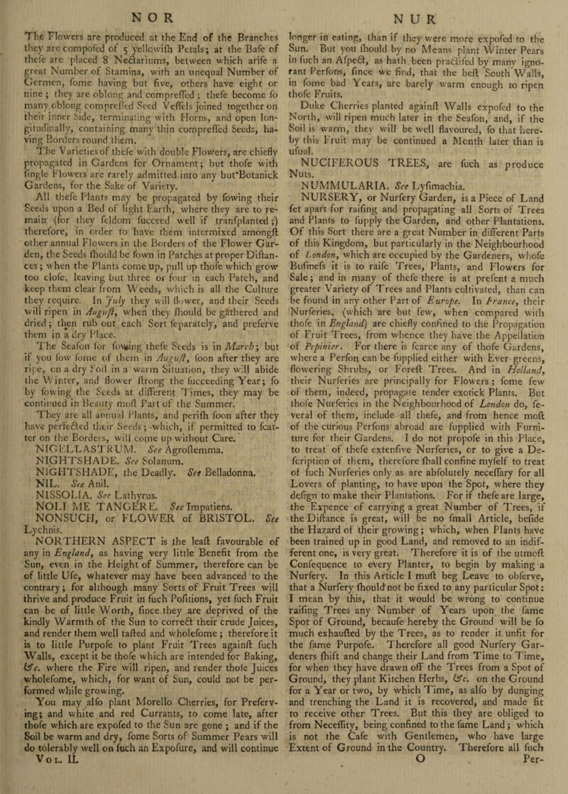 NOR The Flowers are produced at the End of the Branches they are compof^d of 5 yellowifh Petals; at the Bafe of thefe are placed 8 Nedlariums, between which arife a great Number of Stamina, with an unequal Number of Germen, fome having but five, others have eight or nine ; they are oblong and comprefled ; thefe become fo many oblong comprefied Seed Veflels joined together on their inner Side, terminating with Horns, and open lon¬ gitudinally, containing many thin comprefied Seeds, ha¬ ving Borders round them. The Varieties of thefe with double Flowers, are chiefly propagated in Gardens for Ornament; but thofe with fingle Flowers are rarely admitted, into any but’Botanick Gardens, for the Sake of Variety. All thefe Plants may be propagated by fowing their Seeds upon a Bed of light Earth, where they are to re¬ main' (for they feldom fucceed well if tranfplanted;) therefore, in order to have them intermixed amongft other annual Flowers in the Borders of the Flower Gar¬ den, the Seeds fhould be town in Patches at proper Diftan- ces; when the Plants come up, pull up thofe which grow too clofe, leaving but three or four in each Patch, and keep them clear from Weeds, which is all the Culture they require. In !July they will flower, and their Seeds will ripen in Augujl, when they fhould be gathered and dried; then rub out each Sort feparately, and preferve them in a dry Place. The Seafon for foxing thefe Seeds is in March; but if you fow loine of them in Augu/l, foon after they are ripe, on a dry Soil in a warm Situation, they will abide the Winter, and flower firong the Succeeding Year; fo by fowing the Seeds at different Times, they may be continued in Beauty mod Part of the Summer. They are all annual Plants, and perifh foon after they have perfected their Seeds; -which, if permitted to Scat¬ ter on the Borders, will come up without Care. NIGELLASTRUM. See Agrofiemma. NIGHTSHADE. See Solanum. NIGHTSHADE, the Deadly. See Belladonna. NIL. See Anil. NISSOLIA. See L.athyrus. NOLI ME TANGERE. See Impatiens. NONSUCH, or FLOWER of BRISTOL. See Lychnis. NORTHERN ASPECT is the leaf! favourable of any in England, as having very little Benefit from the Sun, even in the Height of Summer, therefore can be of little Ufe, whatever may have been advanced to the contrary; for although many Sorts of Fruit Trees will thrive and produce Fruit in fuch Pofidons, yet fuch Fruit can be of little Worth, fince they are deprived of the kindly Warmth of the Sun to correct their crude Juices, and render them well tailed and wholefome ; therefore it is to little Purpofe to plant Fruit Trees againft fuch Walls, except it be thofe which are intended for Baking, iAc. where the Fire will ripen, and render thofe Juices wholefome, which, for want of Sun, could not be per¬ formed while growing. You may alfo plant Morello Cherries, for Preferv- ing; and white and red Currants, to come late, after thofe which are expofed to the Sun are gone ; and if the Soil be warm and dry, fome Sorts of Summer Pears will do tolerably well on fuch an Expofure, and will continue VOL. II. N U R longer in eating, than if they were more expofed to the Sun. But you fhould by no Means plant Winter Pears in fuch an Afpedl, as hath been pradlifed by many igno¬ rant Perfons, fince we find, that the beft South Walls, in fome bad Years, are barely warm enough to ripen thofe Fruits. Duke Cherries planted againft Walls expofed to the North, will ripen much later in the Seafon, and, if the Soil is warm, they will be well flavoured, fo that here¬ by this Fruit may be continued a Month later than is ufual. NUCIFEROUS TREES, are fuch as produce Nuts. NUMMULARIA. See Lyfimachia. NURSERY, or Nurfery Garden, is a Piece of Land fet apart for raifing and propagating all Sorts of Trees and Plants to fupply the Garden, and other Plantations. Of this Sort there are a great Number in different Parts of this Kingdom, but particularly in the Neighbourhood of London, which are occupied by the Gardeners, wliofe Bufinefs it is to raife Trees, Plants, and Flowers for Sale; and in many of thefe there is at prefent a much greater Variety of Trees and Plants cultivated, than can be found in any other Part of Europe. In Prance, their Nurferies, (which are but few, when compared with thofe in England) are chiefly confined to the Propagation of Fruit Trees, from whence they have the Appellation of Pepinier. For there is fcarce any of thofe Gardens, where a Perfon can be fupplied either with Ever-greens, flowering Shrubs, or Foreft Trees. And in Hollandy their Nurferies are principally for Flowers ; fome few of them, indeed, propagate tender exotick Plants. But thofe Nurferies in the Neighbourhood of London do, fe- veral of them, include all thefe, and from hence mod of the curious Perfons abroad are fupplied with Furni¬ ture for their Gardens. I do not propofe in this Place, to treat of thefe extenfive Nurferies, or to give a De- fcription of them, therefore fhall confine mylelf to treat of fuch Nurferies only as are abfolutely neceffary for all Lovers of planting, to have upon the Spot, where they defign to make their Plantations. For if thefe are large, the Expence of carrying a great Number of Trees, if the Diftance is great, will be no fmall Article, befide the Hazard of their growing; which, when Plants have been trained up in good Land, and removed to an indif¬ ferent one, is very great. Therefore it is of the utmoft Confequence to every Planter, to begin by making a Nurfery. In this Article I muff beg Leave to obferve, that a Nurfery fhouldnot be fixed to any particular Spot: I mean by this, that it would be wrong to continue raifing Trees any Number of Years upon the fame Spot of Ground, becaufe hereby the Ground will be fo much exhaufted by the Trees, as to render it unfit for the fame Purpofe. Therefore all good Nurfery Gar¬ deners fhift and change their Land from Time to Time, for when they have drawn off the Trees from a Spot of Ground, they plant Kitchen Herbs, &c. on the Ground for a Year or two, by which Time, as alfo by dunging and trenching the Land it is recovered, and made fit to receive other Trees. But this they are obliged to from Neceflity, being confined to the fame Land; which is not the Cafe with Gentlemen, who have large Extent of Ground in the Country. Therefore all fuch O Per-