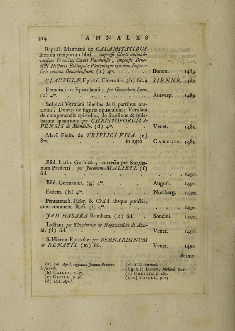 / 114 ANNALES Baptift. Mantuani dc CALAMITATIBUS, 1^7, iro -ibG. fuorum temporum libri : impreffi folerti animad- • v 4 ‘verfione Francisci Cereti P.armenfis ^ impenjts Bene- ^ • diSli Heltoris Bibliopola Platonisque ejusdem ImpreS' foris cilium Bononienjium. (a) 4*°. . . Bonon. - 148^. . CLAUSULMYjphx.o\.CiCQ\:oiCi\s. (b) fol.a SIENNE. 148^. Francisci ars Epistolandi : per Girardum Leeu. (c} 4*°* ' * * , * • * Antverp. 148P. Sulpicii Verulani libellus dc 8. partibus ora¬ tionis > Donati de figuris opusculum > Verulani de componendis epistolis , de fcanfione 8c fylla- barum quantitate '.per C HRIS TOFOR UM de 'PENSIS de^Mandello. Venet. r 148P. Marf. Ficin. de TRIPLICI VITA, (e) 8vo. . . . .in agro Caregio. 148P. t vBibl. Latin. Gothice , corre£l:a per Stepha- num Parifetti : per Jacobum^^MALIETl. (f) ' fol» • • • . , • • . 14PO. Bibi. Germanica, (g) 4'°. Auguft. 14PO. Eadem, (h) 4'°. .... Noriberg. I4PO. Pentateuch. Hebr. & Chald. absque punftis, cum comment. Rafi. (i) 4*^“. • #' . 14P0. ' ^AD HA SARA Rambam. (k) fol. Soncini. 14P0. Ladtant. per Theodorum de Ragazonibus de Azu^ Id. (1) fol. . . ... Venet. 14PO. S. Hieron. Epistolse :per BERNARDINUM de RENATIS, (m) fol. Venet. 14P0. Sermo- ( a) Cal. April. regnante Joanne Bemivo- lo fecundo. (b) Caille, p.47. (c) Caule, p. 46. (d) llLL jipnl. (e) XVL Septtmb. (f. g. h. i) Long, BibUoth. Sacr. (k) ChE VILL. p. 265. ; (1. mj Caille, p. 23. /