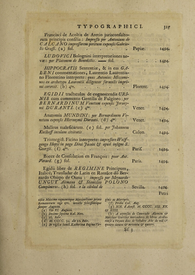 32f Francisci de Acoltis de Aretio jurisconfulto- rum principis confilia : Impreffa per Antonium de C A LC A NO imprejforem peritum expenfis Gahrie~ lis GraJJi. (a) foL Papix. I4P4. LUDO/^/C/Bolognini interpretationesno- vx: per Platonem de Benedicis. —— fol. « j . I 4>p4’ HIPPOCRATIS Sentcntix, 8c in eas GA- L E NI commentationes, Laurentio Laurentia- no Florentino interprete: quas Antonius Miscomi- nus ex archetypo Laurentii diligenter formulis impri~ 'mi curavit, (b) 4^0. . ... J Florent. 14P4* EGIDII traftatulus de cognoscendis URI¬ NIS cum commento Gentilis de FuJgineo B E R NA R D INU M Venetum expenfis Jerony- • • mi D UR ANTI (c) 4*°.' . .. . Venet. I4P4. Anatomia MUNDINI: per Bernardinum Ve¬ netum expenfis Hieronymi Duranti, (d)' 4“'. Venet. 14P4: Malleus maleficarum, (e) £o\.. per J oh annem , Koelhoff incolam civitatis. . . . . Colon. I4P4- Trismegifl:. Ficino interprete: imprefioreWolff-- gango Hopyl in pago Divi Jacobi ^ apud infigne S. Georgii. (f) 4'°. .... . Parin. I4P4* Boece de Confolation en Frangois: pour Ant. Verard. (g) fol. ..... Paris. I4P4. Egidii liber de REGIMINE Principum,-, Italicej Tranfladar de Latin en Romace do Ber- nardo Obispo de Osma : ■ imprefio por Meynardo UNGUT Alemano ^, Stanislao P OLO NO Compdneros. (h) £o\. . e la cibdad de Sevilla. 14P4. Petri tifice Maximo regnanteque Maximiliano primo ginis ac Martyris. Romanorum rege zp‘c, invido fsUcijJimoque (f) Pridie Cal. Aug. ^ femper Augusto. (g) XIX. dAouji. M. CCCC. 1111, XX, (a) Dis XI. Augusti. ZX xniL (b) Decimo feptimo Kal. Nov.. (h) A espenfas de Conrrado Aleman & ( c) i6. Jehr. Melchior Gurrizo mercadores de libros Acabe- ( d) M, CCCC. 94. die 10. Rebr. ronfe a Veynte dias de OSlubre Ano^ de mil KX (e) In vigilia Sanil.KatherinK Regina Vir-^ quatrj ckntos zx novent a zx qaatro, ■ ‘ Sf3