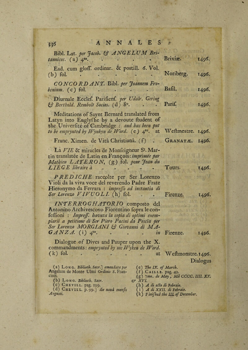 Bibi. Lat. pev Jacob. £5? j4NGELUM Bri- tannicos. (aj 4*®. . • ■ . Brixiae. i49<?. • . *■ Ead. cum glolT. ordinar. & postill. 6. Vol. (b) fol. . . • . . Noriberg. 1496. CONCORD ANT. Bibi, per Joannem Fro- henium. (c) fol. .... Bafil. 149S. ' Diurnale Ecclef. Panfienf per Udalr. Gering Berthold. Rembolt Socios. (d) 8®. Parif 1496. Meditations of Saynt Bernard translated from Latyn into Englyfhe by a devoute ftudent of the Univerfite of Cambridge : and has been put to be emprynted by Wynkyn de EFord. (c) 4'°. at Weftmestre. 149^- Franc. Ximen. de Vita Christiana, (f) T Granata, I4p5. La VIE 6c miracles de Monfeigneur Sh Mar¬ tin translatee de Latin en Fran^ois: imprimee par Mathieu LAESERON^ (g) fol. pour Jean du LIEGE Jibraire d . , . - - Tours. I4P<5. PREDICHE raccplte per Ser Lorenzo Violi da la viva voce dei reverendo Padre Frate Hieronymo da Ferrara : imprejjb ad instantia di Ser,Lorenzo FIFUO LI. (h) fpl. . . Firenz,e. I4p5. INTERROGHJTORIO .composto dei . , Antonino Archivescovo Fiorentino fopra le con- feilioni : Imprejf. havuta la copia di optimi exem¬ plarii a petitione di Ser Piero P acini da Pescia per Ser Lorenzo MORGIANI Giovanni di MA- GANZA. (i) 4^0. . .. in Firenze. i4p5. Dialogue of Dives and Pauper upon the X. commandments: emprynted by me F^yken de Word. (k) fol. . . , . . at Wefl:monstre.i4p5. (a) Long. Blblioth. Sacr.] emendata per Angelum de Monte Ulmi Ordinis S. Fran- cisci. (b) Long. Biblioth. Sacr. (c) Chevill. pag. lip. (d) Chevill. p.99.] die mnd menfis Afigusti. Dialogus (e) The IX. ofMarch. (f) Caille. pag. 49. (g) 7we. de May , Mil CCCC. 1111. XX. & XVI. (h) A di ocio di Tebraio. ( i ) A di XXII. di Febraio. (k) F ini/hed the IU, of December.