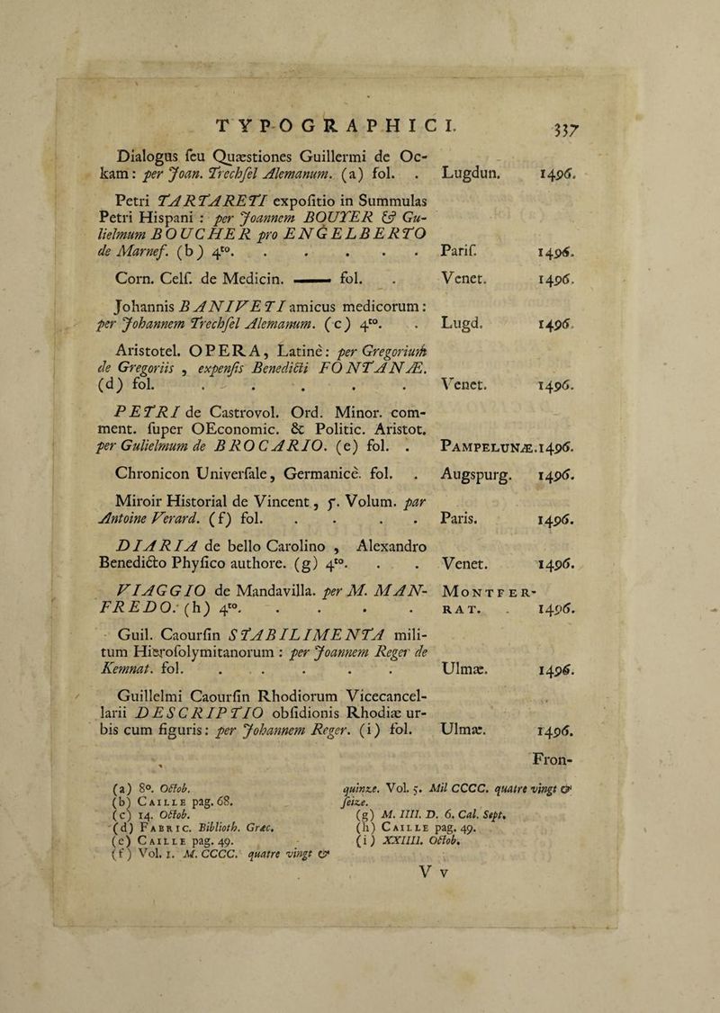 Dialogus fcu Qusestiones Guillermi dc Oc- per Joan. Trcchfel Alemanum. (a) fol. K Petri TARTARETI expofitio in Summulas Petri Hispani : per Joannem BOUTER £5? Gu~ lielmum BOUCHER pro ENGELBERTO de Marnef. (b ) 4'®. ..... Corn. Ceir. de Medicin. —. fol. Johannis B ANIVE TI amicus medicorum: per Johannem Trechfel Alemamm. (c) 4'®. Aristotel. OPERA, Latine; per Gregorimh de Gregariis , expenfis BenediSii EO NldANAE. (d) fol. ... PETRI diO. Castrovol. Ord. Minor, com- ment. fuper OEconomic. & Politic. Aristot. per Gulielmum de BROCARIO, (e) fol. . Chronicon Univerfale, Germanice, fol. Miroir Historial de Vincent, p. Volum. par Antoine Verard. (0 fol. D IA R IA de bello Carolino , Alexandro Benedido Phy fico authore. (g) 4*®. V IA G G IO de Mandavilla. per M. MAN¬ ERE DO: {h.) 4'®. .... Guil. Caourfin STABILIMENTA mili¬ tum HiS4'ofolymitanorum : per Joamem Reger de Kemnat. fol. ... Guillelmi Caourfin Rhodiorum Vicecancel- .larii D ESC RIPTIO obfidionis Rhodiae ur¬ bis cum figuris: per Johamem Reger. (i) fol. Lugdun. i4P(J. Parif. Vcnet. I4P(5. Lugd. I4P5. \^enct. i4P<j. PAMPELUNiE.l4p5. Augspurg. i4p(J. Paris. i4P<J* Venet. i4P(5. Montf er R AT. •• i4P^. Ulmsc. i4P^. Ulma:. 1496, ' Fron- (a) 80. oaob. (b) Caillb pag. 68. (c) 14. O5lob. '(d) Fabri c. Biblioth. Gr^c. (e) Caille pag. 49. (f) Vol. I. M.CCCC. ciuatre vingt CJ* quinz,e. Vol. 5. Mil CCCC. quatre vlngt feiz.e. {g) M. IIII. D. 6. Cal. Sept, (h) Caille pag. 49. (i) XXIIIl. Oblob. V V