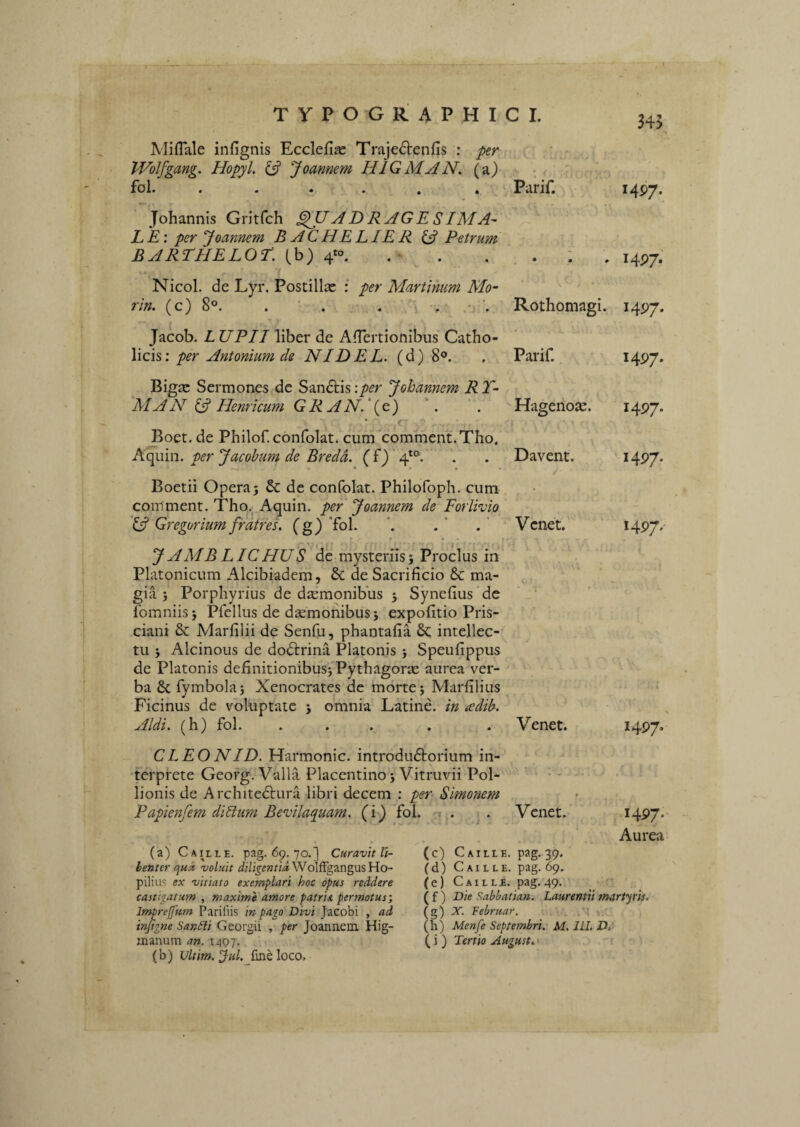 MifTale infignis Ecclefiae Traje^tenfis : per JVolfgang. Hopyl. 13 Joannem HIGMAN, (a)- fol. ..... . Parif. Johannis Gritfch QUADRAGESIMA- LE\ per'Joannem BACHELIER ^Petrum BARTHELOE, [h) .• . ... Nicol. de Lyr, Postillac : per Martihim Mo- rin. (c) 8°. . ' . . >- Jacob. L UPII liber de AfTertionibus Catho¬ licis: NI DEL. (d) 8°. Bigae Sermones de Sandtis :per Johannem R Y- MAN ^ Hernicum GRAN.\c) \ ' . Boet, de Philof.confolat. cum comment.Tho. per Jacobum de Bredd. (f) 4*®. . . Davent. 345 . . : . I4P7.’ Rothomagi. 14P7, Parif. I4P7» Hagenoac. I4P7* M4P7. Boetii Opera; 6c de confolat. Philofoph. cum comment. Tho.-Aquin. per Joannem de Forlivio '13 Gregurium fratres, (g) ToL • Venet. , t f • • J AMB LICHUS de mysteriis; Proclus in Platonicum Alcibiadem, & de Sacrificio & ma- gia ; Porphyrius de daemonibus ; Synefus de fomniis; Pfellus de daemonibus; expolitio Pris- ciani & Marlilii de Senfu, phantalia 6c intellec¬ tu ; Alcinous de dodtrina Platonis ; Speulippus de Platonis definitionibus; Pythagorae aurea ver¬ ba & fymbola; Xenocrates ae morte; Marlilius Ficinus de voluptate ; omnia Latine, in (cdib. Aldi. (h) fol. . . . . . Venet. C LEO N ID. Harmonic. introdu£l:orium in¬ terprete Georg. Valla Placentino; Vitruvii Pol- ' • lionis de Architedlura libri decem : per Simonem Papienfem diblum Bevilaquam. (i) fol. -r*.. Venet. 14P7. 1497. 1497. Aurea (a) C A ILLE. pag. 69. 70.] Curavit Ii- henter qua voluit iii/j^fWiiiWolffgangusHo- pilius ex vitiato exemplari hoc opus reddere castigatum , maxime amore patria permotus', Impreffum Parifiis in pago Divi Jacobi , ad in/igne SanSli Georgii , per Joannem Hig- manum an. 1^97. (b) Vltim.Jul. finMoco, (c) C AiLLE. pag. 39. (d) Caille. pag. 69, (e) Caille. pag. 49. ( f) Die Sabbatian. Laurentii martyris. (g) X. Februar. (h) Menfe Septembri. M. ILI. D. (i) Tertio August.'