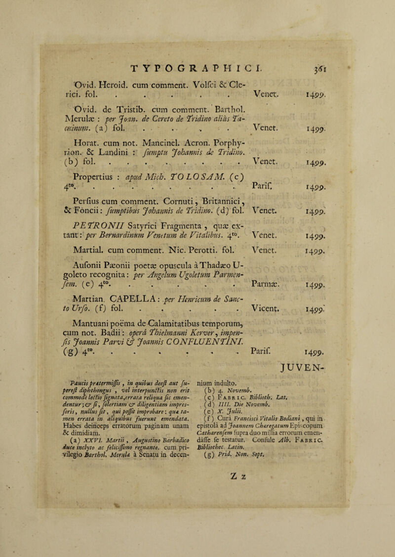 'OVid. Heroid. cumxommcnt. Volfei Cle¬ rici. fol. . . . . . Vcnct. i4Pi>. _ • ♦ • - • Ovid. de Tristib. cum comment. Banliol. Merulee : per Joan. de Cereto de Tridino alias Ta~ CHinum. (a) fol. . . ' .. , . Vciiet. 1499* Horat. cum not. Mancinel. Acron. Porphy¬ rion. 6c Landini : fumptu Johannis de Tridino. • • (b) fol., . . . . Venet. Propertius : apud Mich. TOLOSudM. (c) 4'®. . . • . . . . . .. Parif. Perfius cum comment. Cornuti, Britannici, Sc Foncii: fumptibus Johannis de'T‘ridine. {di)'io\. Venet. PET^RONII Satyrici Fragmenta , qux ex- per Bernardinum Vemtum de Vitalibus. V®. Venet. Martial. cum comment. Nic. Perotti. fol. Venet. • • t * Aufonii Peeonii poetee opuscula a Thadeeo U- goleto recognita: per Angelum Ugoletum Parmen~ fem. (e) 4^®. ..... Parmae. Martian. CAPELLA: .per Hernicum de Sanc¬ to Urfo. (f) fol. . . ... Vicent. I4PP- 14PP. 14PP* 1499. 14PP. 1499. 1499: Mantuani poema de Calamitatibus temporum, cum not. Badii: opera Tthielmanni Kerver.^ impen- fis Joannis Parvi Joannis CONFLUENPINL (S) 4“- Paucis pratermipis , in quibus deejl aut fu- perefi diphthongus , vel interpungis non erit commode leClio fignata^errata reliqua fic emen¬ dentur E, Jolertiamgp' diligentiam impres- foris, nullus fit, qui pojfit improbare: que ta¬ men errata in aliquibus fuerunt emendata. Habes deinceps erratorum paginam unam & dimidiam. (a) XXVI. Martii , Augustino Barbadico duce inclyto ac felicijfimo regnante, cum pri¬ vilegio Barthol, MemU a Senatu in decen- ^ -- T- — —. X- Parif. 1499. JUVEN- nium induito. (b) 4. Novemb. (c) Fabri c. Biblioth. Lat. , ( d) Iin. Die Novemb. (e) X. fulii. ( f) Cura Francisci Vitalis Bodiani, qui in epistola ad foannem Ch&regatum Episcopum Catharenfem fupra duo millia errorum emen- dafle fe testatur. Confule Alb. Fabric. Bibliothec. Latin. (g) Prid. Non. Sept, Z z