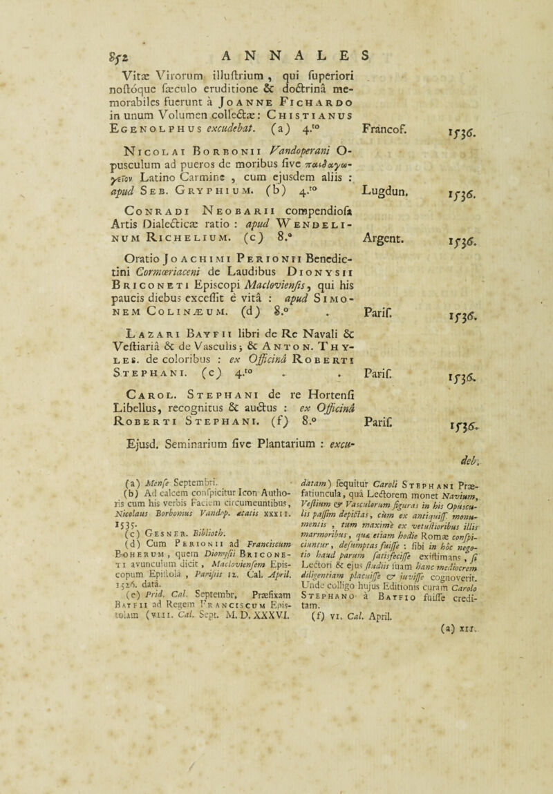 Vitee Virorum iDuftrium , qui fuperiori noftoque feeculo eruditione & doftrina me¬ morabiles fuerunt a Joanne Fichardo in unum Volumen colledta:: Chistianus Egenolphus excudebat, (a) 4/° Francof. Nicolai Borbonii Vtndoperani O- pusculum ad pueros de moribus five Latino Carmine , cum ejusdem aliis : apud SeB. Gryphium, (b) 4.'° Conradi Neobarii corapendiofa Artis Oialedlicee ratio : apud Wend e li¬ num Richelium. (c) 8,* Argent. Oratio Joachimi Perionii Bcncdic- tini Cormoeriaceni de Laudibus Dionysii B r I c o N E TI Episcopi Maclovienjis, qui his paucis diebus excellit e vita : apud Simo¬ ne mCo lineum. (d) 8.0 . Parif. L A 2 A RI BaY F 11 libri de Re Navali & Veftiaria 6c de Vasculis j 6c A n t o n. T h y- LES. de coloribus ; ex Officina e. kti Stephani. (e) 4/0 . . Parif. Carol. Stephani de re Hortenfi Libellus, recognitus & auctus : ex Officina Roberti Stephani. (f) 8.° Parif. Ejusd. Seminarium fi ve Plantarium : excu- IS\C. Lugdun. 1^55. IfiS. tfi6. deb. (a) Menfe Septembri. (b) Ad calcem confpicitur Icon Autho- ris cum his verbis Faciem circumeuntibus, Nicolaus Borbonms Vanchp. aetatis xxxil. *S3?- (c) GesnER. Bihlioth. (d) Cum Perionii ad Franciscum B:0 HERUM, quera T>/b»y//i BrICO NE¬ TI avunculum dicit, MacLovienfem Epis¬ copum Epillola , Paripis iz, Cal. April. 1516, data. (e) Prid. Cal. Septembr, Praefixam Bayfii ad Regem Franciscum Enis- lolam (viii. C^i/. Sept. M.D. XXXVI. datam) fequitur Caroli Stephani Prs- fatiuncula, qua Ledorem monet Navium^ Vefiium CX Vasculorum figuras in his Opuscu¬ lis pajfim depi6las, cum ex antiquiff. monu¬ mentis , tum maxime ex vetudioribus illis marmoribus , qua etiam hodie Rom« confpi- ciuntur, defumptas fuijfe : fibi in hoc nego¬ tio haud parum fatisfecijfe exiftimans i fi Leftori & ejus ftudiis ibam hanc mediocrem diligentiam placuijje cr iuviffe cognoverit. Unde colligo hujus Editionis curam Carolo Stephano a Bayfio fuifTe credi¬ tam. (f) VI. Cal. April. (a) XII.