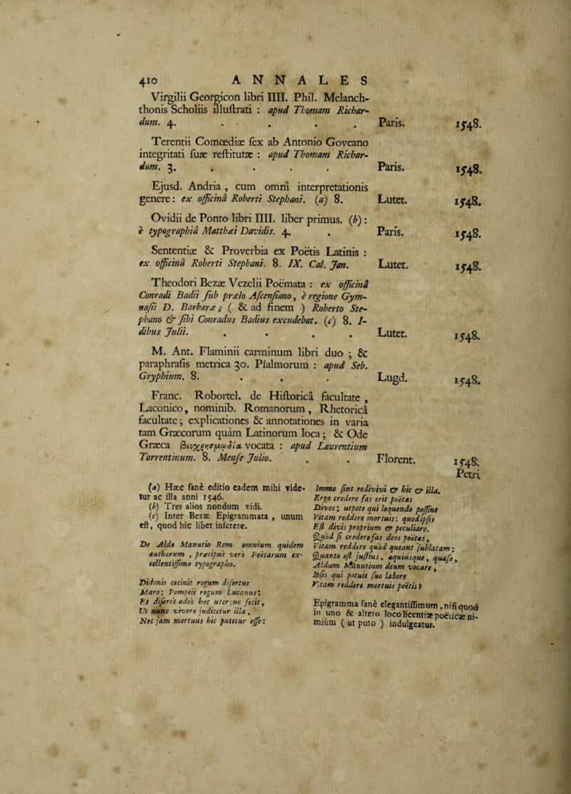 Virgilii Georgicon libri IIII. Phil. Melanch- thonis Scholiis illuftrati : apud Thomam Richar-^ dum. 4. ... Paris. M 00 • Terentii Comoediae fex ab Antonio Goveano integritati fuse reftitutx : apud Thomam Richar- dum. 3. . Paris. 1^48. Ejusd. Andria , cum omni interpretationis genere: ex officina Roberti Stephant. {a) 8. Lutet. 1/48. Ovidii de Ponto libri IIII. liber primus. (J) : f typographid Matthai Davidis. 4. Paris. 1^48. Sententiae 8c Proverbia ex Poetis Latinis : tx officina RobetTt Stephant. 8. IX. Cal. Jan. Lutet. 1548. Theodori Bczas Vezclii Poemata : ex officmd Conradi Badii fuh pralo Afcenpano, e regione Gym~ najii D. Barbara i ( & ad finem ) Raberto Ste-^ phano & Jthi Cmiradus Badius excudebat, (c) 8. /- dihus Julii. . . . . Lutet. 1548, M. Ant. Flaminii caraiinum libri duo ; & paraphrafis metrica 30. Pfalmorum r apud Seb. Gryphium. 8. . . . Lugd. Franc. Robortel. de Hiftorica facultate, ' Laconico, nominib. Romanorum, Rhetorica facultate; explicationes & annotationes in varia tam Gi-secorum quam Latinomm loca; & Ode Grasca vocata : apud Laurentium Torrentinum. 8. Menfe Julio. ' , . Florent. 15-48. 15-48' Petri. (4) Haec fane editio eadem mihi yide- tur ac illa anni 1546. (l) Tres alios nondum vidi. (c) Inter Beiae Epigrammata , unum eft, quod hic libet inlercre. I>e Alds Manut’u> Rom omnium quidem authorum , pr4ecipue vero Poetarum tellentijjimo typographo. Didonis cecinit rogum difiertus Alaro; Pompeii rogum Lucanus*. Ft dijerte adeo hoc uterc^ue fecit, Ut nunc vivere judicetur illa , Kecjam mortuus hic putetur ejfe: Imme [int redivivi cr hic o* illa. Ergo credere fas erit poetas Divos; utpote qui loquendo pojftnt Vitam reddere mortuis', quodipfis F.fl divis proprium cr peculiare. Gpfod fi credere fas deos poetas, Vitam reddtre quod queant fublatam^ 6)uanto efi jufttus, aquiusque, quafo y .Aldum lAanutium deum vocare, Ipfts qui potuit fuo labore V,tam reddere mortuis poetis ? Epigramma fane elegantifEmum ,nifiquod in uno & altero loco licentiae poeticae ni¬ mium ( ut puto ) indulgeatur.