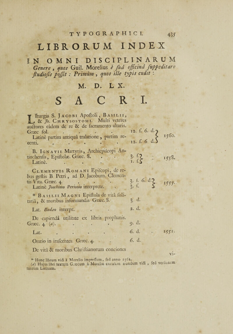 LIBR ORUM INDEX IN OMNI DISCIPLINARUM Genere , quos Guil. Morelius e fud officina fupfeditare jludiojis fojjitTrimum , quos ille tyjns cudit : M. D, L X. SACRI. IJ^O, iy,-S. Ltturgia S. Jacobi Apoftoli, Basilii, 8t Jo. Chrysos tomi. Multi veteres auctores eadem de re St de (aeramento altaris. Graec fol. Latine partim antiqua tralatione , partim re¬ centi. .. B. Ignatii Martyris, Archiepiicopi An- tiochenfis, Epiftolae. Graec. 8. Latine. Clementis Romani Epifcopi, de re¬ bus geitis B Petri, ad D. Jacobum. Clemen¬ tis V ita. Graec. 4. Latine Joachimo Perionio interprete. * Basilii Magni Epiftola de vita foli- taria, St moribus informandis Graic. 8. Lat. Budteo interpr. De capienda utilitate ex libris prophanis. Graec. 4 (<*). Lat. . • • • Oratio in irafeentes. Graec. 4. De vita St moribus Chriftianorum conciones vi- *• Hunc librum vidi a Morelio impreflum , fed anno 1561. (4) Hujus libri textum G.iecum a Moieho exculein nondum vidi , fed veriioncm tantum Latinam. 11. f. 6. d. 12. f. 6 d.. 3- £ 2. {. 6. d. 3. r. 3 d. 2. d. 9. d. 6. d.