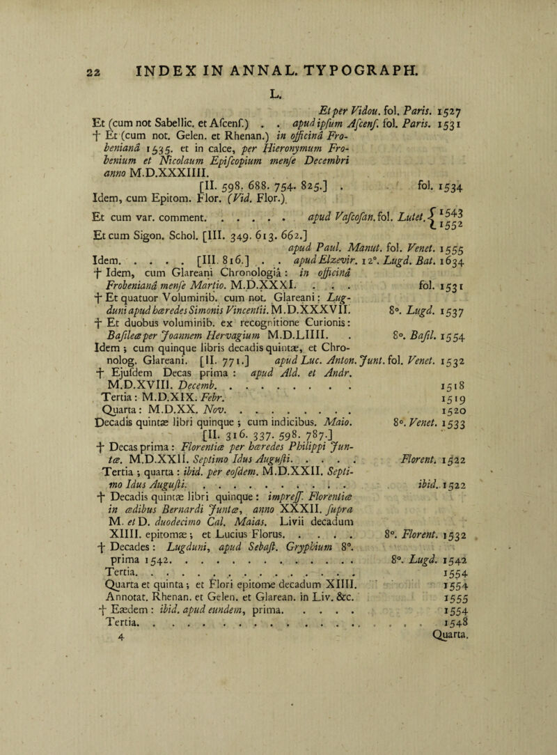 L. Et per Fidou. fol, Paris. 1527 Et (cum not Sabellic. et Arcenf,) . . apud ipfum Afcenf, io\. Paris, ■f Et'(cum not. Gelen. et Rhenan.) in ojficind Fro- beniand 1535. et in calce, per Hieronymum Fro- benium et Nicolaum Epifcopium menje Decembri anno M.D.XXXIIII. „ . [II- 598; 688. 754. 825.] . fol. 1534 Idem, cum Epitom. Flor. {Vid. Flor.). Et cum var. comment.. ’ apud Vafcofan.^ol. Lutet,^ Et cum Sigon. Schol. [III. 349. 613. 662.] apud Paul. Manut. fol. Venet. 1555 Idem. .... [III. 816.] . . apudElzevir. Lugd. Bat, 16^4^ “I* Idem, cum Glareani Chronologia : in officina Froheniand menfe Martio. , . fol. 1531 'f Et quatuor Voluminib. cum not. Glareani; Lug~ duniapudhiBredesSimonis Vincentii.y[.D.^'K.KNl\. Lugd. 1537 ■f Et duobus voluminib. ex recognitione Curionis: Bafileceper Joannem Hervagium M.D.LIIII. . 8®. Baftl. 1554 Idem *, cum quinque libris decadis quintae, et Chro- nolog. Glareani. [II. 771.] apud Luc. Anton.Junt.ioX. Venet. 1532 d Ejufdem Decas prima : apud Aid. et Andr. M.D.XVIII. Decemb. 1518 , Tertia: M.D.XIX: 1519 Quarta: M.D.XX. iVo*!;. 1520 Decadis quintae libri quinque *, cum indicibus. Maio. 8®. Venet. iSZS [II. 316. 337. 598. 787.J “f Decas prima: Florentice per hceredes Philippi Jun¬ ice. Septimo Idus Augujii. Florent. 1^22 Tertia *, quarta : ibid. per eofdem. M.D.XXII. Septi¬ mo Idus Augujii. . •. . ibid.. 1^22 ■f Decadis quintae libri quinque : imprejf. Florentice in cedibus Bernardi Juntce., anno XXXII. fupra M. etD. duodecimo Cal. Maias. Livii decadum XIIII. epitomae; et Lucius Florus. 8°. Florent. 1532 •f Decades: Lugduni., apud Sebaji. Gryphium 8®. prima 1542. 8®. Lugd. 1542 Tertia._. i554 Quarta et quinta', et Flori epitome decadum XIIII. ' ' ' 1554 Annotat. Rhenan. et Gelen. et Glarean. in Liv. &c. 1555 Eaedem : ibid. apud eundem, prima. i554 Tertia.. . 1548 Quarta. 4