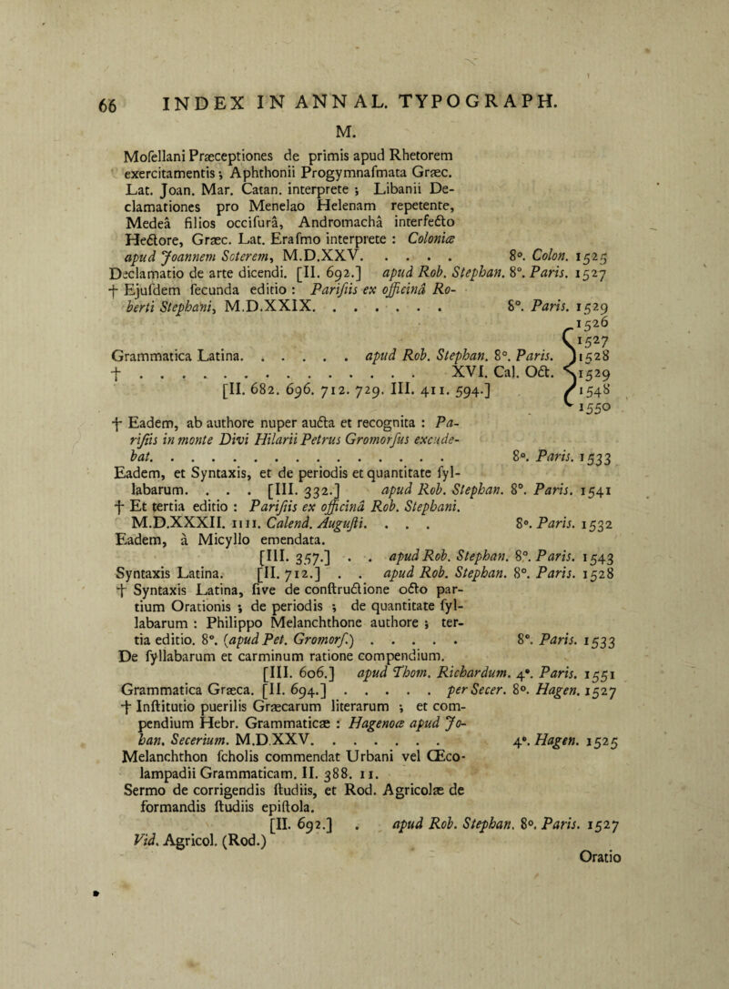 M. Mofellani Praeceptiones de primis apud Rhetorem • exercitamentis *, Aphthonii Progymnafmata Graec. Lat. Joan. Mar. Catan. interprete Libanii De¬ clamationes pro Menelao Helenam repetente, Medea filios occifura, Andromacha interfedto Hedore, Graec. Lat. Erafmo interprete : Colonice apud Joannem Soterem^ M.D.XXV. 8®. Colon. 1525 Declamatio de arte dicendi. [II. 692.] apud Roh. Stephan. 8°. Paris. 1527 •f- Ejufdem fecunda editio : Parifiis esc officina Ro- • berii Stephaniy M.D.XXIX. . . . . . . 2>°. Paris. 1526 C1527 Grammatica Latina.apud Roh. Stephan. Paris. ^1528 •f . . . .. XVI. Cal. 06t. \1529 [II. 682. 696. 712. 729. III. 411. 594.] /154^ 'J550 E Eadem, ab authore nuper audla et recognita : Pa- rijiis in monte Divi Hilarii Petrus Gromorfus excude¬ bat. 8“. Paris. 1533 Eadem, et Syntaxis, et de periodis et quantitate fyl- labarum. . . . _ [III. 332*] Roh. Stephan. 8®. Paris. 1541 ■f- Et tertia editio : Parifiis ex officina Roh. Stephani. wii. Calend. Augujii. . . . 8°. Pmj. 1532 Eadem, a Micyllo emendata. [III. 357.] . . apud Roh. Stephan. Paris. 1543 Syntaxis Latina. [II. 712.] . . apud Roh. Stephan. Paris. f Syntaxis Latina, five de conftrudione oflo par¬ tium Orationis ; de periodis •, de quantitate fyl- labarum : Philippo Melanchthone authore j ter¬ tia editio. 8“. {apudPet. Gromorf.). 8®. Paris. 1533 De fyllabarum et carminum ratione compendium. [III. 606.] apud 'Thom. Richardum. 4*. Paris. 1551 Grammatica Graeca. [II. 694.].perSecer. 8°. Hagen. 1527 ■f Inftitutio puerilis Graecarum literarum *, et com¬ pendium Hebr. Grammatiese : Hagenoce apud Jo- ban, Secerium. M.D.XXV. Hagen. 1525 Melanchthon fcholis commendat Urbani vel CEco- lampadii Grammaticam. II. 388.11. Sermo de corrigendis ftudiis, et Rod. AgricolEE de formandis ftudiis epiftola. [II. 692.] , apud Roh. Stephan, 8°. Paris. 1527 Vid. Agricol. (Rod.) Oratio »