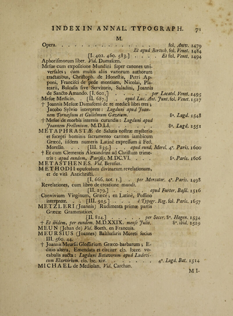 M. Opera... fol. Antv. 1479 Et apud Bertoch. fol. Venei. 1484 [^I..40.^* 4^®* 5^3*1 * • • • fol, E?n6t, 1494 Aphorifmorum liber, Damafcen. Mefue cum expofitione Mundini fuper canones uni- verfales; cum multis aliis variorum authorum tradlatibus, Chriftoph. de Honeftis, Petri Ap¬ poni, Francifci de pede montium, Nicolai, Pla- tearii, Bulcafis five Servitoris, Saladini, Joannis de Sandto Amando. [I. 602.].per Locatel, Venet. 1495 Mefue Medicin. . [11,. 687.] apud Luc. Ant.JuntAdi. Venet. 1^2. j •f* Joannis Mefuse Damafceni de re medica libri tres i Jacobo Sylvio interprete : Lugduni apud Joan- nem T^ornceftum et Gulielmum Ga^eium' 8». Lugd. 1548 •f Mefue de morbis internis curandis : Lugduni apud Joannem Frellonium.yi.Vi.XA. . . ... Lugd. METAPHRAST^dE de Salutis noftrae myfterio et fucepti hominis facramento carmen iambicum GrjEce, iifdem numeris Latine expreffum a Fed. Morello. . . [III. 835.] . . apud eund. Morel. Paris. 1600 f Et cum Clementis Alexandrini ad Chriftum trime¬ tris : apud eundem, Parifns.yiX)Q.W. . . . Z°. Paris. 1606 METASTHENES. m‘Berofus. METHODII opufculum divinarum revelationum, et de vita Antichrifti. [L 666. not. i.] . . fer Mercator. 4®. PmV. 149S Revelationes, cum libro de creatione mundi. [II. 279.] . . . .' . apud Furter. Baftl. 1^16 Convivium Virginum, Gr^ce; en Latine, Poffino interprete. . . [III. 9.5.]; ■ . , e Lypogr. Reg. fol. Paris. 16 METZLERI (Joannisj Rudimenta primas partis Graecae Grammatices. [II. 814.] . . . , . per Secer.%'^. Hagen. -f Et ibidem, per eundem. M.D.XXIX. menfe Julio. 2>^.ibid. 1^2^ MEUN (Jehan de) Vid. Boeth. en Francois. MEURSIUS (Joannes) Balthafaris Moreti focius III. 560. 44. i* Joannis Meurfii Gloffarium Grseco-barbarum ; E- ditio altera, Emendata et circiter cb. bccc. vo¬ cabulis audla : Lugduni Batavorum apud Ludovi- cum Elzevirtum. cb. bc. xiv.4®. Lugd. Bat. 1514 MlCHAELde Mediolan. Vid. Carchan, M I-
