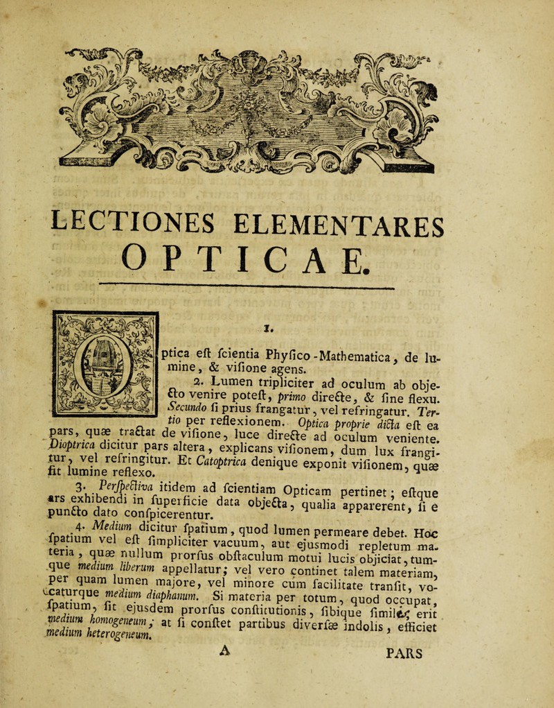 LECTIONES ELEMENTARES OPTICAE. I. ptica eft fcientia Phy fico -Mathematica ^ de lu¬ mine , & vifione agens. 2. Lumen tripliciter ad oculum ab obje¬ cto venire poteft, primo direfte^ & fine flexu. Secundo fi prius frangatur, vel refringatur. Ter- tio per reflexionem. Optica proprie difta eft ea pars quæ traftat de vifione, luce direfte ad oculum veniente. Dioptnca dicitur pars altera, explicans vilionem, dum lux franei- fiTlumiierrefleS.Ur' Et Catoptrica denklue exPonk vifionem, quæ 3V• p’rfp':^‘va tidcni ad fcientiam Opticam pertinet' eftque 0bie£lS’ Veren.; fl fDatium^e?‘pt>dritUi-fpatium’ qU0d lume? Permeare debet. Hoc .p_ia fimpliciter vacuum, aut ejusmodi repletum ma. ena , quæ nu.Ium prorfus obftaculum motui lucis objiciat,tum- ™edmm Merum appellatur; vel vero continet talem materiam, per quam lumen majore, vel minore cum facilitate tranfit, vo- foatiurn6 fi,**?1 diAa^hamm- .Si materia per totum, quod occupat, lpatium, fit ejusdem prorfus conflnutionis, fibique fimiier erit isgs *ct,niiet partibus PARS