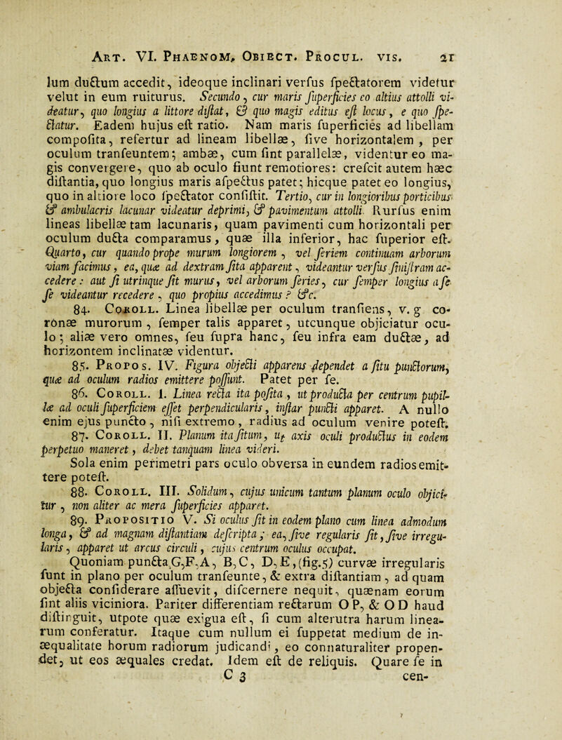 lum du£lum accedit, ideoque inclinari verfus fpeftatorem videtur velut in eum ruiturus. Secundo, cur maris fuperficies co altius attolli vi¬ deatur , quo longius a littore difiat, & quo magis editus ejl locus, e quo fpe- flatur. Eadem hujus ed ratio. Nam maris fuperiiciés ad libellam compofiita, refertur ad lineam libellae, live horizontalem, per oculum tranfeuntem; ambas, cum fint parallelæ, videntur eo ma¬ gis convergere, quo ab oculo fiunt remotiores: crefcit autem hæc didantia, quo longius maris afpettus patet; hicque patet eo longius, quo in altiore loco fpe&ator confidit. Tertio5 cur in longioribus porticibus & ambulacris lacunar videatur deprimi, £? pavimentum attolli. Pvurfus enim lineas libellae tam lacunaris, quam pavimenti cum horizontali per oculum du£la comparamus, quae illa inferior, hac fuperior ed. Quarto 9 cur quando prope murum longiorem , vel feriem continuam arborum viam facimus, ea,quæ ad dextram Jita apparent, videantur verfus fmijlram ac¬ cedere : aut fiutrinque ft murus, vel arborum feries, cur femper longius a fe fe videantur recedere , quo propius accedimus ? tfc. 84. Coroll. Linea libellae per oculum tranfiens, v. g co¬ ronae murorum , femper talis apparet, utcunque objiciatur ocu¬ lo ; aliae vero omnes, feu fupra hanc, feu infra eam du£tæ, ad horizontem inclinatae videntur. 85- Propos. IV. Figura objefli apparens dependet a fitu punflorum^ qu<e ad oculum radios emittere poffunt. Patet per fe. 86. Coroll. 1. Linea refla ita pofita , utprodufla per centrum pupil¬ le ad oculi fuperficiem effet perpendicularis, infar punfli apparet. A nullo enim ejus puncto, nifi extremo, radius ad oculum venire poted. 87. Coroll. II. Planum itajltum, ut axis oculi produflus in eodem perpetuo maneret, debet tanquam linea videri. Sola enim perimetri pars oculo obversa in eundem radios emit¬ tere poted. 88. Coroll. III. Solidum, cujus unicum tantum planum oculo objicir tur , non aliter ac mera fuperficies apparet. 89. Propositio V. Si oculus fit in eodem plano cum linea admodum longa, £f ad magnam difiantiam defcripta ; ea^five regularis fityfive irregu¬ laris , apparet ut arcus circuli, cujus centrum oculus occupat. Quoniam pun£taG,F,A, B^C, D,E,(fig.5) curvae irregularis funt in plano per oculum tranfeunte, & extra didantiam , ad quam objefta confiderare afluevit, difcernere nequit, quænam eorum fint aliis viciniora. Pariter differentiam retiarum O P, & OD haud didirguit, utpote quæ exigua ed, fi cum alterutra harum linea, tum conferatur. Itaque cum nullum ei fuppetat medium de in¬ aequalitate horum radiorum judicandi, eo connaturaliter propen¬ det, ut eos aequales credat. Idem ed de reliquis. Quare fe in P 2 cen-