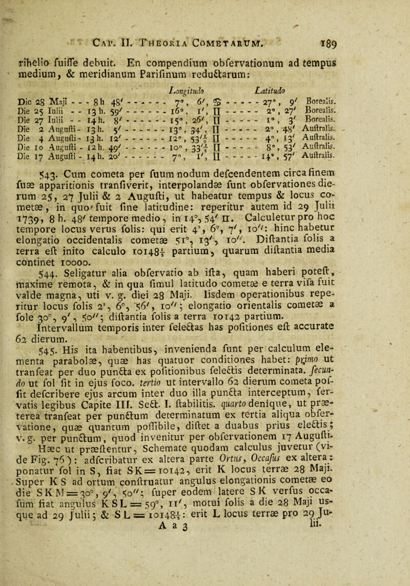 . *. » rihelio fu i fle debuit. En compendium obfervationum ad tempus medium, & meridianum Parifinum reductarum: Longitudo Latitudo Dic 28 Maji - - - 8h 48'.7«, 6/, .27®, 9* Borealis. Die 25 Iulii - - 13 h. 59' - - - - - - 160, i', Ü.2° , 27' Borealis. Die 27 Iulii - - 14 h. 87.15®, 26', Ü-- - I®, 3' Boreaijs. Die 2 Augufti- 13 h. 5'-130, 34', Ü. 2°, 48' Auftralis. Die 4 Augufti- 13 h. 12'.12°, 53^ [J - --4°> I3/ Auftralis. Die io Augufti - I2h. 49''.Io° , 33/- H - - - - ~ 8°, 53/ Auftralis. Die 17 Augufti - 14h. 20'-- - - 7% T, II.14®, 57' Auftralis. 543. Cum cometa per fuum nodum defcendentem circa finem fuæ apparitionis tranfiverit, interpolandae funt obfervationes die¬ rum 25, 27 Julii & 2 Augufti, ut habeatur tempus & locus co¬ metae , in quo^fuit fine latitudine: reperitur autem id 29 Julii 1739, 8 h. 48' tempore medio, ini4°, 54'n. Calculetur pro hoc tempore locus verus folis: qui erit 4S, 6°, 77, io7/: hinc habetur elongatio occidentalis cometæ $1% 1$% io7//. Diftantia folis a terra eft inito calculo 10148! partium, quarum diftantia media continet 10000. 544. Seligatur alia obfervatio ab ifta, quam haberi poteft* maxime remota, & in qua fimul latitudo cometae e terra vifa fuit valde magna, uti v. g. diei 28 Maji. Iisdem operationibus repe¬ ritur locus folis 2% 6°, 56', io*7; elongatio orientalis cometæ a fole 30% 9', ?>o//3 diftantia folis a terra 10142 partium. intervallum temporis inter feleCtas has politiones eft accurate 62 dierum. ' 545. His ita habentibus, invenienda funt per calculum ele¬ menta parabolæ, quæ has quatuor conditiones habet: pymo ut tranfeat per duo punCta ex politionibus feleCtis determinata, fecun¬ do ut fol fit in ejus foco, tertio ut intervallo 62 dierum cometa pof- fit defcribere ejus arcum inter duo illa punCta interceptum, fer¬ vatis legibus Capite III. Se£t. I. ftabilitis. quarto denique, ut prae¬ terea tranfeat per punCtum determinatum ex tertia aliqua obfer- vatione, quæ quantum polTibile, diftet a duabus prius eleftis ; v. g. per punCtum, quod invenitur per obfervationemi7 Augufti* Hæc ut præftentur. Schemate quodam calculus juvetur (vi¬ de Fig. 76): adfcribatur ex altera parte Ortus, Occafus ex altera ; ponatur fol in S, fiat SK=ioi42, erit K locus terrae 28 Maji. , Super K S ad ortum conftruatur angulus elongationis cometæ eo die S K M = 30°, 9', 80; fuper eodem latere SK verfus occa- fum fiat angulus KSL = 59°, n7, motui folis a die 28 Maji us¬ que ad 29 Julii ; & S L = 10148!: erit L locus terrae pro 29 Ju- A a 3 lii*