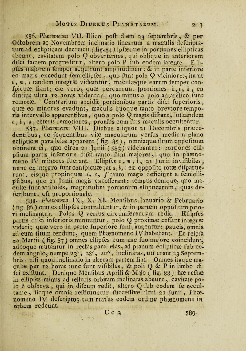 586. Phœnomenon VIT. Illico poft diem 23 feptembris, & per Oflobrem ac Novembrem inclinatio linearum a maculis defcripta- rumad eclipticam decrefcit ( fig.84) ipfæque in portiones ellipticas abeunt., cavitatem polo Q obvertentes, qui oblique in anteriorem difci faciem progreditur, altero polo P fub eodem latente. Elli- pfes majorem femper acquirun t amplitudinem * & in parte inferiore eo magis excedunt femiellipfes , quo funt polo Q viciniores, ita ut m, l tandem integræ videantur, maculæque earum femper con- fpicuæ fiant; eæ vero, quæ percurrunt iportiones fe, i, k, eo diutius ulcra 12 horas videntur, quominus a polo antarflico, funt remotae. Contrarium accidit portionibus partis difci fuperioris, quæ eo minores evadunt, maculis quoque tanto breviore tempo¬ ris intervallo apparentibus, quo a polo Q magis diftant, ut.tandem c, by Æ, ceteris remotiores, prorfus cum fuis maculis occultentur. 587« Phaenomenon VIII. Diebus aliquot 21 Decembris praece¬ dentibus , ac fequentibus viæ macularum verfus medium plano eclipticae parallelae apparent (fig. 85)> omniaque litum oppolitum obtinent ei, quo circa 21 Junii (583) videbantur: portiones elli- pliutn partis inferioris difci tanto funt majores, quo in phaeno¬ meno IV minores fuerant. Ellipfes 72, m, /, 21 Junii invifibiles, nunc ex integro funt confpicuæ ;at b, c ex oppofito totae difparue- runt, eisque propinquae d, /tanto magis deficiunt a femielli- pfibus, quo 21 Junii magis excelferant: tempus denique, quo ma¬ culae funt vifibiles, magnitudini portionum ellipticarum, quas de- fcribunt, eft proportionale. 588* Phaenomena IX, X, XI. Mcnfibus Januario & Februario (fig. 86) omnes ellipfes contrahuntur, & in partem oppolitam prio¬ ri inclinantur. Polus Q verfus circumferentiam redit. Ellipfes partis difci inferioris minuuntur , polo Q proximae celfant integrae videri; quæ vero in parte fuperiore funt, augentur : paucis, omnia ad eum litum tendunt, quem Phaenomeno IV habebant. Et reipfa 20 Martii (fig. 87) omnes ellipfes cum axe fuo majore coincidunt, adeoque mutantur in reflas parallelas,ad planum eclipticae fub eo¬ dem angulo, nempe 230, 28'5 20, inclinatas, uti erant 23 Septem¬ bris, nili quod inclinatio in alteram partem fiat. Omnes itaque ma¬ culae per 12 horas tunc funt vifibiles, & poli Q & P in limbo di¬ fci exiftunt. Denique Menfibus Aprili & Majo ( fig. 88) hæ reflas in ellipfes minus ad telluris orbitam inclinatas abeunt, cavitate po¬ lo P obfer^a , qui in difcum redit, altero Q fub eodem fe occul- tane, ficque omnia rellituuntur fucceilive litui 21 Junii, Phae¬ nomeno IV defcripto; tum rurfus eodem ordine phaenomena in orbem redeunt. Cea 589'