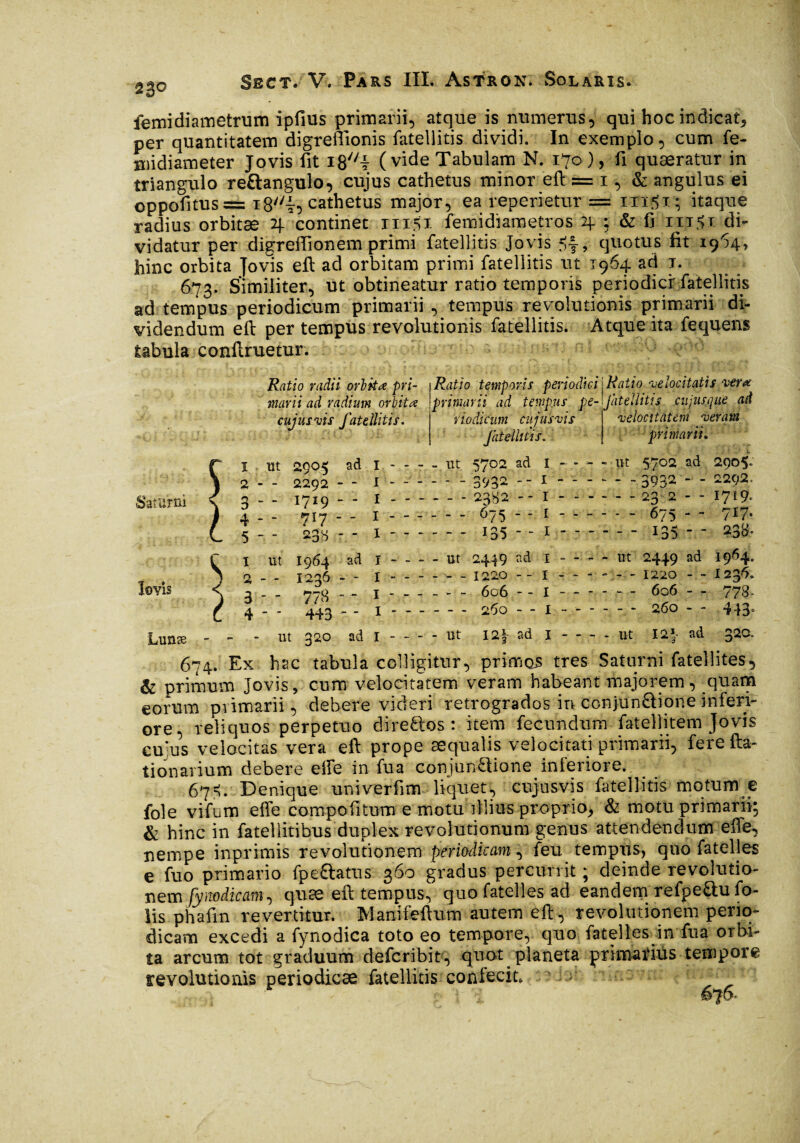 femidiainetrum ipfius primarii, atque is numerus, qui hoc indicat* per quantitatem digreftionis fatellitis dividi. In exemplo, cum fe- midiameter Jovis fit i8\ (vide Tabulam N. 170), fi quaeratur in triangulo re&angulo, cujus cathetus minor eft = 1, & angulus ei oppofitus= 1cathetus major, ea reperietur = iit.1t ; itaque radius orbitæ 4 continet 11151 femidiametros 4 ; & C mji di¬ vidatur per digreflionem primi fatellitis Jovis If-, quotus fit 19I4, hinc orbita Jovis eft ad orbitam primi fatellitis ut 1964 ad t. 673. Similiter, ut obtineatur ratio temporis periodici fatellitis ad tempus periodicum primarii , tempus revolutionis primarii di¬ videndum eft per tempus revolutionis fatellitis. Atque ita fequens tabula conftruetur. Ratio radii orbkæ pri¬ marii ad radium orbitæ cujmvis fatellitis. Ratio temporis periodici j Ratio velocitatis verœ primarii ad tempus pe- jhtellitis cujusque ad riodicum cujus vis velocitatem veram fatellitis. ' primarii. Saturni lovis Lunæ I m 2905 ad I - - - -, ut 5702 ad I - - 2 - - 2292 ■ - - I ------ 393* - — 1 - - 3 - - 1719 • - - I ------ 2332 - - I - - 4 - - 717 - - - I ------ 675 - - I - - 5 -, - 238 - - I — — — — —— — 135 » — I - - 1 ut 1964 ad I - - - - ut 2449 ad I - « 2 - - 1236 - « I 1220 — I - - a - - 778 I 606 — I - - 4 - - 443 - - I - - - — - - 260 — “ I - - ■ ut 32° ad I -ut m ad I - - ut 5702 ad 2905» - - 3Q32 - - 2202, - - 23^2 - - I719. * - 675 - - ?I7- - - 135 - - “sa¬ ut 2449 ad 19®4- - - 1220 - - I234. - - 606 - - 778- _ - 260 - - 443. ut 12*- ad 320. 674. Ex hac tabula colligitur, primos tres Saturni fatellites, & primum Jovis, cum velocitatem veram habeant majorem, quam eorum primarii, debere videri retrogrados in ccnjunftione inferi¬ ore, reliquos perpetuo direftos : item fecundum fatellitem Jovis euus velocitas vera eft prope æqualis velocitati primarii, ferefta- tionavium debere effe in fua conjunUione inferiore. 67=!. Denique univerfim liquet, cujusvis fatellitis motum e fole vifum effe compofitum e motu illius proprio, & motu primarii; & hinc in fatellitibus duplex revolutionum genus attendendum effe, nempe inprimis revolutionem periodicam, feu tempus, quo fatelles e fuo primario fpe&atus 360 gradus percurrit ; deinde revolutio¬ nem Jyïïodîcam-) quae eft tempus, quo fatelles ad eandem refpe£tu fo- iis phaffn revertitur. Manifeftum autem eft, revolutionem perio¬ dicam excedi a fynodica toto eo tempore, quo fatelles in fua orbi¬ ta arcum tot graduum de feri bit, quot planeta primarius tempore revolutionis periodicae fatellitis confecit. ' ;
