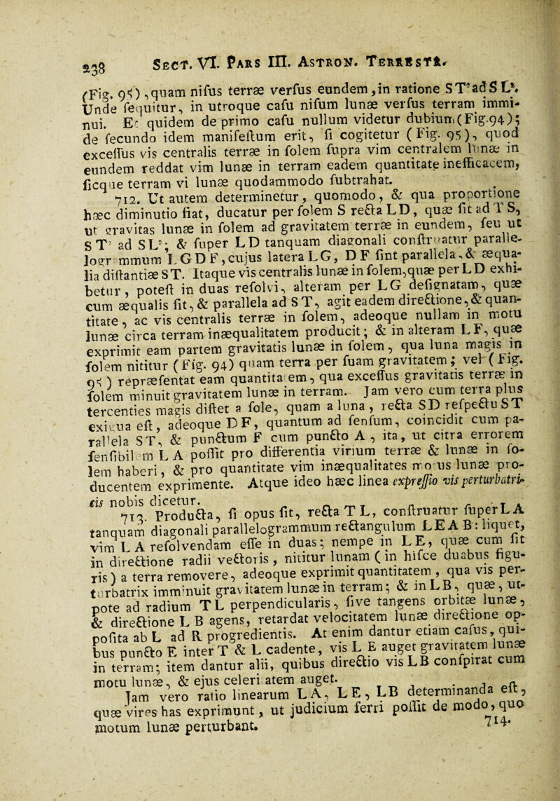 rFie. 95) ,quam ni fus terræ verfus eundem,in ratione STadSL1. Unde fequitur, in utroque cafu nifum lunæ verfus terram immi¬ nui. Ec quidem deprimo cafu nullum videtur dubium (Fig-94); de fecundo idem manifeftum erit, fi cogitetur (Fig. 95), quod exceflus vis centralis terræ in folem fupra vim centralem lunæ in eundem reddat vim lunæ in terram eadem quantitate inefficacem, ficque terram vi lunæ quodammodo fubtrahat. 712. Ut autem determinetur, quomodo, & qua proportione hæc diminutio fiat, ducatur per folem S re£la LD, quæ lit ad I S, ut gravitas lunæ in folem ad gravitatem terræ in eundem, feu ut ST! ad SL'* &* fuper LD tanquam diagonali conftruatur paralle- ]ogr mmum LGDF,cujus latera LG, D F fint parallela,&_æqua- lia diftantîæ S T. Itaque vis centralis lunæ in folem,quæ per L D exhi¬ betur , potefi induas refolvi, alteram per LG defignatam, quæ cum æqualis fit ;&parallela ad S T, agit eadem direarone,&quan¬ titate , ac vis centralis terræ in folem, adeoque nullam in motu lunæ circa terram inaequalitatem producit ; & in alteram L F, quæ exprimit eam partem gravitatis lunæ in folem, qua luna magis in folem nititur ( Fig. 94) q«am terra per fuam gravitatem ; vel ( Fig. 05 ) repræfentat eam quantita em, qua exceflus gravitatis terræ in folem minuit gravitatem lunæ in terram. Jam vero cum terra plu£ tercenties magis diftet a fele, quam a luna, reûa SD refpectu ST exiuua eft adeoque DF, quantum ad fenfum, comcidit cum pa- ral'ela ST, & pun&um F cum punfto A , ita, ut citra errorem fenfibil rn LA poffit pro differentia vinum terræ & lunæ in fo¬ lem haberi, & pro quantitate vim inaequalitates motus lunæ pro¬ ducentem exprimente. Atque ideo hæc linea exprefio vis perturbata eis nobis dicetur. _ ^ r T . 7tq Produ&a, fi opus fit, reftaTL, conftruatur fuperLA tanquam diagonali parallelogrammum reftangulum LE A B : liquet, vim L A refolvendam effe in duas; nempe in LE, quæ cum 1 in direftione radii veftoris , nititur lunam ( in hifce duabus figu¬ ris) a terra removere, adeoque exprimit quantitatem , qua vis per¬ turbatrix imminuit gravitatem lunæ in terram; & m LB, quæ, ut- pote ad radium TL perpendicularis, fi ve tangens orbitae lunæ, & direftione L B agens, retardat velocitatem lunæ direthone op- nnfita ah L ad R progredientis. At enim dantur etiam cafus, qui¬ bus pun&o E inter T & L in terram; item dantur alii, quibus direaio visLB conlpirat cum motu lunæ, & ejus celeri atem auget. . , Tam vero ratio linearum LA, LE, LB determinanda eft, quæ Vires has exprimunt, ut judicium ferri poffit de modo, quo motum lunæ perturbant. ‘