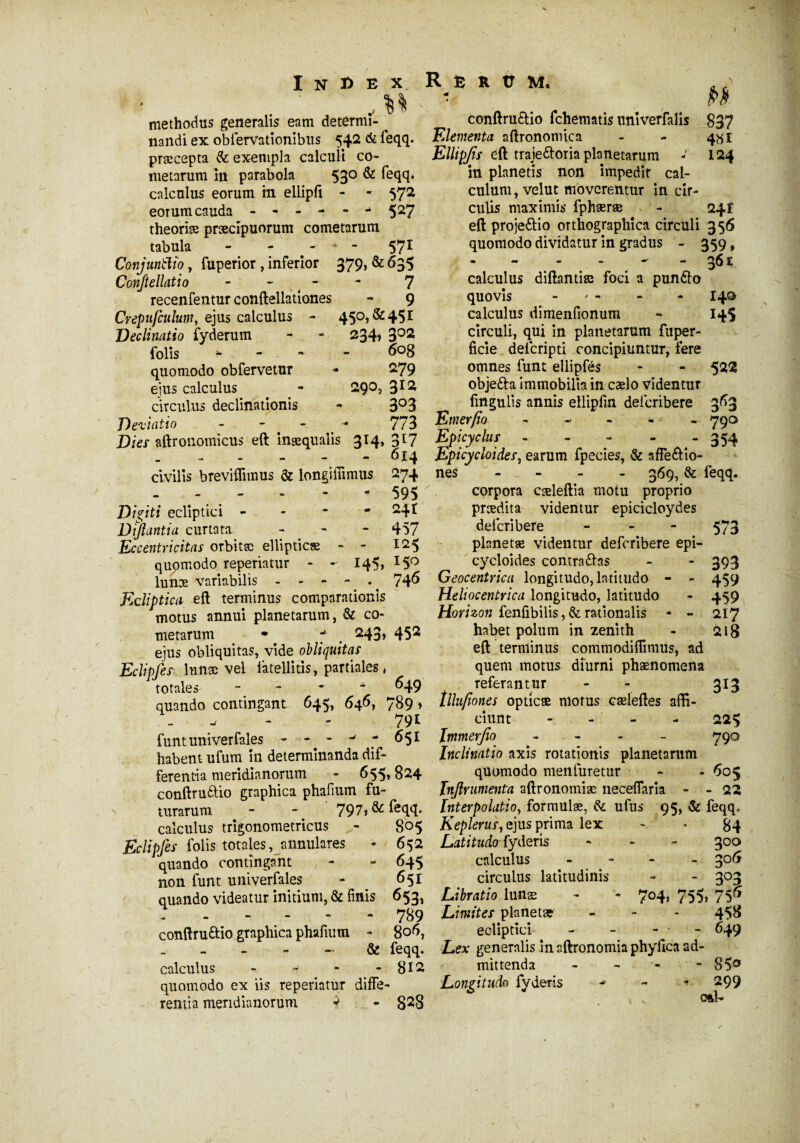 I InEex Rèrüm. ' methodus generalis eam determî- conftruaio fchetnatis unîverfalis 837 nandi ex obfervationibus 542 & feqq. Elementa aftronomica - - 481 præcepta de: exempla calculi co- Ellipfis dft trajefroria planetarum 124 metarum in parabola 530 & feqq* calculus eorum in ellipft - - 572 eoTum cauda - - - - - - 527 theoriæ praecipuorum cometarum tabula - - » - - 571 Conjuntlio, fuperior , inferior 379, & 635 Conftellatio - - - 7 recenfentur conftellationes - 9 in planetis non impedit cal¬ culum, velut moverentur ïn cir¬ culis maximis fphæræ - 24! eft projettio orthographica circuli 356 quomodo dividatur in gradus - 359, Crepufculuw, ejus calculus Declinatio fyderum folis * quomodo obfervetur ejus calculus circulus declinationis Deviatio 45°, & 451 234, 3°2 608 279 290, 312 3°3 773 calculus diftantiæ foci a pundlo quovis - calculus dimenfionum circuli, qui in planetarum fuper- ficie deicripti concipiuntur, fere omnes funt ellipfés objefta immobilia in cælo videntur lingulis annis ellipfm deicribere Enterfio 361 140 H5 522 3rt3 790 354 civilis breviflimus & longiffimus Digiti ecliptici - Dijlantia curtata Eccentricitas orbitæ ellipticæ quomodo reperiatur - - lunæ variabilis - - - - . Eclipticii eft terminus comparationis motus annui planetarum, & co¬ metarum •. 7 243» ejus obliquitas, vide obliquitas Eclipfes lunæ vel iatellitis, partiales ( totales' - -  quando contingant 645, 646, 274 - 595 - 24 r - 457 125 145, x5° Dies aftronomicus eft inæqualis 3r4» 3[7 Epicyclus - - - - 614 earum fpecies, & affè&îo- nes 369, & feqq. corpora cæleftia motu proprio prædita videntur epicicloydes deicribere - planetæ videntur defcribere epi- cycloides contrarias 746 Geocentrica longitudo, latitudo - - Heliocentrica longitudo, latitudo Horizon fenfibilis, & rationalis - - habet polum in zénith eft terminus commodiftimus, ad quem motus diurni phaenomena . referantur tllu/iones opticae morus cæleftes affi¬ ciunt - - - - Immerfio - Inclinatio axis rotationis planetarum qUomodo ment uretur Tnjlrumenta aftronomiæ neceflaria - turarum - - 797, & feqq. Interpolatio, formulæ, & ufus 95, & feqq. calculus trigonometricus - 805 Keplerus, ejus prima lex - - 84 Eclipfes folis totales, annulares - 652 Latitudo fyderls - » - 300 quando contingant - - 645 calculus * 3°^ non funt univerfales - 651 # circulus latitudinis - - 303 quando videatur initium, & linis 653, Libratio lunæ - - 7°4> 755> 75^ 789 Limites planetar - - - 458 conftru&io graphica phafium - 806) ecliptici - - - - 649 - & feqq. Lex generalis in aftronomia phylica ad- calculus - i - - 812 mittenda - - - - 85® quomodo ex iis reperiatur diffe- Longitudo fyderis * - - 299 rentia meridianorum * ■. - 828 452 649 789» 79* funt univerfales - - - w 7 ^5* habent ufum in determinanda dif¬ ferentia meridianorum - 655» 824 conftru&io graphica phafium fu- 573 393 459 459 217 218 313 22$ 790 605 • 22 ï