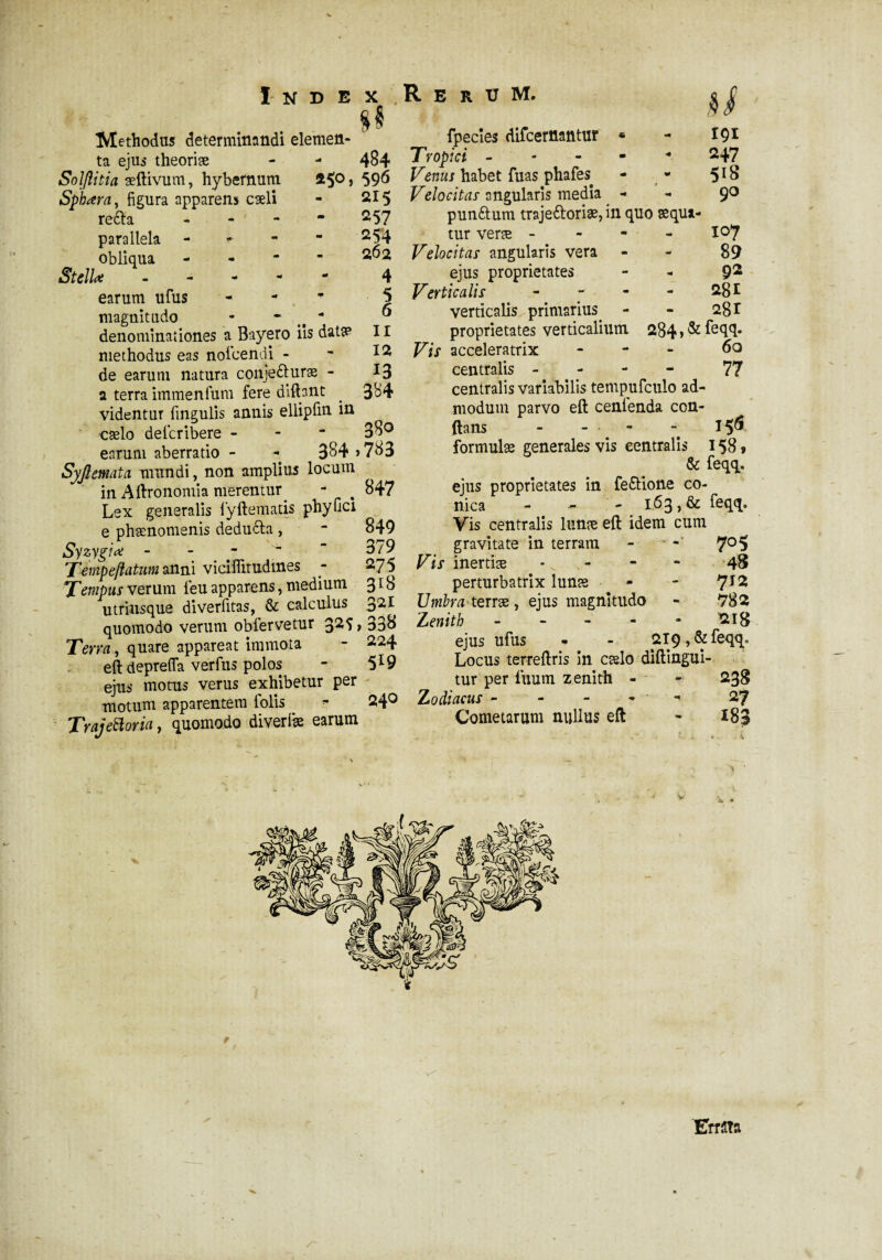 Methodus determinandi elemen¬ ta ejus theoriæ - - 484 Solflitia aeftivum, hybernum *5° > 59^ Sphara. figura apparens cæli - 215 refla - 257 parallela - *■ - “ 2 54 obliqua W2 Stella ----- 4 earum ufus - 5 magnitudo - “ - ° denominationes a Bayero iis data? II methodus eas nofcendi - • de earum natura conjeflurse - I3 a terra immenfum fere diftant 384 videntur fmgulis annis ellipfin in cælo defcribere - ^ 38° earum aberratio - - 384 >783 Syjlemata mundi, non amplius locum in Aftronomia merentur - # 847 Lex generalis fyftematis phy (ici e phaenomenis dedufla , - 849 Sy zygia - - -   379 Tempeftatum anni vicilfi.tudi.nes - 27 5 Tempus verum feu apparens, medium 318 u tritis que diverfitas, & calculus £21 quomodo verum obfervetur 325,338 Terra, quare appareat immota - 224 eft deprefla verfus polos - 5I9 ejus motus verus exhibetur per motum apparentem folis •* 24° Trajetlork, quomodo diverfæ earum fpecies difcernantur * - *9* Tropici ----- 247 Venus habet fuas phafes. - - 51S Velocitas angularis media - - 90 punftum traje&oriae, in quo æqui tur veræ - Velocitas angularis vera ejus proprietates Verticalis - verticalis primarius. - proprietates verticalium 284 > & Vis acceleratrix - 60 centralis - 77 centralis variabilis tempufculo ad- 107 89 92 281 28 r modum parvo eft cenlenda con¬ flans - - - - formulæ generales vis centralis 158, & feqq. ejus proprietates in fe&ione co¬ nica - - - . 163 , & feqq. Vis centralis lunæ eft idem cum gravitate in terram 7° 5 Vis inertiæ - v- - - 48 perturbatrix lunæ • - 712 Umbra terrae, ejus magnitudo - 782 Zenith - - - - - 218 ejus ufus - - 219, & feqq. Locus terreftris in cælo diftingui- tur per luum zénith - - 238 Zodiacus - - - - 27 Cometarum nullus eft - 183 r V Err5Ta