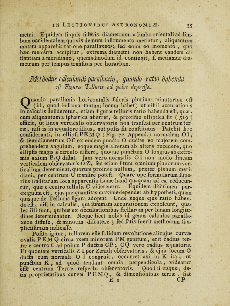 metri. Equidem li quis fideris diametrum a limbo orientali ad lim¬ bum occidentalem quovis demum inftrumento metiatur , aliquantum mutata apparebit ratione parallaxeos; fed enim eo momento , quo hæc menfura accipitur , extrema diametri non habent eandem di- ftantiam a meridiano, quemadmodum id contingit, li metiamur dia¬ metrum per tempus tranlitus per horarium. Methodus calculandi parallaxin, quando ratio habenda eft Figurœ Telluris ad polos deprejjæ. Quando parallaxis horizontalis fideris plurium minutorum eft (id, quod in Luna tantum locum habet) ut nihil accurationis in calculis delideretur, etiam figurae telluris ratio habenda eft, quæ , cum aliquantum a fphærica aberret, & proxime elliptica lit ( 519 ) efficit, ut linea verticalis obfervatoris non tranfeat per centrum ter- ræ, nili is in æquatore illius, aut polis lit conftitutus. Patebit hoc conlideranti, in ellipliPEMQ ( Fig. 77 Append.) normalem 01, & femidiametrum O C ex eodem punélo O ductas eo majorem com¬ prehendere angulum, eoque magis alteram ab altera recedere, quo elliplis magis a circulo differt, quoque punétum O longius ab extre¬ mis axium P, Q diftat. Jam vero normalis Oi non modo lineam verticalem obfervatoris OZ, fed etiam litum omnium planorum ver- ticalium determinat,quorum proinde nullum, præter planum meri¬ diani, per centrum C tranfire poteft. Quare ope formularum fupe- rius traditarum loca apparentia Lunæ haud quaquam ad ea reducun¬ tur, quæ e centro tellulis C viderentur. Equidem difcrimen per¬ exiguum eft, ejusque quantitas maxime dependet ab liypotheii, quam quisque de Telluris figura adoptat. Unde neque ejus ratio haben¬ da eft, nili in calculis, quifummam accurationem expofcunt, qua¬ les illi funt, quibus ex occultationibus ftellarum per lunam longitu¬ dines determinantur. Neque licet nobis id genus calculos paralla- xeon diffufe, & minutim difcutere ; fed fatis fuerit methodum lim- plicilfimam indicaffe. Polito igitur, tellurem efle folidum revolutione alicujus curvæ ovalis PEM Q circa axem minorem PM genitum, erit radius ter- ræ e centro C ad polum P duéius CP ; CQ vero radius æquatoris. Et quoniam verticalis Z I per Zenith obfervatoris , & ejus locum O du&a cum normali O I congruit, occurret axi in K ita , ut pun&um K , ad quod tendunt omnia perpendicula, videatur efle centrum Terræ. refpeétu obfervatoris. Quod li itaque, da¬ tis proprietatibus curvæ PEMQ, & dimenfionibus terræ , liat E 2 CP