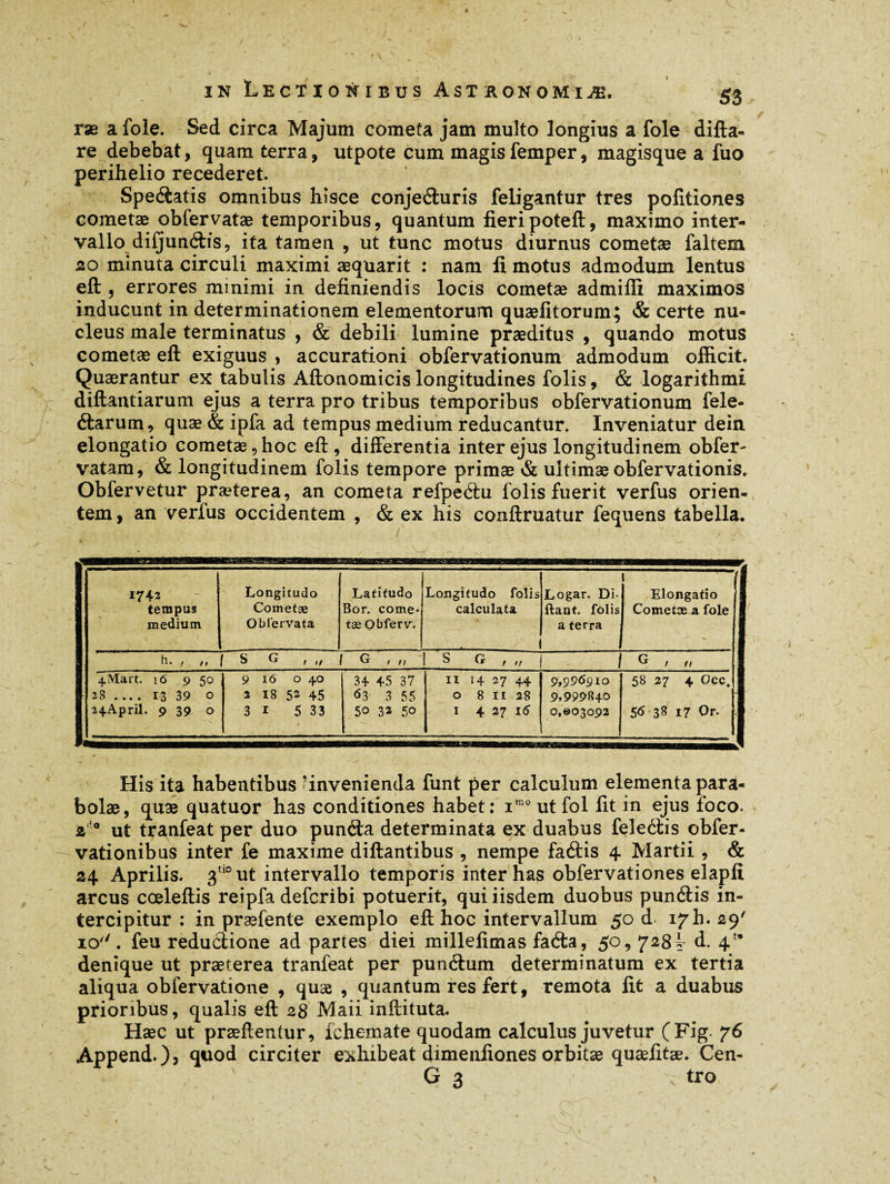 » in Lectionibus Astkonomiæ, ræ a foie. Sed circa Majum cometa jam multo longius a fole difta- re debebat, quam terra, utpote cum magisfemper, magisque a fuo perihelio recederet. SpecSatis omnibus hisce conje&uris feligantur tres politiones cometæ obfervatae temporibus, quantum fieripoteft, maximo inter¬ vallo difjunétfs, ita tamen , ut tunc motus diurnus cometas faltem 20 minuta circuli maximi æquarit : nam fi motus admodum lentus eft , errores minimi in definiendis locis cometae admiffi maximos inducunt in determinationem elementorum quaefitorum; & certe nu¬ cleus male terminatus , & debili lumine praeditus , quando motus cometae eft exiguus , accurationi obfervationum admodum officit. Quaerantur ex tabulis Aftonomicis longitudines folis, & logarithmi diftantiarum ejus a terra pro tribus temporibus obfervationum fele- élarum, quæ & ipfa ad tempus medium reducantur. Inveniatur dein. elongatio cometae, hoc eft , differentia inter ejus longitudinem obfer- vatam, & longitudinem folis tempore primae & ultimae obfervationis. Obfervetur præterea, an cometa refpeftu folis fuerit verfus orien¬ tem , an verfus occidentem , & ex his conftruatur fequens tabella. 1742 tempus medium Longitudo Cometæ Obi'ervata Latitudo Bor. corne* tæ Obferv. Longitudo folis calculata Logar. Di- ftant. fôlis a terra ( Elongatio Cometæ a foie h. „ f S G , „ 1 G , „ 1 S G 771 / G , „ 4. iVLart. 16 9 50 23- 13 39 0 I 24April. 9 39 0 9 16 0 40 2 18 5s 45 3i 5 33 34 45 37 <53 3 55 5o 32 50 11 14 27 44 0 8 H 28 I 4 27 16 9,996910 9.999840 0,003092 58 27 4 Occ, 56 38 17 Or. - His ita habentibus 'invenienda funt per calculum elementa para¬ bolae, quæ quatuor has conditiones habet: imo ut fol fit in ejus foco. z ° ut tranfeat per duo pumfta determinata ex duabus feleéiis obfer- vationibus inter fe maxime diftantibus , nempe faétis 4 Martii , & 24. Aprilis. 3liout intervallo temporis inter has obfervationes elapli arcus cceleftis reipfa defcribi potuerit, qui iisdem duobus punélis in¬ tercipitur : in præfente exemplo eft hoc intervallum 50 d 17 h. 29' io''. feu reductione ad partes diei millefimas fa<5ta , 50, 7281- d. 4'* denique ut praeterea tranfeat per punétum determinatum ex tertia aliqua obfervatione , quæ , quantum res fert, remota fit a duabus prioribus, qualis eft 28 Maii inftituta. Hæc ut præftentur, fchemate quodam calculus juvetur (Fig. 76 Append.), quod circiter exhibeat dimenfiones orbitæ quæfitæ. Cen- G 3 tro