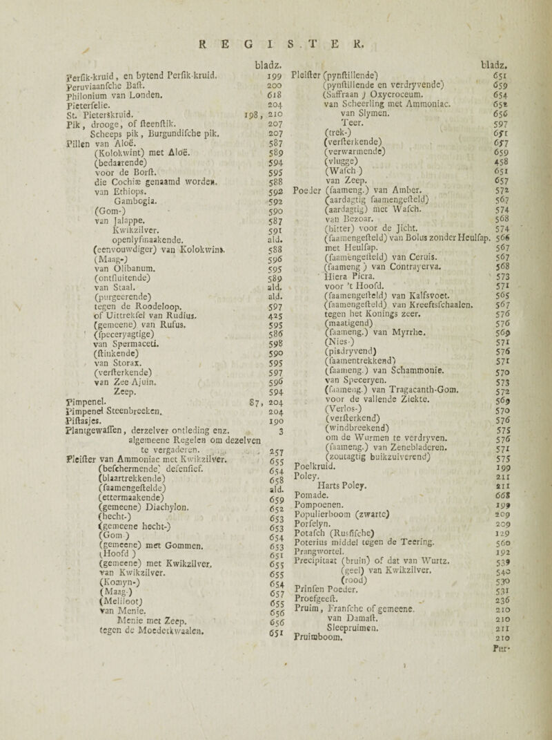 bladz. Perfik-kruid, en bytend Perfik-kruid. 199 peruviaanfche Baft. 200 philonium van Londen. 618 Pieterfelie. 204 St. PieterSkruid. 198, 210 Pik, drooge, of fteenftik. 207 Scheeps pik , Burgundifche pik. 207 Pillen van Aloë. 587 (Kolokwint) met Aloë. 589 (bedaarende) 594 voor de Borft. 595 die Cochise genaamd worde». 588 van Ethiops. 592 Gambogia. 592 (Gom-) ' 590 van Jalappe. 587 Kwikzilver. 591 openlyfmaakende. aid. (eenvouwdiger) van Kolokwint 588 (Maag-; 596 van Olibanum. 595 (ontfluitende) 589 van Staal. aid. (purgeerende) aid. tegen de Roodeloop. 597 of Uittrekfel van Rudius. 425 (gemeene) van Rufus. 595 1 (fpeceryagtige) 58 6 van Spermaceti. 598 (Hinkende) 59° van Storax. 595 (verfterkende) 597 van Zee Ajuin. 596 Zeep. 594 Pimpenel. 87, Pimpend Steenbreeken. Piftasjes. Plantgewaffen, derzelver ontleding enz. algemeene Regelen om dezelven te vergaderen. . . , Pleifter van Ammoniac met Kwikzilver, (befchermendej defenfief. (blaartrekkende) (faamengeftelde) (ettermaakende) (gemeene) Diachylon. (hecht-) (gemeene hecht-) (Gom ) (gemeene) met Gommen. ^Hoofd ) (gemeene) met Kwikzilver, van Kwikzilver. (Komyn-) (Maag-) (Meliloot) van Menie. Menie met Zeep. tegen de Mocderkwaalen. 204 204 190 3 257 655 654 658 aid. 659 652 653 653 654 653 651 <555 655 654 657 655 65 6 656 651 tladz, Pleifter (pynftillende) C51 (pynftil lende en verdryvendc) Ó59 (Saffraan ) Oxycroceum. 654 van Scheerling met Ammoniac. 652 van Slymen. 656 Teer. 597 (trek-) 6f t (verfterkende) CS 7 (verwarmende) 659 (vlugge) 458 (Wafch) 651 van Zeep. 657 Poeier (faameng.) van Amber. 572 (aardagtig faamengefteld) 567 (aardagtig) met Wafch. 574 van Bezoar. 568 (bitter) voor de Jicht. 574 (faamengefteld) van Bolus zonder Heulfap. 566 met Heulfap. 567 (faamengefteld) van Ceruis. 567 (faameng ) van Contrayerva. 568 Hiera Picra. 573 voor ’t Hoofd. 571 (faamengefteld; van Kalfsvoet. 5ÖS (faamengefteld) van Kreeftsfchaalen. 567 tegen het Konings zeer. 576 (maatigend) 576 (faameng.) van Myrrhc. 569 (Nies-) 571 (pisdryvend) 576 (faamentrekkend) 57r (faameng.) van Schammonie. 570 van Speceryen. 573 (faameng.) van Tragacanth-Gom. 572 voor de vallende Ziekte. 569 (Verlos-) 570 (verfterkend) 576 (windbreekend) 575 om de Wurmen te verdryven. 576 (faameng.) van Zenebladeren. 571 (zoutagtig buikzuiverend) 575 Poelkruid. 199 Poley. 2ir Harts Poley. 211 Pomade. <568 Pompoenen. 199 Populierboom (zwarte) 209 Porfelyn. 209 Potafch (Rusfifche) 129 Poterius middel tegen de Teering. 560 Prangwortel. 192 Precipitaat (bruin) of dat van Wurtz. 539 (geel) van Kwikzilver. 540 (rood) 530 Prinfen Poeder. 531 Proefgeeft. 236 Pruim, Franfcbe of gemeene, 210 van Damaft. 210 Sleepruimen. 211 Pruimboom. 210 Per* 1