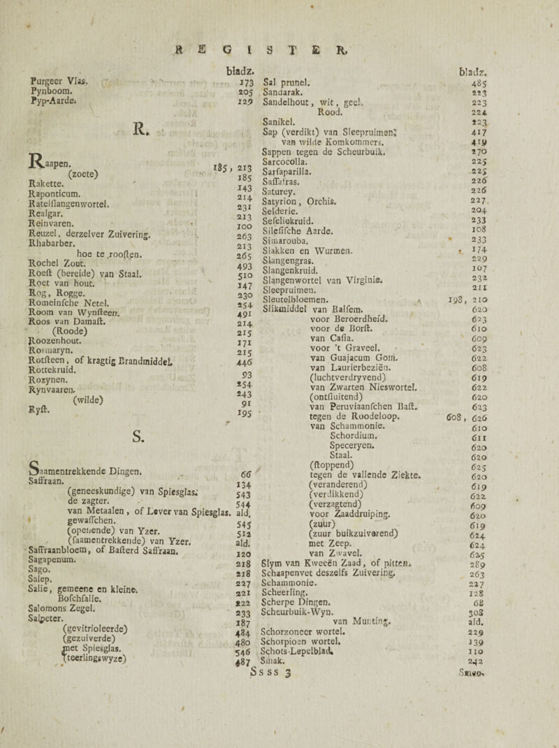 Purgeer Vlas, Pynboom. Pyp’Aardei R, : Raapen. (zoete) Rakette. Raponticum. Ratelllangemvortel. Realgar. Reinvaren. Reuzel, derzelver Zuivering. Rhabarber. hoe te ,rooften. Rochel Zout. Roeft (bereide) van Staal. Roet van hout. Rog, Rogge. Romeinfche Netel. Room van Wynfteen. Roos van Damaft. (Roode) Roozenhout. Rosiuaryn. Rotfteen, of kragtig Brandmiddel Roctekruid. Rozynen. Rynvaaren, (wilde) Ryft. bladz. 173 205 129 x85i 213 185 143 214 231 213 100 263 213 265 493 510 347 230 254 491 214 215 171 215 44<S 93 254 243 91 m Saamentrekkende Dingen. Saffraan. (geneeskundige) van Spiesglas.’ de zagter. van Metaalen , of Lever van Spiesglas, gewaffchen. (openende) van Yzer. x (faamentrekkende) van Yzer. Saffraanbloem, of Bafterd Saffraan. Sagapenum. Sago. Salep. Salie, gemeene en kleine, Bofchfalie. Salomons Zegel. Salpeter. (ge vitriol eerde) (gezuiverde) met Spiesglas. Tteerlingswyze) 66 134 543 544 aid. 545 512 aid. 120 218 218 227 221 *22 233 187 484 480 546 487^ Sal primel. Sandarak. Sandelhout, wit, geel. Rood. Sanikel. Sap (verdikt) van SleepruimenJ van wilde Komkommers. Sappen tegen de Scheurbuik. Sarcocolla. Sarfaparilla. Saffafras. Saturey. Satyrion, Orchis. Selderie. Sefeliekruid. Silefifche Aarde. Simarouba. Slakken en Wurmen. Slangengras. Slangenkruid. Slangenwortel van Virginie. Sleepruimen. Sleutelbloemen. * Sükuiiddel van Balfem. voor Beroerdheid. voor de Borft. van Cafia. voor ’t Graveel. van Guajacum Goui. van Laurierbeziën. (luchtverdryvend) van Zwarten Nieswortel. (ontfiuitend) van Peruviaanfchen Baft, tegen de Roodeloop. van Schammonie. Schordium. Speceryen. Staal. (floppend) tegen de vallende Ziekte, (veranderend) (verdikkend) (verzagtend) voor Zaaddruiping. (zuur) (zuur buikzuiverend) met Zeep. van Zwavel. Slym van Kweeën Zaad, of pitten. Schaapenvet deszelfs Zuivering. Schammonie. Scheerling. Scherpe Dingen. Scheurbuik-Wyn. van Munting, Schorzoneer wortel. Schorpioen wortel. Schots Lepelblad, Smak. S SS 3 bladz, 48s 223 223 224. 223 417 4iy 270 225 225 226 22 6 227 204 233 108 233 , 174 229 107 232 211 198, 210 620 623 610 609 623 622 608 619 6 22 620 <523 60S, 626 61 o 611 6 20 620 625 620 619 6 22 609 620 619 624 624 62,5 289 263 227 128 68 30S aid. 229 239 110 242 t t