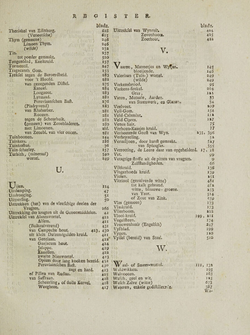 REG I Theriakel van Edinburg. bladz. 618 (Veneetiche) 615 Thym (gemeene) 24 6 Limoen Thym. 246 (wilde) 232 Tin. 237 tot poeder gemaakt. 520 Tongenblad, Keelkruid. 157 Tormentil. 247 Tragacanth Gom. 153 Trekfel tegen de Beroerdheid, voor ’t Hoofd. 283 282 van gezegenden Diftel, 275 Kaneel. 284 Loogzout. 283 Lynzaad. 282 Peruviaanfchen Baft. 27 <5 (Pisdryvend) 233 van Rhabarber. 281 Roozen. 281 tegen de Scheurbuik. 282 (gemeen) van Zenebladeren. 280 met Limoenen. aid. van Zenebl. van vier oneen. 281 Tuinboonen. 144 Tuinkers. 186 Tuinkoftus. 7 6 Tuin-fcharley. 157 Turbith, (mineraal) 540 wortel. 249 U. VJijen. 124 Uitdamping. 47 Uitdrooging. 51 Uitperfing. 50 Uittrekken (het) van de vleefchige deelen der Vrugten. 2 66 Uittrekking der kragten uit de Geneesmiddelen. 4.2 Uittrekfel van Alantswortel. 422 Alfem. 421 (Buikzuiverend) 431 van Campeche hout. 423, 430 uit klein Duizendgulden-kruid* 421 van Gentiaan. 422' Guajacum hout. 424 Jalappe. 429 Kamillen. 422 zwarte Nieswortel. 423 Opium door lang kooken bereid. 432 Peruviaanfchen Ball. 430 zagt en hard, 423 of Pillen van Rudius. 425 van Saffraan. 428 Scheerling, of dolle Kervel. 418 Weegbree. 417 STER. bladz. Uittrekfel van Wynrutf. 424 Zevenboom. 423 Zoethout. 422 V. \^aaren, Mannetjes en Wyfjes.. 145 bloeijende. 146 Valeriaan (Tuin-) wortel. 249 (wilde) 249 Varkensbrood. 9S Varkens-fenkel. 204 Gras, 1*4 Vaten, Metaale, Aarden. 33 van Steenwerk, ea Glazen* 34 Veelvoet. 409 Veil-Gom. 154 Veld-Calamint. I I 4 Veld-Cipres. 1*7 Venus hair. 75 Verbeen-Kaasjes kruid. 77 Verbeeterde Geeft van Wyn. *35 > 39<S Verbryzeling. ** Vermiljoen, door kunft gemaakt. 5*7 van Spiesglas. 55? Verrotting, de Leere daar van opgehelderd. 17, 18 Vet. 99 Vetagtige ftoffe uit de pitten van vrugten. 9 Zelfftandigheden. 66 Viltkruid. 136 Vlngerhoeds kruid. 139 Violen. *51 Vitriool (gezuiverde witte) 481 tot kalk gebrand. 484 witte, blaauwe- groene, van Yzer. *53 514 of Zout van Zink. *59 Vlas (gemeen) 173 Vlaskruid. 173 Vlierboom. 422 Vlooi-kruid. 199, 411 Vogelfteen. 174 Vrouwenhaair (Engelfch) 247 Vyfblad. 199 Vygen. 1 20 Vylfel (bereid) van Staal. 510 W, aal- of Smeer-wortel. III, 13* VValdwikken. 195 Walnooten. I63 Wafch, geel en wit. i*5 Wafch Zalve (witte) 6 73 Wateren, enkele gediftilleerde. 387 Wa*