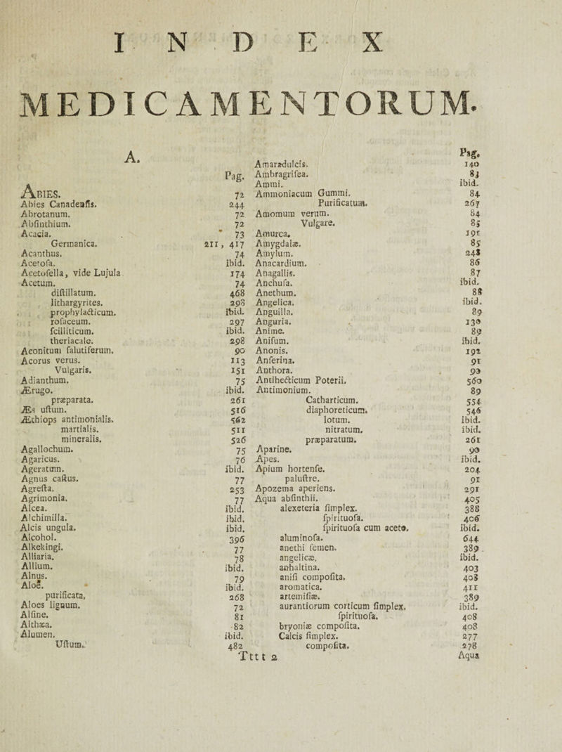 t • MEDICAME NTORUM. A • : • • : /is Amaradulcis. 140 Abies. Pag. Ambragrifea. Ammi. 84 ibid. 72 Ammoniacum Gummi. 84 Abies Canadeofis. 244 Purificatuifl. 267 Abrotanum. 72 Amomum vertim. 84 Abfinthium. 72 Vulgare. 85 Acacia. * 73 Am urea. 19t Gennanica. 211, 417 Amygdala;. 85 Acanthus. 74 Amylum. 24S Acetofa, ibid. Anacardium. 85 Acetofella, vide Lujula 174 Anagallis. 87 Acetum. 74 Anchufa. ibid. diftillatum. 468 Anethum. 88 lithargyrites. 290 Angelica. ibid. prophylaflicum. ibid. Anguilla. 89 rofaceum. 297 Anguria. 130 fcilliticum. ibid. Anime. 89 theriacale. 298 Anifum. ibid. Aeonitum falutiferum. 90 Anonis. 192 Acorus verus. JI3 Anferina. 9* Vulgaris. 151 Anthora. 93 Adiamhum. 75 Antibe&icum Poterii. 560 aErugo. ibid. Antimonium. 89 prseparata. 261 Catharticum. 554 ALs uftuin. 5i6 diaphoreticum. 546 iEthiops antimonialis. 562 lotum. ibid. martialis. 5II nitratum. ibid. mineralis. 526 prasparatum. 26t Agallochum. 75 Aparine. 90 Agaricus. 'i 76 .Apes. ibid. Ageratuin. ibid. Apium hortenfe. 204 Agnus caftus. 77 paluftre. 91 Agrefta. 253 Apozema aperiens. 291 Agrimonia, 77 Aqua abfinthii. 405 Alcea. ibid. alexeteria fimplex. 388 Alchimilla. ibid. fpirituofa. 4C<5 Alois ungula. ibid. fpirituofa cum aceta. ibid. Alcohol. 396 aluminofa. 644 Alkekingi. 77 anethi femen. 389 Alliaria. 78 angelica;. ibid. Allium. ibid. anhaltina. 403 Alnus. . . JR ‘ 79 anifi compofita. 403 Aloe. ibid. aromatica. 41 r purificata, 268 artemifiae. 389 Aloes lignum. 72 aurantiorum corticum fimplex. ibid. Alfine. 81 fpirituofa. 408 Althaea. 82 bryonias compofita. 408 Alumen. ibid. Calcis fimplex. 277 Uilutn,. N CQ compofita. 278 Tttt 2 Aqua -4