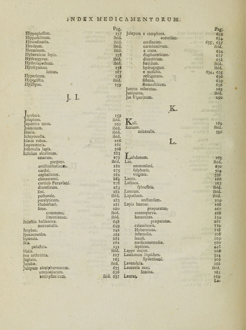 Hippogloflum. Hippo fel inum. Hirundinaria. Hordeum. Horminum. Hybernicus lapis. Hydrargyrus. Hydrolapithum. Hyofcyamus. luteus, Hypericum. Hypojciftis. Hyilopus. / Jacobxa. Jalapium. Japonica terra. Jasminum. Jberis. Ichtyocolla. Idams rubus. Imperatoria. Infernalis lapis. Infufum alcalinum. amarum. purgans. ibid. Lac. ibid. antifcorbuticu*:. 282 ammoniaci. 630 cardui. 275 fulphuris. 504 cephalicum. 282 virginis. 338 cinnamomi. 284 Lacca. 166 corticis Peruviani. 276 Laótuca. 167 diureticum. 283 fylveftris. ibid. lini. 282 I.amium. ibid. pe&orale. ibid. Lapathum. ibid. paralyticum. 283 unfluofutn^ 109- rhabarbari. 281 Lapis bezoar. 168 fen se. 2gO praparatus* 261 commune; ibid. contrayerva. 568 limoniatum. ibid. hematites. 154 Injettio balfamica. 648 priEparatus. 261 mercurialis. 649 ealaminaris. 312 Intybus. 142 Hybernicus. 158 Jpecacoanha. 161 infernalis. 508' Iquetaia. 281 lazuli. .. - 169 iris. 162 niedicamentofus. 560 paluilris. 151 fepticus. 445 Ifatis. ibid. Lappa major. 102 iva arthritica. 127 Laudanum liquidum. 324 juglans. 163 SydenhamL 30 6 jujubae. ibid. Lavendula. 168 juiepum alexipharmacum. 635 Laureola mas. ibid. ammoniacum. 636 femina. 381 smihyfteLcua. ibid. <537 Laurus, 169 La* Pag. 157 Juiepum e camphora. Pag.. 63$ ibid. acetofutn.- <>34 ibid. eardiacum. ^35» 637 ibid. carminativum. ibid. ibid. e creta. 634 158 diaphoreticum. 637 ibid. diureticum. 638 ibid. fcetidum. ibid. 158 hydragogum. ibid. 187 e mofcho. Ö34» <535 - 158 refrigerans. 63d ibid. Mens. 639 • 159 ftornachicum. 035 Juncus odoratus. 163 J. I. Juniperus. ibid. • *• J us Viper inum- 290 f • .V ' 159 ibid. 160 XVali. ibid. Kermes. ibid. mineralis. ibid. 216 161 508 283 y 279 JL/abdanum. K. 164. ibid. 55 P j(55