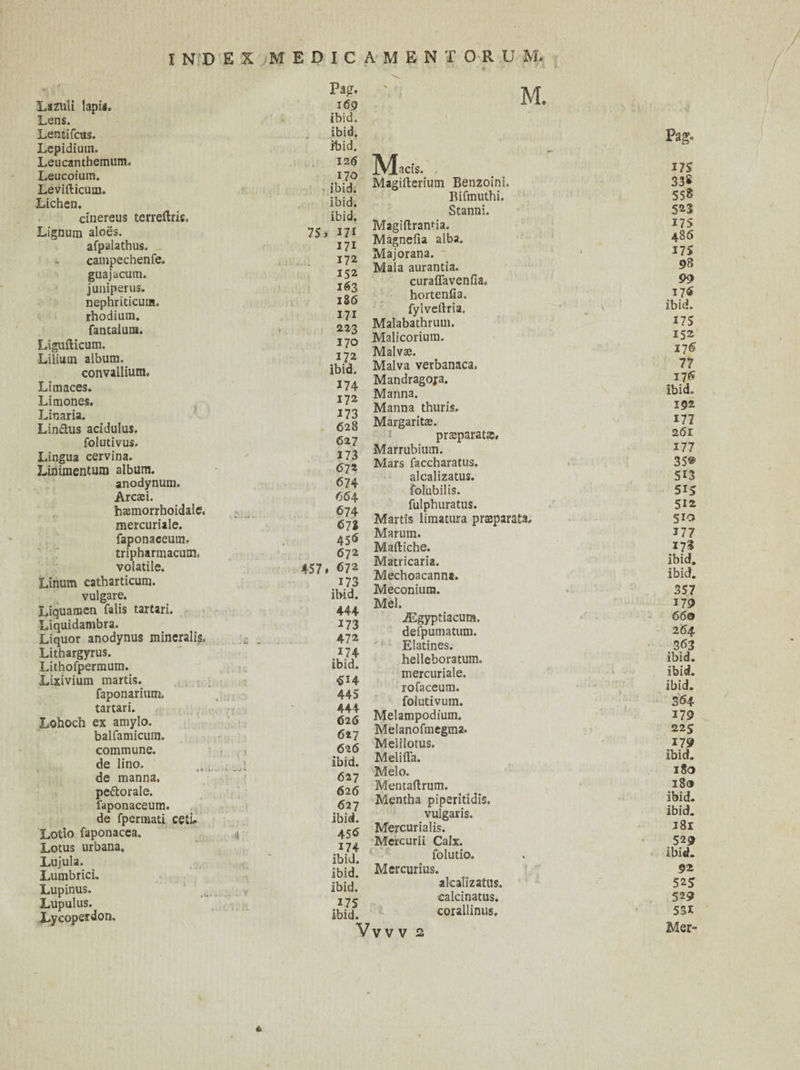 Pag. Lazuli lapis. 169 Lens. ibid. Lentifcus. ibid. Lepidium. ibid. Leucanthemum. 12 6 Leucoium. 170 Levifticum. ibid. Lichen. ibid. cinereus tcrreftris. ibid. Lignum aloes. 75 > 171 afpalathus. 171 campechenfe. 172 guajacum. 152 juniperus. 163 nephriticum. 186 rhodium. I7I fantaiura. > 223 Ligufticum. 170 Lilium album. 172 convallium. ibid. Li maces. 174 Limones. 172 Lin aria. 173 Lin&us acidulus. 628 folutivus. 627 Lingua cervina. m Linimentum album. <572 anodynum. 674 Arcasi. 66 4 haemorrhoidalc. 674 mercuriale. 671 faponaceum. 456 tripharmacuiiL 6 72 volatile. 457» 672 Linum catharticum. 173 vulgare. ibid. Liquannen falis tartari. 444 Liquidambra. 2 73 Liquor anodynus mincraUs, 5 . 472 Lithargyrus. 174 Lithofpermum. ibid. Lixivium martis. faponarium, 445 tartari. 444 Lohoch ex amylo. 626 balfamicum. 627 commune. 626 de lino. j ibid. de manna. 627 pectorale. 626 faponaceum. 627 de fpermati cetL ibid. Lotio faponacea. * 456 Lotus urbana. 174 Lujula. ibid. Lumbrici. ibid. Lupinus. .... ibid. Lupulus. 175 Lycoperdon. ibid. M. Pas. IV^acis. ns Magifterium Benzoini. 33s Bifmuthi. 558 Stanni. 523 Magiftrantia. 175 Magnefia alba. 480 Majorana. 1 ns Mala aurantia. 98 curaflavenfla. 99 hortenfia. 176 fylveftria. ibid. Malabathrum. ns Malicorium. 152 Malv®. 176 Malva verbanaca. 77 Mandragora. 176 Manna. ibid. Manna thuris. 192 Margaritse. m prasparatae. 261 Marrubium. 177 Mars faccharatus. 4v 35© alcalizatus. 513 folubilis. 515 fulphuratus. 512 Martis limatura prteparata. 51a Marum. 177 Maftiche. 173 Matricaria. ibid. Mechoacanna. ibid. Meconium. 11 ' * - 357 Mel. 179 Aigyptiacum. 660 defpumatum. 264, Elatines. 363 helleboratum. ibid. mercuriale. ibid. rofaceum. ibid. folutivum. 364 Melampodium. 179 Melanofmegma- > i ‘ 225 Melilotus. 179 MeliiTa. ibid. Melo. 180 Mentaftrum. 189 Mentha piperitidis. ibid. vulgaris. ibid. Mercurialis. 181 Mercurii Calx. 529 folutio. ibid. Mercurius. 92 alcalizatus. 523 calcinatus. 529 corallinus. 531 V V V 2 Mer-