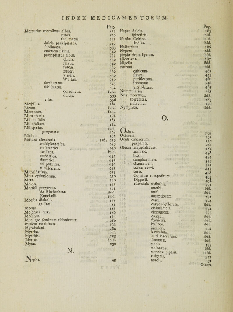 / Pag. Pag. eorrofivus albus. 532 Napus dulcis. 185 ruber. 530 fylveftris. ibid. fublimatus. 532 Nardus Celtica. ibid. dulcis prsecipitatus. 529 lndica. ibid. fublimatus. 533 Nafturtium. 186 emeticus fiavus. 540 Nepeta. ibid. praecipitatus albus. 537 Nephriticum lignum. ibid. dulcis. 539 Nicotiana. 187 ilavus. 540 Nigella. ibid. fufeus. 539 Nitrum. ibid. ruber. 530 cubicum. 487 viridis. 539 fixum. 443 WurtziL 539 purificatum. 480 faccharatus. 525 ftibiatum. 546 fublimatus. 532 vitriolatum. m j y. ;ï 484 eorrofivus. ibid. Nummularia. ffMj] j 189 dulcis. 533 Nux mofchata. ... j ibid. vitae. 556 torrefatta. 2 65 181 piftachia. 190 ibid. Nymphsea. ibid. Mefpilas. Meum. Mezereon. Mica thuris. Miliurn folis. Millefolium. Millepedaï. praeparatae. Minium. Miftura alexeteria. antidyfenterica. antiemetica. cardiaca. cathartica. diuretica. ad phthifin. e valeriana. Mithridatium. Miva cydoniorum. Mixa. Molon. Morfuli purgantes. de Rbabarbart. Kunckelii. Morfus diaboli. gallinae. Morus. Mofchata nux. Mofchus. Mucilago feminum cidonioruia. Mufcus maritimus. Myrobalani. Myrrha. Myrrhis. Myrtus. M yxa. Si8, ibid. 192. 181 182 ibid. 268 182 639 639 640 fbid. 641 642 640 641 614 350 230 145 584 ibid. ibid. 182 81 182 189 183 289 132 1S4 ibid. .ï8S ibid. 230 O. N. N apha. Ochra. Ocimum. Oculi cancrorum. prasparati. Oleum amygdalinum. animale, buxi. camphoratum. chamsemeli. cornu cervi. cerae. Copaivs compofitum. Dippelii. effentiale abfinthii. anethi, aniii. aurantiorum. carui. caryophylloruni. chamasmeli. cinnamomi. cymini. fceniculi. hyflopi. juniperi. Javendulas. lauri baccaruai. limonum. mac is. raajoranaj. menthte piperit. vulgaris. Beroli. 19* 191 116 26r 262 438 434 343 341 447 438 437 438 371 ibid. ibid. 272 374 ibid. 374. 375 ibid, ibid, ibid. .37$ ibid. ibid. ibid. 377 ibid. ibid. 377 91 Oicar*