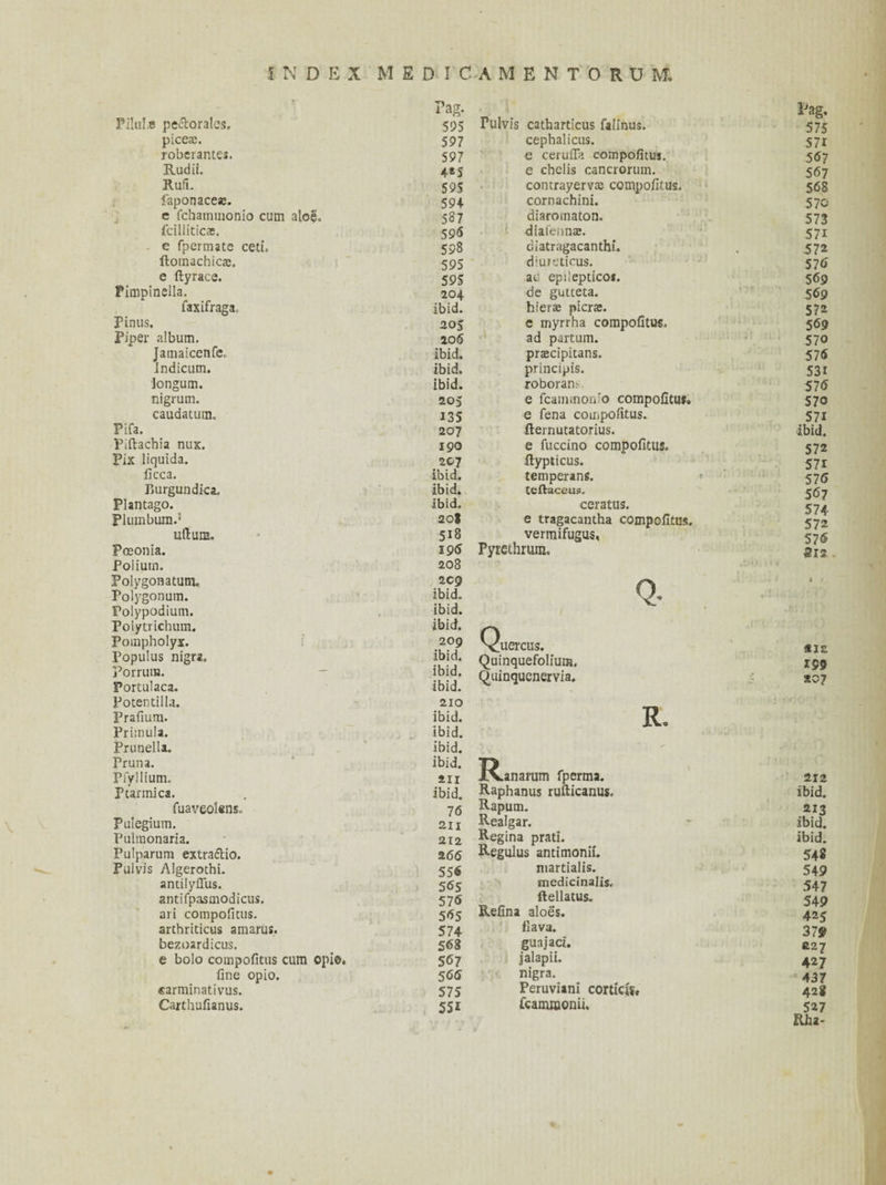 rag. Pag. Pilule pe&orales. 595 Pulvis catharticus falinus. 575 piceae. 597 cephalicus. 571 roberantes. 597 e cerufia compofitus. 567 Rudii. 4*5 e chelis cancrorum. 567 RuS. 59S contrayervas compofitus. 568 faponacesc. 594 cornachini. 570 e fchainuionio cum aloë. 587 diaromaton. 573 fcilliticas. 59<5 i dialeiinte. 571 e fpermate ceti. 598 diatragacanthi. 572 ftomachicae. 595 diureticus. 576 e ftyrace. 595 ad epileptico*. 569 Fimpineila. 204 de gutteta. 569 faxifraga. ibid. hierae picras. 572 Pinus, 205 c myrrha compofitus. 569 Piper album. 206 ad partum. 570 Jamaicenfe. ibid. prascipitans. 576 Indicum. ibid. principis. 53r longum. ibid. roboran.- 576 nigrum. 205 e fcaimnor/o compofitus* 570 caudatum. 135 e fena compofitus. 571 Pifa. 207 fternutatorius. ibid. Piftachia nux. 190 e fuccino compofitus. 572 Pix liquida. 2C-7 ilypticus. 57i ficca. ibid. tempering. 576 Eurgundica. ibid. teftaceus. 567 Plantago. ibid. ceratus. 574 Plumbum.' 20S e tragacantha compofitus. 572 uftum. 518 vermifugus, 576 Pceonia. 196 Pyrethrum. 212 . Polium. 208 Polygonatum. 2C9 A i • Polygonum. ibid. v* Polypodium. ibid. Polytrichum. ibid. Quercus. Pompholyx. 209 Populus nigra. ibid. •v • 1 Quinquefoliura. porruia. Portulaca. ibid. ibid. Quinquenervia, *07 Potentilla. 210 Prafium. ibid. R. Primula. ibid. Prunella. ibid. Pruna. ibid. T> Pfyllium. 211 XVanarum fperma. 212 Ptannica. ibid. Raphanus rufticanus. ibid. fuaveolens. 76 Rapum. 213 Pulegium. 211 Realgar. ibid. Pulmonaria. 212 Regina prati. ibid. Pulparum extraflio. 2 66 B-egulus antimonii. 54» Pulvis Algerothi. 556 martialis. 549 antilyffus. 565 medicinalis. 547 antifpasmodicus. 576 flellatus. 549 ari compofitus. 565 Refina aloes. 425 arthriticus amarus. 574 flava. 37 9 bezoardicus. 568 gunjaci. 227 e bolo compofitus cum opi©. 567 jalapii. 427 fine opio. 566 nigra. 437 «arminativus. 575 Peruvitni corticis. 428 Carthufianus. 551 fcammonii. 527 Rha-