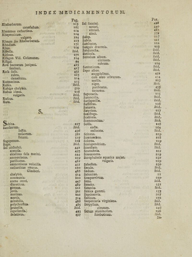 Pag. Rhabarbarum. 213 torrefa&um. 265 Rhammus catharticus. 214 Rhaponticum. 214 vulgare. 124 Rheum feu Rhabarbaruilk 213 Rhodium. 171 Rhus. 214 Ribefia. ibid. Ricinus. 272 Rifagon Vid. Cafumunar» 124 Rifigal. 94 Rob baccarum junipen. 425 fambuci. 417 Rofa folis. 431 rubra. 215 damafcena. 214 Rosmarinus. 21 s Rubia. ibid. Rubigo chalybis. 510 Rubus idaeus. 216 vulgaris. ' ,,,v' 'r ibid. Rufcus. ibid. Ruta. ibid. Jjtebina. 217 Saccharum. ibid. la&is. 4 96 rofaceum. 582 faturni. 519 Sagapenum. 218 Sago. ibid. Sal abfinthii. 442 acetofje. 493 alcalinus falis tnarini. 444 ammoniacus. ‘ 219 purificatus. 481 ammoniacus volatilis. 451 catharticus amarus. 220 Glauberi. 48Ö chalybis. 514 communis. 220 cornu cervi. 447 diureticus. 489 gemmae. 221 jovis. 521 marinus. 221 martis. 514 mirabilis. 4S6 polychreftus* 485 prunellae. ibid. rupellenfiSi] 493 fedativusw 497 Pa?:. Sal fuccini. 49S tartari. 440 vitrioli. 482 zinci. 559 Salep. 227 Salvia. 221 Sambucus. 222 Sanguis draconis. 223 Sandaracha, ibid. Sanicula. ibid. Santaium album. ibid. citrinum. ibid.- rubrum. -i • 224 Santonicura. ibid. Sapo albus. ibid. amygdalinus. 452 cum oleo olirarumv V 454 mollis. 225 niger. ibid. purificatus. 455 tarcareus. ibid. Saponaria. 225 Sarcocolla. ibid. Sarfaparillto ibid. Saffafras. 225 Satureia. ibid. Satyrium. 227 Saxifraga. ibid. Scabioia. ibid,. Scammoniunjv ibid. Scilla. 228 coda. 264 exficcata. ibid. Scincus. 229 Scoenanthus. 228 Sclarea. 229 Scolopendrium, ibid. Scordium. ibid. Scorodotis. 221 Scorzonera. 229 Scrophularia aquatica major* 230 vulgaris. 229 Sebeften. 230 Secale. ibid. Sedum. ibid. Selenites. 21 Sempervivuffi. 230 Sena. ibid. Seneka.- 231 Senecio. ibid. Senica gummi. i53 Septinervia. 20 j Sericum. 232 Serpentaria virginiana. ibid. Serpyllum. ibid. citratum. 246 Serum aluminofum. ■p- 296 fcorbuticum» . ibid.