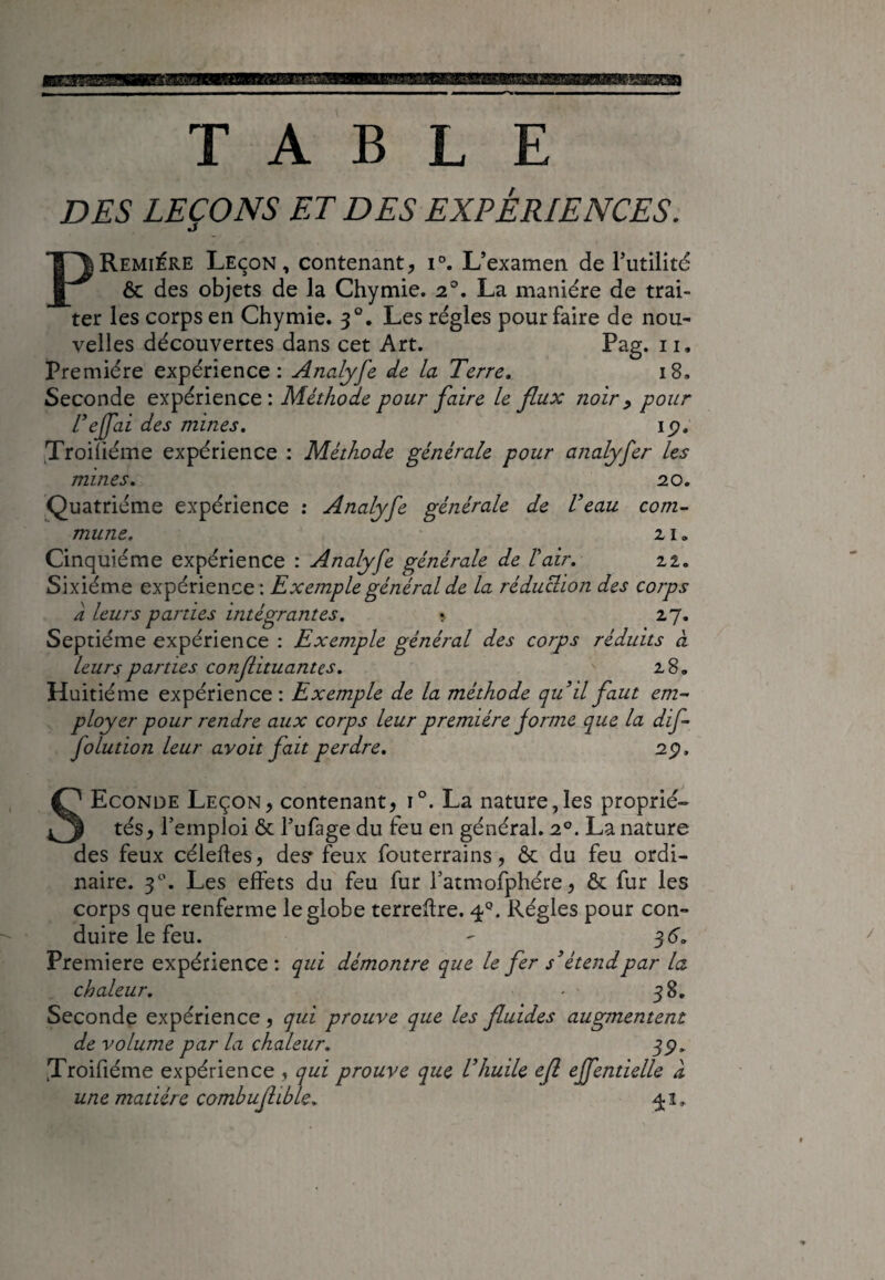 TABLE DES LEÇONS ET DES EXPERIENCES. Première Leçon, contenant, i°. L’examen de futilité & des objets de la Chymie. 20. La manière de trai¬ ter les corps en Chymie. 3°. Les régies pour faire de nou¬ velles découvertes dans cet Art. Pag. 11» Première expérience: Analyfe de la Terre. 18. Seconde expérience: Méthode pour faire le flux noir, pour l’ejfai des mines. 19. Troiiiéme expérience : Méthode générale pour analyfer les mines. 20. Quatrième expérience : Analyfe générale de Veau com¬ mune. 11 <, Cinquième expérience : Analyfe générale de l'air. zi. Sixième expérience: Exemple général de la réduction des corps à leurs parties intégrantes. > 27. Septième expérience : Exemple général des corps réduits à leurs parties conflituantcs. z8a Huitième expérience : Exemple de la méthode qu’il faut em¬ ployer pour rendre aux corps leur première forme que la dif- folution leur avoit fait perdre. 29, SEconde Leçon, contenant, i°. La nature,les proprié-* tés, l’emploi & l’ufage du feu en général. 20. La nature des feux céleftes, desr feux fouterrains, & du feu ordi¬ naire. 30. Les effets du feu fur l’atmofphére, & fur les corps que renferme le globe terreltre. 40. Régies pour con¬ duire le feu. - 3<5'„ Première expérience: qui démontre que le fer s’étend par la chaleur. • 38. Seconde expérience, qui prouve que les fluides augmentent de volume par la chaleur. 35?» [Troifiéme expérience , qui prouve que l’huile efl ejfentielle a une matière combuflible* % 2»