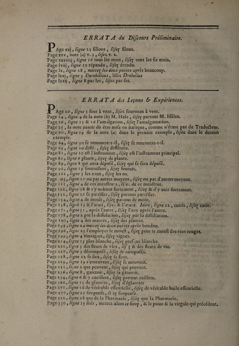 ERRATA du Difcours Préliminaire. PARc xxj, ligne 13 filions , lifez; filons. Page xxv, note (a) v. 5 , lifez v. 1. Page xxxviij , ligne 16 tous les mois , lifez; tous les fix mois. Page lviij, ligne 11 répandu , lifez; étendu. Page lx, ligne 18 , mettes les deux points apres beaucoup. Page Ixxj, ligne 3 Durebilicus , lifez, Drebelius Page lxxij , ligne 8 par les , lifez. par fes. ERRATA des L eçons & Expériences. P Age 10 , ligne 3 four à vent, lifez. fourneau à vent. Page 14 , ligne 4 de la note {h) M. Haie , life; partout M. Haies, Page 16 , ligne 15 & 1 6 l’amalgation , lifez; l’amalgamation. Page 3 3 , la note auroic du être mife en italique , comme n’étant pas du Traduéleur. Page 6o, ligne de la note (a) dans le premier exemple, lifez. dans le dernier exemple. Page 64 , ligne 30 fe remontre-t-il, lifez; fc rencontre-t-il. Page 69 , ligne 10 ditlé-, life£ différens. Page 81 , ligne 1 o eft T infiniment, lifez; efi l’inftrument principal. Page 81, ligne 6 plante, lije£ de plante. Page 89, ligne 8 qui aura dépofé, lifez; qui fe fera dépofé. Page 91, ligne 19 fournillent, lije; fournit. Page 101 , ligne 5 les eaux , lifez; les os. Page 05 , ligne z 1 ou par autres moyens, lifez; ou par d’autres moyens. Page iii, ligne 4 de ces menttru's , lifez. de ce menftrue. Page in, ligne 3 8 & s’y unirent fortement, lifef & d’y unir fortement. Page 131, ligne n fe putrifier, lifez; partout putréfier. Page 134, ligne 4 de moult, Hfe[ partout de moût. Page 138, ligne 1 j & Tarait, lije^ & Taracx. Idem , ligne zz , currie, lifez; carie. Page 17* , ligne 3 1 , après l’autre ,, lifez; Tune après l’autre. Page 178 , ligne 1 par la diifolution, life; par la dtfiillation. Page 1 90, ligne 4 des mantes , life; des plantes. Page 19 5 , ligne 14 mettez; les deux points apres bondon. Page 196, ligne 13 l’employer le moud , lifez; pour le moud des vins rouges. Page 199, ligne 4 vinaigres, life£ vignes. Page 114, ligne 1 3 plus blanche, life{ pref ]ue blanche. Page m , ligne 5 des fleurs de vins , HJ\ & des fleurs de vin. Page 117, ligne 3 décompofé , lifez de compofés. Page 118 , ligne 11 fe fait, lifez; fe font. Page 119 , ligne 19 s’emeuvent, life; fe meuvent. Page 131 5 If ne 1 que peuvent, lifeç qui peuvent. Page 13 6 , ligne 8 , gateroit, lifez; la gâreroir. Page M4» ligue 6 & 7 cueillere, lifez partout cuillère. Page 16 6, ligne 13 deglantier, lifez d’églantier Page 171 , ligne 1 6 de véritable elîentielle , life; de véritable huile eflTentielle. Tage 177 , ligne 13 firopeufe, li ef firupeufe. Page 311, ligne 18 que de la Pharmacie j lifez que la Pharmacie. l’age 330, ligne 13 ôtés , mettez alors ce firop , & le point & la virgule qui précédent.