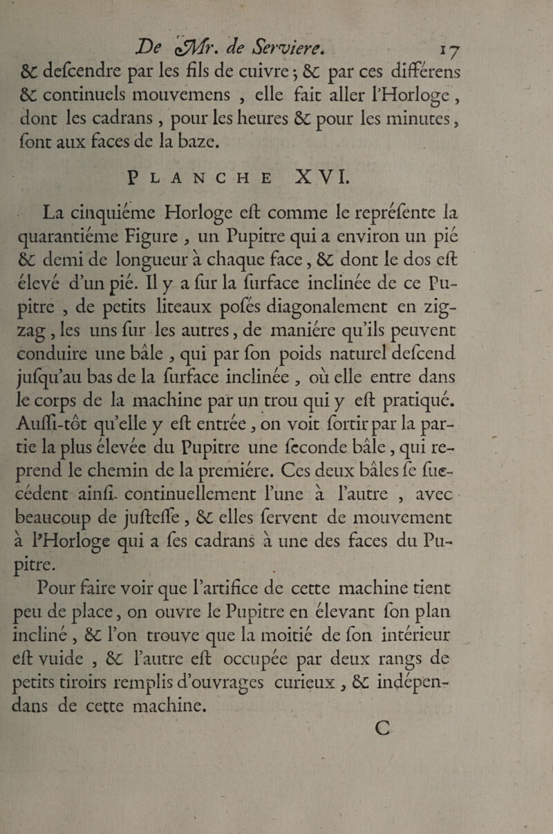 &C defcendre par les fils de cuivre *, 8c par ces différais &C continuels mouvemens , elle fait aller l'Horloge , dont les cadrans, pour les heures &C pour les minutes, font aux faces de la baze. Planche XVI. La cinquième Horloge eft comme le repréfente la quarantième Figure , un Pupitre qui a environ un pie &C demi de longueur à chaque face, 8C dont le dos eft élevé d’un pié. Il y a fur la furface inclinée de ce Pu¬ pitre , de petits liteaux pofés diagonalement en zig¬ zag , les uns fur les autres, de manière qu’ils peuvent conduire une baie qui par fon poids naturel defcend jufqu’au bas de la furface inclinée , où elle entre dans le corps de la machine par un trou qui y eft pratiqué. Auffi-tôt qu’elle y eft entrée , on voit fortirpar la par¬ tie la plus élevée du Pupitre une fécondé baie , qui re¬ prend le chemin de la première. Ces deux baies fe fuc- cédent ainfi. continuellement l’une à l’autre , avec beaucoup de jufteffe, &C elles fervent de mouvement à PHorloge qui a fes cadrans à une des faces du Pu¬ pitre. Pour faire voir que l’artifice de cette machine tient peu de place, on ouvre le Pupitre en élevant fon plan incliné , &C l’on trouve que la moitié de fon intérieur eft vuide , 8c l’autre eft occupée par deux rangs de petits tiroirs remplis d’ouvrages curieux , 8c indépen- dans de cette machine. C