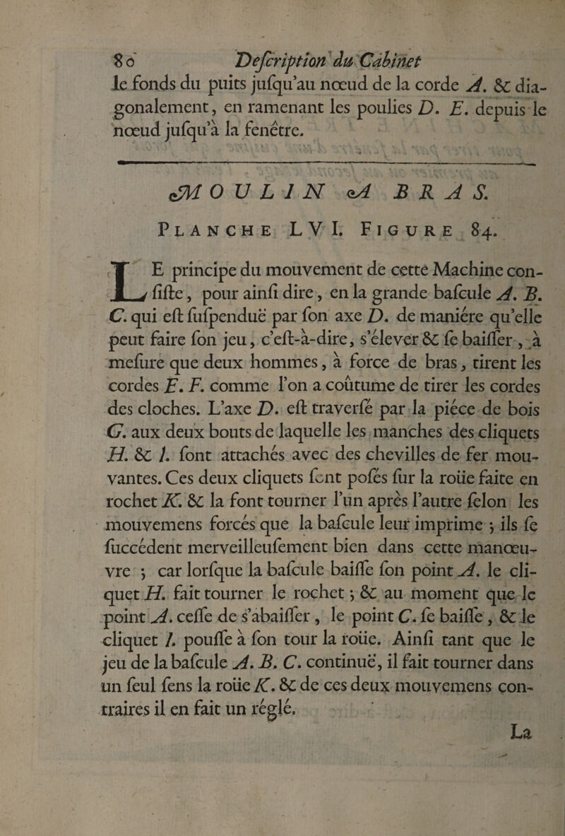 8 o Defcription du Cabinet Je. fonds du puits jufqu’au nœud de la corde À. &C dia- gonalement, en ramenant les poulies D. E. depuis le nœud jufqu à la fenêtre. BOULIN BRAS. Planche LVI. Figure 84. LE principe du mouvement de cette Machine con¬ fiée , pour ainfî dire, en la grande bafcule A. B. C. qui eft fufpenduë par fon axe D. de manière qu’elle peut faire fon jeu, c’eft-à-dire, s’élever&C fe baiffer , à mefure que deux hommes, à force de bras, rirent les cordes E. F. comme Ton a coutume de tirer les cordes des cloches. L’axe D. eft traverfé par la pièce de bois G. aux deux bouts de laquelle les manches des cliquets H. 6C 1. font attachés avec des chevilles de fer mou¬ vantes. Ces deux cliquets font pofés fur la roue faite en rochet IC. &C la font tourner l’un après l’autre félon les mouvemens forcés que la bafcule leur imprime $ ils fé fuccédent merveilleufément bien dans cette manœu¬ vre } car lorfque la bafcule baiffe fon point A. le cli¬ quet H. fait tourner le rochet -, &C au moment que le point A. ceffe de s’abaiffer, le point C. fe baiffe , &: Je cliquet /. pouffe à fon tour la roüe. Ainfî tant que le jeu de la bafcule A. B. C. continue, il fait tourner dans un feul fens la roüe K. &C de ces deux mouvemens con¬ traires il en fait un réglé. La