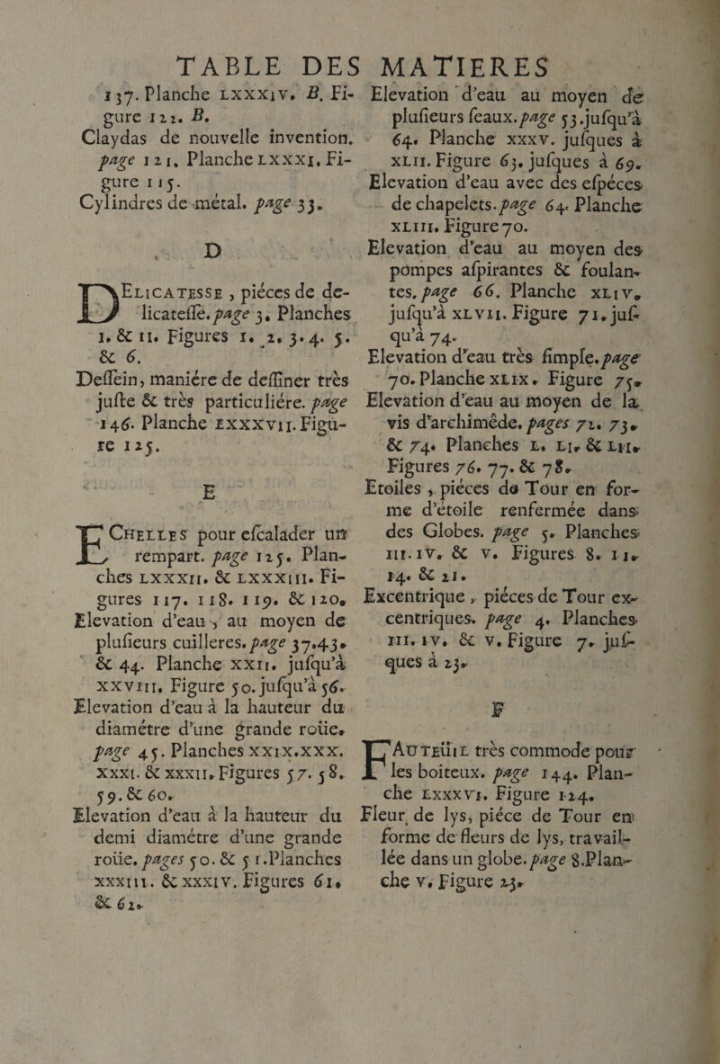 TABLE DES MATIERES 137. Planche lxxxiv. B. Fi¬ gure 11 z. B. Claydas de nouvelle invention, page 121, Planche lxxxi. Fi¬ gure 115. Cylindres de métal. page 33. DElicatesse j pièces de de- licattîfe,page 3. Planches 1.6C11. Figures 1. 2, 3.4. 5. 6c 6. Deflein, manière de defliner très jufte 6c très particulière, page 146. Planche £xxxvii. Figu¬ re 125. E Elévation d'eau au moyen de plufieurs Çcmx.page 53.jufquyà 64. Planche xxxv. jufques à xlii. Figure 65. jufques à 69. Elévation d’eau avec des efpéces de chapelets./^ 64 Planche xl ni. Figure 70. Elévation d’eau au moyen des pompes afpirantes 6c foulan- tes. page 66. Planche xliv* j ufqu’à xl v 11. Figure 71 * j u£ qu’à 74. Elévation d’eau très ûmple*page 70. Planche xLiXr Figure 75» Elévation d’eau au moyen de la, vis drarehimêde. pages 71. 73» 6c 74* Planches l. lu 6c lu» Figures 76* 77. 6c 7S, Etoiles , pièces de Tour en for- EChelles pour efcalader uîî rempart, page 115. Plan¬ ches lxxxii. 6c lxxxiii. Fi¬ gures 117. 118» 119. 6c 120, Elévation d’eau , au moyen de pluiîeurs cuillères./^ 37.43* 6c 44. Planche xxh. jufqu’à xxviii. Figure 50. jufqu’à 56. Elévation d’eau à la hauteur du diamètre d’une grande roiie* page 45. Planches xxix.xxx. xxxi. 6c xxxii» Figures 5 7.3 8„ 59.6c 60. Elévation d’eau à la hauteur du demi diamètre d’une grande roile. pages 5o. 6c 5 r.Planches xxx ni. 6c xxxi v. Figures 61• 6c 62* me d’étoile renfermée dans; des Globes, page 5. Planches ni. iv. 6c v. Figures 8. 1 j» 14* 6c 21 • Excentrique , pièces de Tour ex¬ centriques. page 4. Planches* ni. iv. 6c v. Figure 7» juf¬ ques à 23» F FAü teüil très commode pour les boiteux, page 144. plan¬ che lxxxvi. Figure 1-24. Fleur de lys, pièce de Tour en> forme de fleurs de lys, travail¬ lée dans un globe.page S.Plan*- che v. Figure 2.3»