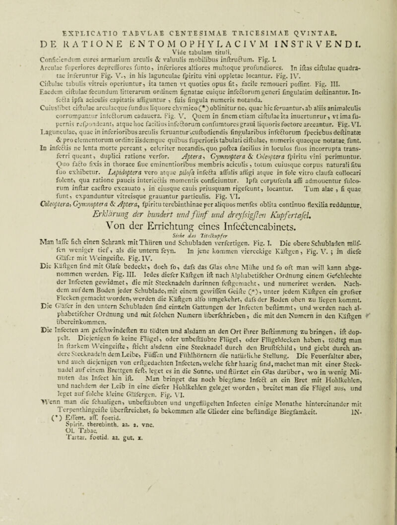 DE RATIONE E N T O M O P PI Y L A C I V M I N ST R V E N D I. V'ide tabulam tituli. Conficiendum cures armarium arculis Ä: valuulis mobilibus inftruEium. Fig. I. Arculae fupcriorcs dcprclliorcs funto, inferiores altiores multoque profundiores. Tn iftas ciftulae quadra¬ tae inferuntur Fig. V., in his lagunculae fpiritu vini oppletae locantur. Fig. IV. Cifiulae tabulis vitreis operiuntur, ita tamen vt quoties opus fit, facile remoneri polTint. Fig. III. Eaedem cilhilac fecundum litterarum ordinem fignatae cuique infectorum generi fingulatim deftinantur. In- fcfta ipfa aciculis capitatis affiguntur , fuis fingula numeris notanda. Cuiuslibet ciftulae arculaeque fundus liquore chvmico oblinitur ne, quae hic femantur, ab aliis animalculis corrumpantur inleftorum cadauera. Fig. V. Quem in finem etiam ciftulae ita inuertunrur, vtimafu- pernis refpondcant, atque hoc facilius infectorum confuratores grani liquoris foetore arceantur. Fig. V’’!. Lagunculae, quae in inferioribus arculis feruantur',cuftodiendis fingularibus infeftorum fpeciebus deftinataj &■ pro elementorum ordine iisdemque quibus fuperioris tabulati dftulae, numeris quaeque notatae funt. In infectis ne lenta morte pereant, celeriter necandis, quo poftea facilius in loculos fuos incorrupta trans¬ ferri queant, duplici ratione verfor. Apttra-> ßymnopter a 6)^ Coleopter a x\r\\ perimuntur. Quo facto fixis in thorace fine eminentloribus membris aciculis, totum cuiusque corpus naturali fitu fuo exhibetur. Lepidoptera vero atque pilofa infefta affulis affigi atque in fole vitro claufa collocari folent, qua ratione paucis interiectis momentis conficiuntur. Ipfa corpufcula alii admoucntur fulco- rum inftar caeftro excauato , in eiusque canis priusquam rigefeunt, locantur. Tum alae , fi quae funt, expanduntur vutreisque grauantur particulis. Fig. VI. Coleopter at Gymnopter a ^ Apter fpiritu terebinthinae per aliquos menfes oblita continuo flexilia redduntur. Erklärung der hundert tmd fünf und dreyfstgßen KiipfertofeU Von der Errichtung eines InfedlenCcftbinets. Siehe das Titdkupfer Man lafTe fich einen Schrank mitThUren und Schubladen verfertigen. Fig. T. Die obere Schubladen muf¬ fen weniger tief, als die imteni feyn. In jene kommen viereckige Kaftgcn, Fig. V. ; in diefe Gläfcr mit VVeingeifte. Fig. IV. Die Käftgen find mit Glafe bedeckt, doch fo, dafs das Glas ohne Muhe und fo oft man will kann abge¬ nommen werden. Fig. III. ledes diefer Käftgen ift nach Alphabetifcher Ordnung einem Gefchlcchte der Infecten gewidmet, die mit Stecknadeln darinnen feftgemacht, und numeriret werden. Nach¬ dem auf dem Bexden jeder Schublade, mit einem gewiffen Geifte (*), unter jedem Käftgen ein grofser Flecken gemacht worden, werden die Käftgen alfo umgekehrt, dafs der Boden oben zu liegen kommt. Die Gläfer in den untern Schubladen find einzeln Gattungen der Infecten beftimmt, und werden nach al¬ phabetifcher Ordnung und mit folchen Numern übcrfchrieben, die mit den Numern in den Käftgen ^ übereinkomm.en. Die Infecten am gefchwindeften zu todten und alsdann an den Ort ihrer Beftimmung zu bringen, ift dop¬ pelt. Diejenigen fo keine Flügel, oder unbeftäubte Flügel, oder Flügeldecken haben, tüdtejt man in ftarkem VVeingeifte, fticht alsdenn eine Stecknadel durch den Bruftfehild, und giebt durch an¬ dere Stecknadeln dem Leibe, Fülfen und Fühlhörnern die natürliche Stellung. Die Feuerfalter aber, und auch diejenigen von erftgedachten Infecten, welche fehr haarig find, machet man mit einer Steck¬ nadel auf einem Brettgen feft, leget es in die Sonne, undftlirzet ein Glas darüber, wo in wenig Mi¬ nuten das Infect hin ift. Man bringet das noch biegläme IrdcSt an ein Bret mit Hohlkehlen, und nachdem der Leib in eine diefer Hohlkehlen geleget worden , breitet man die Flügel aus, und leget auf folche kleine Gläfergcn. Fig. \'I. >Vcnn man die fchaaligen, unbeftäubten und ungeflügelten Infecten einige Monathe hintereinander mit 1 erpenthingeiftc iiberftreichet, fo bekommen alle Glieder eine beftändige Biegfamkeit. IN- (’) EiTerrt. aff. foetid. Spint. therebinth. aa. a. vnc. Ol. Tabac. Tartar, foetid. aa. gut, x.