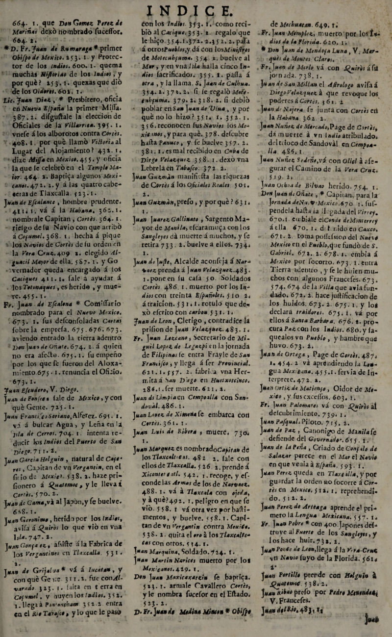 664- i., que Do» Gómez Perez 4c Marinas dexó nombrado fucefl'or. 664- 2» * D. Fr. fuán de Ru maruga * primer Obifpo de México. 253. I y Protec¬ tor de los indios. 600. 1. quema muchas Hifi orlas de los Indios, y por qué ? 253.1. quexas que dio de los Oidores. 601. 1. Lie. Juan Diaz , * Presbítero, oficia en Nueva El pana la primer Mifla. 387.2. difguftale la elección de Oficiales de la Villamcu. 395* 1 ♦ vnefe á los alborotos contra cortes. 408. t. por qué llamo ViBoñ* al Lugar del Alojamiento? 432. t* dizc Mijf* en México. 45 5. y oficia la que le celebro en el Temple Ma- ior. 4*4 2. baptiza algunos Mexi- canos.4.71. i.y á las quatrocabe- •eras de Tiaxcalla. y 2.3.1 - Juande Efe alante , hombre prudente. 4IU t. vá á la Habana. 361,1. nómbrale Capitán , Cortés. 364.1. ricigodeíu Navio con que arribo iCofumel. 368. 1. hecha á pique los Naxdos de Cortes de lu orden en la Vera Cruz. 409 2. elegido Al¬ guacil Mayor de ella. 58?. 1. y Go vernador queda encargado á loS Caciques 411.1. (ale á ayudar i los Totonaques, es herid© , y mue¬ re. 45 5- i» Fr. Juan di Efcalena * ComiíTario nombrado para el Nuevo México. 673. i. Tus deíconfoladas Cartas fobrela emprefa. 675.676. 673. aviendo entrado la tierra adentro Don ]ua* de Orlate. 674. 2.á quien no era afeito. 675.1. fu empeño por los que fe fueron del Aloxa- miento.óyj -1. renuncia el Oficio. 673.1. Juan Efeudero, V. Diego. Juan de Ponftc* íale de México, y cotí qué Gente. 725. 1. Juan francifioSeriano,Alférez. 691. l. v;í á bulcar Agua, y Leña en ¡a isla de Cerros. 704. 1. intenta re¬ ducir los Indios del Puerto de San Diego. 7 I I • 2. luán García Holguin , natural de Caft« res, Capitán de vn Verganti», en el fino de Mexic>. 5 3S. 2. haze pri- fionero á Quattmoc, y le lleva» Cortes. 570. 2. Juan de Cama,Vi al japón,y fe buelve. 6^8. i . Juan Gerónimo , herido por los IrJics, avifa á Qiiir'os lo que vio en vna Jsla. 747* *• ]uan Gorifa ez, afsifte ala Fabrica de los Vergantines en Tiaxcalla. 5 3 I . ». „ Juan de GrijaÍJa* vá a lucatan , y J con que Ge tte 311.2. fue con Ai- varado 325. t. íalta en t erra en Cof’emel, V tlUyín los Indios. 3 S 2. 1. llega á Pin'onthant 3^2.2 entra en el su o Ta') afeo, y lo que le paso I N D I C E. con los Indios. 353. i. comorecí- bió al Cacique. 3 5 3. *. regalo que le hi^o.354.1.372. 2.35 2. 2. pata á oír oiPueblos,y dá Con losMinifiros de Motecuhfuma. 354 1. buelve al Mar , y en vna Isla halla cinco I»- dios (aerificado*. 355. 1. paila á otra , V la llama. S. ]aun de Culhua. 354.2.371.2. íi íe regaló Mofc- tükfuma. 379. 2. 3 18. z. íi debió • poblar enS*» ]uan de Ulua , y poí qué no lo hizo ? 351. 1.352.1. 3 5 6. reconocen ÍUS Navios ios Me-* xic mos, y para qué. 378. defeubre hafta Panuco , y fe buelve 357. 2. 381.1. es mal recibido en Cuba de Diego Veiazquez 358. I. dexó Vna Lebrelaeil Tabafco 372 2. ]ua» Guzmdn manifiefta las riquezas de Cortés á los Oficiales Reales 5 O í. 2. Juan Guzmdn, preíb, y por qué ?63i, i . Juan \uarezGallinato , Sargento Ma¬ yor de Manila> eícaramuqa con los Sangleyes dá muerte á muchos, y fe retira 733. 2. buelve a ellos. 734* 1. Juan de Jutfe, Alcalde aconfi ja á 2/afí prenda á ]»*» Velazquez.483. 1. pone en (u cala 50 Soldados Cortes 486. 1. muerto por los I»- dioscon treinta Efpañeles. 5 1 o 2. á traición. 531*1. rotulo que de* xó eferito Con carbón j 3 1. 1. Juan de León, Clérigo , contrad ice la priíion de Juart Velazquez. 483. 1. Fr. ]an Ltzcano , Secretario de Af*- guil López de Ltgatpi en la jornada de filipinas fe entra Frayle de San Frantifco , y llega á fer Provincial. 621.1.557. 2- fabrica vna Her¬ ir, itaá San 1Y ego en Huetxotcinco. i8í.t .fer muerte. 611, i. Juan ds Limpia Ci\ Cempoalla Con S*«- dovdl. 486. 1. Juan Looez de Xitneda fe embarca COtl Cortés. 361. I. Juan Luis do Ribera j muere. 730. i. Jo*» Márquez es nombradoC^/Vat» de \os Tlaxcaltecas. 482 2. fa|c cotí ellos de Tiaxcalla. 5 26 2. prende tí Xicontet oxtl. 542, 1. recoge, y ef- conde las Armas de ios de Narliaet. 488. I. va á Tlaxcala Con ojeda, y aqué?492. 1. peligro en que fe vio. 558.1 vá otra vez por baftl- rvientos, y buelve. 558.1. Capí- tan de vn Vgrgatitln contra Mexiío. 538. 1. quita el oro á los Tlaxcalte- tas con otros. 5 54.1. ]uan Marquina, Soldado. 724. t. jUan Martin Narices muerto por Io« Mexicanos. 4I9. I. T>on juan Maxicaxatzi» íe baprica. 523. t. arniale Cavallero Cortés, y le nombra fucefor en el Eftado. 523.2. p. Fr. Juan de Medina Mineo» * Obifpo de Mechuacan. 649, f. fr. ]u*n Memplez, muerto pot losí*- dios de la Florida. 6 20. 1. * Don ]u*n de Mendopa Luna , V. Mar- ques de Montes Claros. Fr.fiuan de Merlo vá con J^«/>«íáfU jomada. 738. 1. Juan de San Milla» el ASrotogo avifa á Diego Velazquez & que revoque los poderes á Cortés. 561.2 Juan dr Nijera fa junta con Cortes eri la Habana 362 2. ]uan Nuñtz de Morcado,]?¿ge de Cortés, da ¡nuerte a vn indio atribulado, del tí loco de Sandovál cnCempoa- lla 4S6. I. Juan Nuñez Sedeñ*,ví con Olicl á ífe- gurar el Camino de la Vera Cruz. 519. 2* Juan üiha de B¡lv*o herido. 754, 1. líen Juan dt Orlate , * Capitán, para la Jornada deNu. V M.xico.670 1. fuf- pendela hafta ia ¡legada del Virrey. 670.1 eu biale ciConUe deMonterrey átlla 67o. 1. d t nido eu Cuxco. 671 • 2, toma poííefston del Nuexc México en el Pueblo,cfdtc fundó de S. Gabriel. 671. 2. 678. j. embia á México por íocorro. 673. 1. entra Tierra adentro , y fe le bulen mu¬ chos Con algunos Fraucefes. 673. 5 74» 674 óe la Villa que avía fun¬ dado. 672. 2. hace jurt/fícacion de los huidos. 673. 2. 675. i. y lo» declara traidores. 675. 1. vá por ellos a Santa Barbar a. 676. t. pro¬ cura Paz con los Indios. 680. y la¬ quéalos vn Pueblo, yhambrequó huvo. 673. 2* Juan de Ortega , Page de Cortés. 4.874 1. 454. 2 vá aprendiendo Le»-. gua Mexicana. 45 5.1. íérvia de In- Juan Ortiz de Matienpo , Oidor de Mo- xieo , y fus excedes. 603. j. Fr. j «4» Palomares vá con J^uiros al deícubrímíemo. 739. x. Juan PafquaL Piloto. 715. 2. Juan de Paz t Canónigo de Manila fe defiende del Governado'. 655. i . Juan de la Peña , Criado de Confilo dé Salazar parece en el Mar el Navic en que veniaáEfpaña. 593 . i. Juan Perez queda en Tiaxcalla, y por guardar la orden no íocorre á Cor- tés en México,} 11, 1. reprehendi¬ do. 51 2. 2. Juan Perez de Arteaga aprende el pri¬ mero la Lengua Mexicana. 557. 1, Fr. Juan pobre * con 4oo.Japones deí- truye al Fuerte de los Sanglejts, y los hace huir. 73*, 2. JH4nPo>.te de Leo»,llega á la Kta Crut vn Navio (uyo de la Florida. $6i< 1* Juan Portillo prende con iíolguin i jQuatomoc 538.2. Juan Rtkao prefo por Pedro Mt»t»dc4i V. Fra«cefes. Juan dtl&¡v»4;%y *1 JO*