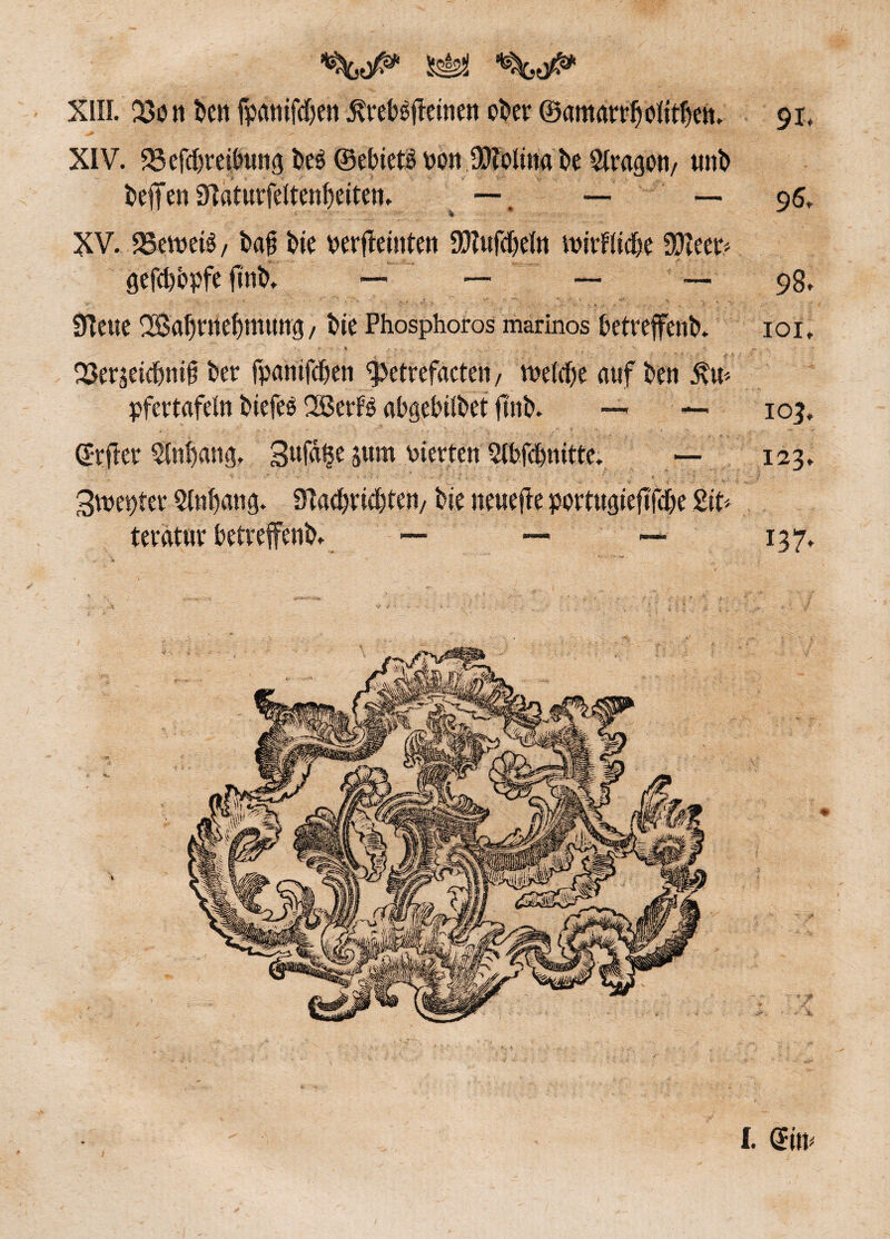 XIII. 23o n ben fpanifdjen $reb$geinen ober ©amarrgotftljett. 91. XIV. 95erd>rei^wn<j be$©ebietSbonDJMnabe3(ragott/ unb beffen Sttaturfettengeiten. —, — — 96. XV. 25etbet$, tag bte verfleiuten 90?ufd)efa nutHtcbe ffltn? gefcbbpfe finb. — — — — 98» 91eue SBaljntegmung, bie Phosphoros marinos betreffend ioi. - , *■ > fr T. * S. \ .v OSerjetcbnig ber fpantfdjen ^etrefacten/ tuetcbe auf ben pfertafeln tiefet 2BetB abgebitbet find — —> 103. ©rger Zugang, 3uf% sttm vierten 2(bfcbmtte. — 123, 3tt>epter Qlnffang. 91ad)ri(bten/ bte neuege portugiegfdbe 2it> teratur betreffend — — — 137. I. (Sin*