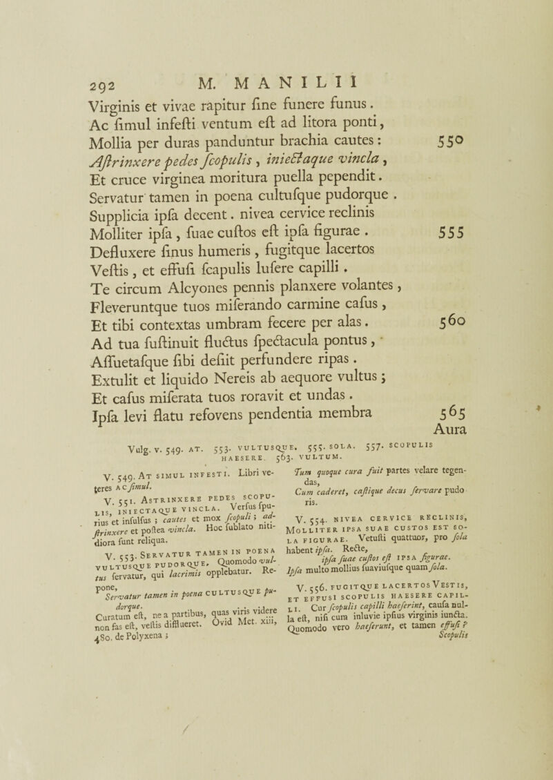 Virginis et vivae rapitur fine funere funus. Ac fimul infefti ventum eft ad litora ponti, Mollia per duras panduntur brachia cautes: 55° AJlrinxere pedes /copulis , inieSiaque vincla , Et cruce virginea moritura puella pependit. Servatur tamen in poena cultufque pudorque . Supplicia ipfa decent. nivea cervice reclinis Molliter ipfa , fuae cuftos eft ipfa figurae . 555 Defluxere finus humeris, fugitque lacertos Veftis, et effufi fcapulis lufere capilli . Te circum Alcyones pennis planxere volantes, Fleveruntque tuos miferando carmine cafus, Et tibi contextas umbram fecere per alas. 560 Ad tua fuftinuit fludtus fpedlacula pontus, Afluetafque fibi defiit perfundere ripas. Extulit et liquido Nereis ab aequore vultus; Et cafus miferata tuos roravit et undas . Ipfa levi flatu refovens pendentia membra 565 Aura Vulg. V. C49. AT. 553. VULTUSQUE. 555. SOLA. 557. SCOPULIS HAESERE. 563. VULTUM. * y. 549. At simul infesti. Libri ve¬ teres ac fimul. V. 5c 1. Astrinxere pedes scopu¬ lis, INIECTAQUE VINCLA. Verfus fpU- rius et infulfus ; cautes et mox fcopuh ; ad- firinxere et poftea vincla. Hoc Tublato niti¬ diora funt reliqua. V cci. Servatur tamen in poena VULTUSQUE PUDORQUE. Quomodo W- tus fervatur, qui lacrimis opplebatur. R Servatur tamen in poena cultusque pu- Curatum eft, ne a partibus, q^s vins videre non fas eft, veftis difflueret. Ovid Met. xui, 4S0. de Polyxena ; Tum quoque cura fuit partes velare tegen¬ das. Cum caderet, cafique decus fervar e pudo ris. V. 534. NIVEA CERVICE RECLINIS, Molliter ipsa suae custos est so¬ la figurae. Vetufti quattuor, pro fola habent ipfa. Rette, ipfa fuae cuftos eft ipsa figurae. Ipfa multo mollius fuaviufque quam fola. V. 556. fugitque lacertos Vestis, et EFFUSI SCOPULIS HAESERE CAPIL¬ LI Cur fcopulis capilli haeferint, caufa nul¬ la eft nifi cura inluvie ipfius virginis iunda. Quomodo vero baeferunt, et tamen effufi ? Scopulis
