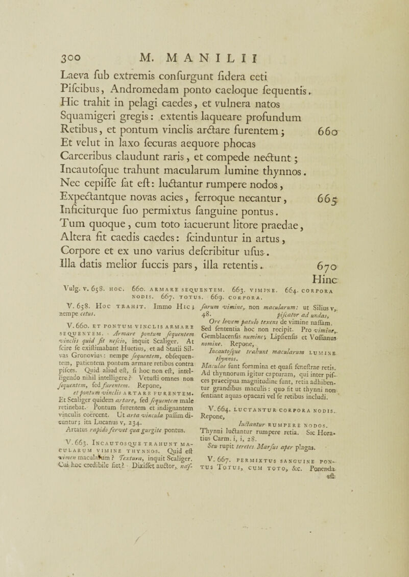 Laeva fub extremis confurgunt fidera ceti Pifcibus, Andromedam ponto caeloque fequ entis Hic trahit in pelagi caedes, et vulnera natos Squamigeri gregis: extentis laqueare profundum Retibus, et pontum vinclis ardtare furentem; Et velut in laxo fecuras aequore phocas Carceribus claudunt raris, et compede ne&unt; Incautofque trahunt macularum lumine thynnos. Nec cepilTe fat eft: luctantur rumpere nodos, Expeclantque novas acies, ferroque necantur, Inficiturque fuo permixtus fanguine pontus. Tum quoque, cum toto iacuerunt litore praedae, Altera fit caedis caedes: fcinduntur in artus, Corpore et ex uno varius defcribitur ufus. Illa datis melior fuccis pars, illa retentis. 660 670 Hinc Vulg. V. 65 S. HOC. 660. ARMARE SEQUENTEM. 663. V I M PN E . 664. CORPORA NODIS. 667. TOTUS. 669. CORPORA. V. 658. Hoc trahit. Immo Hic; nempe cetus. V. 660. ET PONTUM VINCLIS ARMARE S E QJJ ente m . ■ Armare pontum Jequentem 'vinclis quid. Jit nefcio, inquit Scaliger. At fcire fe exiftimabant Huetius, et ad Statii Sil¬ vas Gronovius: nempe Jequentem, obfequen- tem, patientem pontum armare retibus contra pilees. Quid aliud eft, fi hoc non eft, intel- ligendo nihil intelligere ? Vetufti omnes non Jequentem, fed furentem. Repone, et pontum vinclis artare furentem. Et Scaliger quidem artare, fed Jequentem male retinebat. Pontum furentem et indignantem vinculis coercent. Ut arta vincula paiTun di¬ cuntur; ita Lucanus v, 234. Artatus rapido fervet qua gurgite pontus. V.663. InCAUTOSCVUE TRAHUNT MA¬ CULARUM VIMINE THYNNOS. Quid eft vimen maculaikim ? Textura, inquit Scaliger. Cui Lqc credibile fiet? ■ Dixiffetauctor,, naf- fa.rum vimine, non macularum: ut Silius v,. 48- pifcator ad undas. Ore levem patulo texens de vimine naflam. Sed fententia hoc non recipit. Pro vimine, Gemblacenfis numine', Lipfienfis et Vofiianus nomine. Repone, Incautofque trahunt macularum lumine thynnos. Maculae funt foramina et quafi feneftrae retis. Ad thynnorum igitur capturam, qui inter pif- ces praecipua magnitudine funt, retia adhiben¬ tur grandibus maculis: quo iit ut thynni non fentiant aquas opacari vel fe retibus includi. V. 664. LUCTANTUR CORPORA NODIS. Repone, luciantur rumpere nodos. Thynni lu&antur rumpere retia. Sic Hora¬ tius Carm. i, i, 28. Seu rupit teretes Marfus aper plagas. V. 667. PERMIXTUS SANGUINE PON¬ TUS Iq tus, cum toto, &c. Ponenda «&