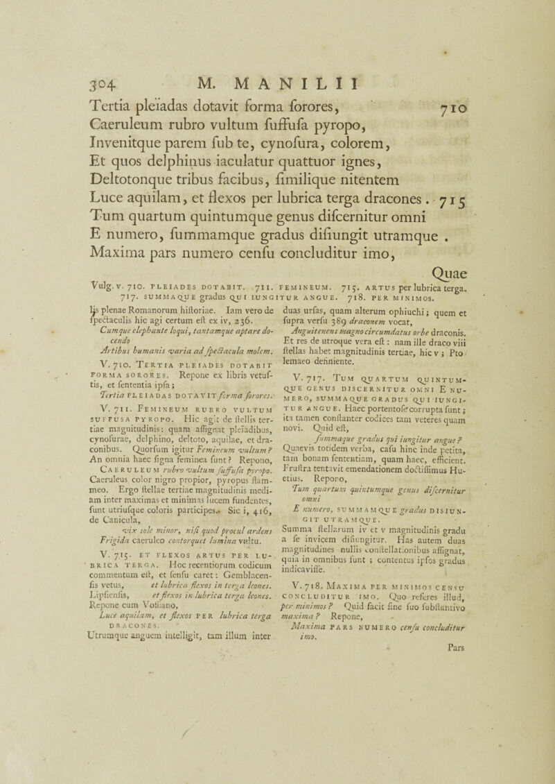 Tertia pleiadas dotavit forma forores, 710 Caeruleum rubro vultum fuffufa pyropo, Invenitque parem fubte, cynofura, colorem, Et quos delphinus iaculatur quattuor ignes, Deltotonque tribus facibus, fimilique nitentem Luce aquilam, et flexos per lubrica terga dracones . 715 Tum quartum quintumque genus difcernitur omni E numero, fummamque gradus diflungit utramque . Maxima pars numero cenfu Vulg.v. 710. PLEIADES DOTABIT. 7II. 717. summa que gradus QUI IU N G lis plenae Romanorum hifloriae. Iam vero de Ipedlaculis hic agi certum elt ex iv, 236. Cumque elephatite loqui, tantamque aptare do¬ cendo Artibus humanis varia ad /pediacula molc?n. V. 710. Tertia plf.iades dotabit forma sorores. Repone ex libris vetuf- tis, et fententia ipfa ; Tertia pleiadas dotavit forma foror es. V. 711. Femineum rubro vultum suffusa pyropo. Hic agit de tlellis ter¬ tiae magnitudinis: quam affignat pleiadibus, cynofurae, delphino, deltoto, aquilae, et dra¬ conibus. Quorfum igitur Femineum vultum? An omnia haec figna feminea funt ? Repono, Caeruleum rubro vultum fuffufa pyropo. Caeruleus color nigro propior, pyropus flam¬ meo. Ergo ftellae tertiae magnitudinis medi¬ am inter maximas et minimas lucem fundentes, funt utriufque coloris participes.. Sic i, 416, de Canicula, vix sole minor, nifi quod procul ardens Frigida caeruleo contorquet lumina vultu. V. 715. ET FLEXOS ARTUS TER LU¬ BRICA terga. Hoc recentiorum codicum commentum eit, et fenfu caret: Gemblacen- fis vetus, et lubrica flexos in terga leones. Lipfienfis, et flexos in lubrica terga Icones. Repone cum Voiiiano, Luce aquilam, et flexos per lubrica terga DRACONES. Utrumque anguem intelligit, tam illum inter concluditur imo, Quae femineum. 713. artus per lubrica terga. TUR ANGUE. 718. PER MINIMOS. duas urfas, quam alterum ophiuchi; quem et fupra verfu 389 draconem vocat, Anguitenens magno circumdatus orbe draconis. Et res de utroque vera eft : nam ille draco viii lfellas habet magnitudinis tertiae, hic v ; Pto • lemaeo definiente. V. 717. Tum quartum quintum¬ que GENUS DISCERNITUR OMNI E NU¬ MERO, SUMMA QU E GRADUS QU I JUNGI¬ TUR angue. Haec portentofe corrupta funt i ita tamen conilanter codices tam veteres quam novi. Quid 'efl, _ fummaque gradus qui iungitur angue? Quaevis totidem verba, cafu hinc inde petita, tam bonam fententiam, quam haec, efficient. Frufira tentavit emendationem doftiffimus Hu- etius. Repono, Tum quartum quintumque genus difcernitur omni E numero, s u m m amque gradus 0 I s 1 u n - git utram qu e . Summa llellarum iv et v magnitudinis gradu a fe invicem difiungitur. Has autem duas magnitudines nullis «.onitellat.onibus affignat, quia in omnibus funt ; contentus ipfos gradus indica vifle. V. 7 I 8. MaX I m a PER MINIMOS CENSU concluditur imo. Quo refe.res illud, per minimos ? Quid facit fine fuo lubllantivo maxima ? Repone, Maxima pars numero cenfu concluditur imo. Pars