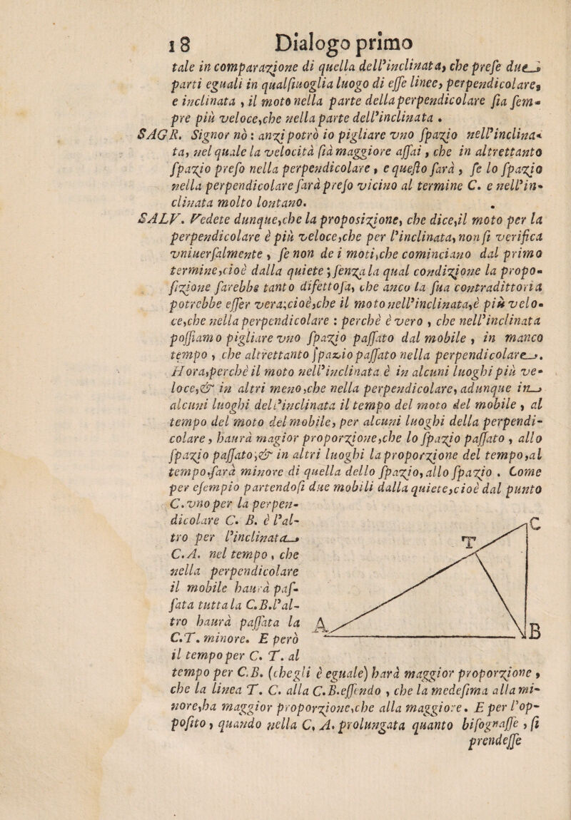 tale in comparatone di quella dell*inclinata) cheprefe dutA parti eguali in qualftuoglia luogo di effe linee, perpendicolare9 e inclinata , il moto nella parte della perpendicolare fia ferri » pre piu veloce,che nella parte dell*inclinata • SAGR. Signor nò : augi potrò io pigliare vno fpagio nell* inclina* ta, nel quale la 'velocità fià maggiore affai, che in altrettanto fpagio prefo nella perpendicolare 9 equefìo farà , fe lo fpagio nella perpendicolare farà prefo vicino al termine C. e nell*in* cimata molto lontano. SALVI Vedete dunque,che la proposigione, che dicevi moto per la perpendicolare è più veloce,che per l*inclinata,nonft verifica vniuerfalmente , fe non de i moti^che cominciano dal primo termine,cioè dalla quiete*, jenga la qual condizione la propo« figione farebbe tanto difetto fa, vhe anco la fua contradittoria potrebbe effer veranda è,eh e il moto nell*inclinata,è più velo» cecche nella perpendicolare : perchè è vero , che nell*inclinata poffiamo pigliare vno fpagio paffuto dal mobile , in manco tempo , che altrettanto Jpaz,io paffuto nella perpendicolare. H ora,perchè il moto nell* inclinata è in alcuni luoghi piu ve* loce,& in altri meno,che nella perpendicolare, adunque ìtl^> alcuni luoghi deh*inclinata il tempo del moto del mobile , al tempo del moto del mobile, per alcuni luoghi della perpendi¬ colare , haurà magior proporzione,che lo fpagio paffuto , allo fpagio paffuto ,& in altri luoghi laproporgione del tempo,al tempo,farà minore di quella dello fpagio, allo fpagio . Come per efempio partendofi due mobili dalla quiete,cioè dal punto C* vno per la perpen- dicolare C. B. è l*al¬ tro per l*inclinai et-» C.A, nel tempo , che nella perpendicolare il mobile haurà paf¬ futa tuttala C»B.l*al¬ tro haurà paffuta la C.T. minore• E però il tempo per C. T. al tempo per C.B» (theg'i è eguale) bara maggior proporgione ? che la Linea T. C. alla C»B.ejf ndo , che la medefima allami- nore,ha maggior proporgione, eh e alla maggiore• Eperhop- pofito, quando nella C♦ A* prolungata quanto bifognuffe , fi prendeffe