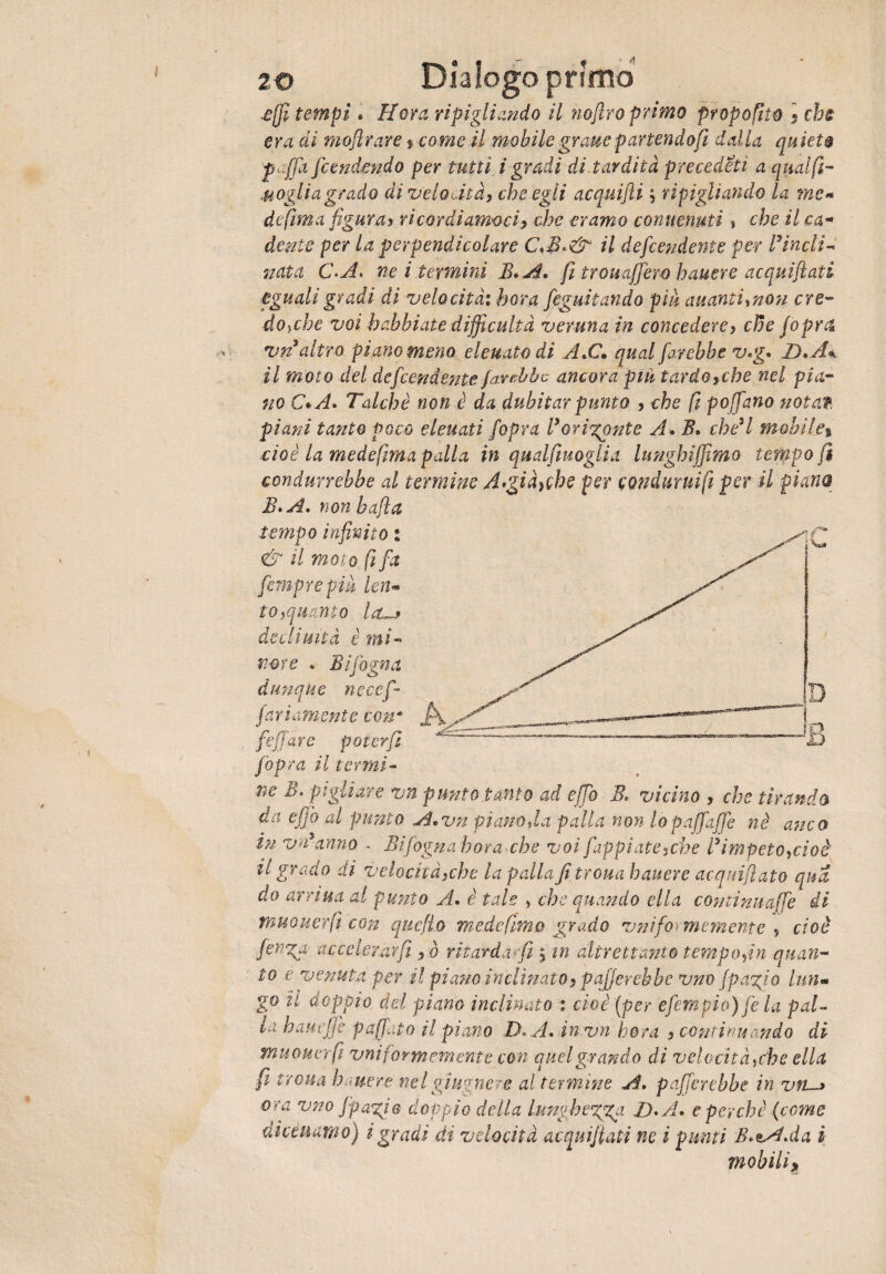 .ejji tempi . Hora ripigliando il noflro primo propo fitti \ chs era di moflrare * come il mobilegrauepartendofi dalla quieto faffa [tendendo per tutti i gradi di tardità precedati a qual fi- Mogli a grado di velocità) che egli acquifli j ripigliando la ine* defìma figura, ricordiamoci, che eramo conuenuti » che il ca¬ dente per la perpendicolare C*B>& il defeendente per Pincli¬ nata C-A. ne i termini B*A, fi trouaffero hauere acquiflati eguali gradi di velocitai hora feguitando piu alianti,non ere- dolche voi habbiate difficultà veruna in concedere> che [opra vn*altro piano meno elettalo di A.C. qual farebbe v*g. D.A* il moto del defeendente farebbe ancora piu tardo, che nel pia¬ no C* A. Talché non è da dubitar punto , che fi pojfano notat. piani tanto poco eleuati [opra Vorinante A. B. che’l mobiles cioè la mede fma palla in qualfiuoglia Innghijfimo tempo fi condurrebbe al termine A'giàyche per sondami fi per il piana B.A. non baffi tempo infinito i & il moto fi fa femprepiu len¬ to,quanto laLs deeliuità è mi¬ nore . Bifogna dunque necef- fari amente con* feffare poter fi fiopra il termi¬ ne B. pigliare vn punto tanto ad effo B. vicino , che tirando da effo al punto A, vn piano da palla non lopaffaffe nè anco in va* anno . Bi fogna bora che voi fappiate,che Vimpeto,cioè il grado di velocità,che la palla fi troua hauere acquiflato qua do ardua al punto A. è tale , che quando ella continuaffe di muouerfi con quello mede fimo grado vnifo^memente , cioè [entra accelerar fi ,ò ritardaci $ in altrettanto tempo,in quan¬ to e venuta per il piano inclinato, pafferebbe vno fpagio lun» go il doppio del piano inclinato : cioè (per e [empio) fe la pal¬ la hautjje paffuto il piano D« A. in vn bora , continuando di muouerfi vnì formerei ente con quelgrandò di velocità,che ella fi troua hauere nelgjugnere al termine A. pafferebbe in vn ora vno [pagi& doppio della hmghegga D. A. e perchè (come dicéuamo) igradi di velocità acquiflati ne i punti B.sÀ.da ì mobili,