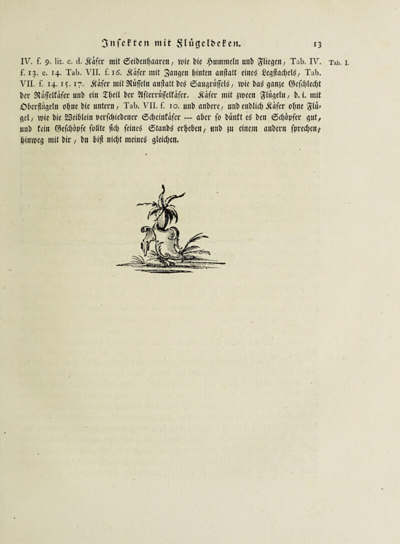 IV. f. 9. lit. c. d. $dfer mit 6eibenbaarett, wie ine fummeln uttb fliegen, Tab. IV. t^. 1. £ 13. e. 14. Tab. VII. £ 16. $dfcr mit Sangen hinten anjtatt eines SegflacbclS, Tab. VII. £ 14. if. 17. $dfcr mit S^üffelit anffattbcS @augruiTelS, wie ba$ gan$e ©efcblecbt bei* StuiTelfdfer unb ein £beil ber Slfterruffelfdfer. Ädfer mit jmeen glugelu, b. i. mit überflügeln ohne bie untern, Tab. VII. £ 10. uub onbere, uubcnblicb $dfet ebne $ln* gel, wie bie SSeibleiit uerfebiebener 6cbeinfdfer — aber je bünft eS beit 6d)6pfer gut, uub fein ©efdjbpfe follte jtef) feines 6tanbS erbeben, «nb ju einem attbern fpreeben/ hinweg mit bir, bu biff nicht meines gleichen.