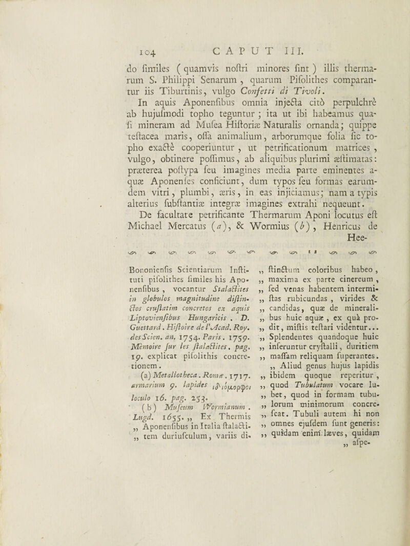 do fimiles ( quamvis noftri minores fint ) illis therma¬ rum S. Philippi Senarum , quarum Pifolithes comparan¬ tur iis Tiburtinis, vulgo Confetti di Tivoli. In aquis Aponenfibus omnia inje6i:a cito perpulchre ab hujufniodi topho teguntur ; ita ut ibi habeamus qua^ fi mineram ad Mufea Hiftoriaj Naturalis ornanda; quippe teftacea maris, offa animalium, arborumque folia fic to¬ pho exa6i:e cooperiuntur , ut petrihcationum matrices , vulgo, obtinere poffimus, ab aliquibus plurimi jsllimatas: praeterea poilypa feu imagines media parte eminentes a- quai Aponenies conficiunt, dum typos feu formas earum- dem vitri, plumbi, anis, in eas injiciamus; nam a typis alterius fubftantix integrs imagines extrahi nequeunt. De facultate petrificante Thermarum Aponi locutus efl Michael Mercatus (^), 3c Wormius (^) , Henricus de Hee- J <«^5^ Bononienfis Scientiarum Infii- tuti pifolithes fimiles his Apo¬ nenfibus , vocantur StalaBites in globulos magnitudine difiin- 6I0S crujlatim coyicretos ex aquis Liptovienftbus Hungaricis . D. Guettard. Hijloire de l'%Acad. Roy. desScien. an. 1754. Paris. IJS?' Memoire fur les JialaBltes, pag. \g. explicat pifolithis concre¬ tionem . (a) Metallotheca. Romie. 1717. armarium g. lapides i^iop.o^<poi loculo 16. pag. 25^. ( b ) Mufeum Wormianum . Lugd. „ Ex Thermis „ Aponenfibus in Italia ftalafti- „ tem duriufculum, variis dh „ ftin6I Lim coloribus habeo , ,, maxima ex parte cinereum , „ fed venas habentem intermi- „ fias rubicundas , virides & „ candidas, qus de minerali- „ bus huic aquas , ex quk pro- „ dir, miftis teftari videntur... „ Splendentes quandoque huic „ inferuntur cryftalli, duritiem ,, mafifam reliquam fuperantes. ,, Aliud genus hujus lapidis „ ibidem quoque repetitur , ,, quod Tubulatum vocare lu- „ bet, quod in formam tubu- „ lorum minimorum concre- „ fcat. Tubuli autem hi non „ omnes ejufdem funt generis: ,, quidam enim Isves, quidam afpe- j)