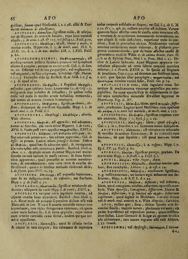 gnificat, fimum apud Diofcorid. /. i. c. 98. alibi Sc Ero- tianus Xbn7mr«a «< ciQohvtws. apopedaO) , fignificat exilio, & ufurpa- tur ab Hippocr. de articuiis luxatis , eque loco naturali elapfis, 3. deartic. m8. & 1 x 5. velfett.f.t.x. Foef.p.79. apopheugo, Xbntyivya , id elt, liberor a malo, e morbo evado. Hippccrat. /. 1. de morh. mul. XLI. 8. XLII. 12. L. 2.1. de nat. mulier. Lll. 1. LXXI. Foefi р. 8<?. APOPHLEGMAT1SMUS, Ibnlfiteyfwnryjs > eft medicamentum pollens faculta'e pituitam vel lympham eliciendi e capite , perque os excernendi. Gal. 6. de San. tu. 10. Offertur vel forma gargarifmi, vel majlicatorii, vel unguenti, redius eclegmatis. Schroder. Offic. Pharm. i, r. c. 3. Formulas vide ap. Rolfink, O. ac Meth. I. 6. f. 4. с. 3. & apud al os. APOPHRADES, 'dbnfytyfos, & fingulari nefandus , quo epitheto A,ndr. Laurentius l.i.de Crif. c.j. indig tavit dies nefaftos Sc infaurtos, in quibus nulla crifis vel mala in morbis acutis lethalibus metuenda , qui tamen ab eventu demum innotefcunt. apophr ASSO) > fignifica* obturo , ob~ Jlrtio, diciturque de mentibus fuppreffis. Hipp. /. 1. de tnorb. mul. I. \ 9. Foefi d. I. APOPHTHORA, XbnQSoya , , abortio. Vide Abortus. APOPHYAS, ibnipvxs J eft appendix , vel adnatum , ramus ac furculus. jL>e venis utitur Hippocr. I. devenis, XVU. 8. Paulo poft vero appellat 7m^»<pvdSds, XXVI.6. apophysis) l<?nQv<n s , eft extranea ollis pars , in- ftax tuberculi prominens, feu adnata appendix, Gal. de Offib. in procem. Latine etiam procejfas dicitur. Differt ab 'Gkupvou; quod hasc fit adnatum quid , Sc contiguuirij ijla veroipfius olfis continuata portio , Barthol. libell.q, Anat. c. 1. Apzphyfes etiam dicuntur Hippocrati excre- fcentias carneas tantum in maffa carnea, & foetu foemi- nino apparentes, quafi proceffiis ac exortus membro¬ rum, & protuberantia-, non vero cense Sc exadae di- ftindiones, quales in foeiibus mafculis obfervari dicit, l. de feptim. parr. VIIT. >2. 23. atofiesma ibn.rii <rf&, eft expreffio humorum, qua: fit ex deligationibus, in vulnere, aut fraduris. Hipp. c. 3. defraft. t. 31. apoplanao, 'bbnvXtuixM, fignifica' errabunde ab¬ ducere \ ufurpavit de venis Hipp. /. de venis, XXVI. 4. apoplecta vocatur vera jugularis interna, ad afperas arterias latus afcendcns. Barthol Anat. libell. 1. c. 6. Hanc male ab antiquis fcporalem didam effe vult Blancard. in Lex Verum G arteris carotidis nomen non improbatur, non video firingentem rationem, ob quam adeo male fadum fit, fi Sc vena apopletla, cujus ramus cum arteriae carotidis ramo icitur, eodem quoque no¬ mine appelletur. APOPLEXIA, , quod fit ablatio fenfus & mQtus in toto corpore, feu vehemens Sc repentina totius corporis refolutio ac ftupor, ex Gal. l.i.de L. 'Ad c.io. & c. 2. aph. 41. nullum amplius eft dubium. Veruna quaenam hujus affedus vera fit cauffa, adeo incertum eft, e veterum Sc recentiorum monumentis determinare, ut, quo aliquis fe velit defledere, reperiatur trabs in om¬ nibus , ficut in ptoverbio dicitur. Nihilominus veritati maxime confentanea nobis videntur, & philiatris pro- pterea commendanda, quae de hujus affedus cauffis Si generatione tradidit Willis tr. de anima Brutor. Part. II. c. 8. ut Sc Sylvius Prax. Med. I. 1. Prax. Med. c. 11. Di¬ citur Sc Latinis Syderatio. Apud Hippocr. apoplexiae vo¬ cabulum aliquando ad certa faltem corporis membra refertur, /. 2. Prorrh. XXIII. 9. In fpecie ad linguam Sc brachium, Coae. t.3 * 9. ad dextrum aut finiftrum latus, t. 47 7. quas fpecies alias paraplegiae, TmytirXvyitK, aut nomine venire folet, Foef. Oec. p. 75». apoplecticas venae, vide Jugulares venae. In¬ terdum Sc medicamenta vocantur apopletlica pro ama- popledica. Ita aquas apopledicae in difpenlatoriis in fpe* cie aqua apopledica mineralis Zwelferi leguntur in Pharmacop. Reg. cl. XV. A p o p n I x I s , idem, quod , fujfo- catio, praefocatio. Legitur apud Mofchion. cum epitheto ftKTfeK, i. e. uteri vel matricis , de morh. mul. c. 127. apopsopheo, , tignificat crepitum ven* tris emittere, H:pp. L 6. Epid.f.3.1.19. APOPSYCHIA, dbn-fvft#, , idem, quod et^v^lei , Gal. c. 3. in 1. Prorrbet. t. zo. fummum animi deliquium. apoptosis, dbnTriuns, eft vinculorum relaxatio & remiflio fecundum Erctianum, Sc it,, coincidit cum ^nXvna, de quo fuperius \ nifi quod 'idmXvns latius fit. apopytizo, Zcrt7rvTi£u , i. e. exfpuo, Hipp. /. 7. Ep.d. XV. 34. Foef. p. 80. aporego, '&np\yu, figmfic2tporrigo, praebeo. De manu ufus Hipp. 1. defraft. t. 4. Foef. d. I. aporia, 'xmz/.u, vide Angor, Alyce, aporrhaides, Isnppcuhs, dicuntur murices acu¬ leati , five conchylia, Aldrov. /. 3. de tejl. e. 14. aporrhipsis, Xxip pa^is, rejc£lionem fignificat-, v. g. veftimentorum, uti laciunt asgri asiluantes aut de-, lirantes, Hipp. 2. de R. V. I. A. t. 44. aporrhoea, Xjnppom , defluxus, vel influxus, idem, quod contagium, rrfiafma, effluvium, apocrifismor» bola. Vide Apocrijis, Contagium, Efftivium. Dicitur Si l-bnjipor!, defluvium, v. g. *>bnpf.ey tu* Tf , defluvium capillorum , quod legitur in Mofchion. remediis Graecis vel de morb. mul. annexis n. 2. Vide Alopecia , Calvitiejv a p o s , redius aptis , un tss , dicitur fpecies avis hi¬ rundini fimilis, majoris tamen, plurimum volantis, ob pedes breviffimos ad rependum potius, quam infiften- dum fados. Licet Germani Sc Belgas ab apodum in cibis ufu abhorreant, non tamen ingratas effe vult Aldrov. U17. Ornith. APOSCEMMAj vel Apofcepjls, »} XancyAt- 4'is>